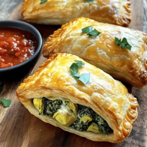 - 1 cup fresh spinach, chopped - 1 cup canned artichoke hearts, drained and chopped - 1/2 cup cream cheese, softened - 1/2 cup grated mozzarella cheese - 1/4 cup grated parmesan cheese You want fresh spinach for its bright taste. Artichoke hearts add a nice, tangy kick. Cream cheese makes the filling rich and creamy. I love using mozzarella for its meltiness. Parmesan brings a salty, nutty flavor. - 1 package puff pastry (2 sheets), thawed - 1 garlic clove, minced - 1 teaspoon lemon juice Puff pastry is key for that flaky crust. Garlic gives the filling a savory aroma. Lemon juice adds brightness, making the flavors pop. - Salt and pepper to taste - 1 egg, beaten (for egg wash) Season your filling with salt and pepper to match your taste. The egg wash helps create a golden, shiny finish. These ingredients come together for a delicious, easy-to-make dish. Check out the Full Recipe for all the details! 1. Preheat Oven and Prepare Baking Sheet First, preheat your oven to 375°F (190°C). This step is important for a crisp crust. While the oven heats up, line a baking sheet with parchment paper. This helps prevent sticking and makes clean-up easy. 2. Mix Filling Ingredients In a mixing bowl, combine the following ingredients: - 1 cup fresh spinach, chopped - 1 cup canned artichoke hearts, drained and chopped - 1/2 cup cream cheese, softened - 1/2 cup grated mozzarella cheese - 1/4 cup grated parmesan cheese - 1 garlic clove, minced - 1 teaspoon lemon juice - Salt and pepper to taste Mix well until you have a creamy filling. Make sure every ingredient is blended nicely. This filling is the star of your hand pies. 1. Roll Out Puff Pastry Lightly flour your workspace to prevent sticking. Roll out each sheet of puff pastry to about 1/8 inch thick. Then, cut each sheet into 4 equal squares. You should have 8 squares total. 2. Fill and Seal the Pies Place about 2 tablespoons of the spinach and artichoke filling in the center of each pastry square. Carefully fold the pastry over to create a triangle shape. Press the edges together to seal. You can use a fork to crimp the edges for a nice touch. 1. Egg Wash for Golden Finish Brush the tops of the hand pies with the beaten egg. This gives them a beautiful golden color when baked. 2. Baking Time and Temperature Place the hand pies on the prepared baking sheet. Bake them in the preheated oven for about 20-25 minutes. They should be golden brown and puffed up. Once baked, allow them to cool for a few minutes before serving. For more details, refer to the Full Recipe. Enjoy making these tasty bites! Avoiding Soggy Bottoms To keep your hand pies crisp, prevent soggy bottoms. Use a baking sheet lined with parchment paper. This helps air flow and keeps the base dry. When you fill the pies, don't let the filling touch the edges. This helps seal them better, keeping moisture inside. Achieving Flakiness in Pastry Flaky pastry makes hand pies special. Make sure your puff pastry is cold when you roll it out. Cold butter in the dough creates those lovely layers. Don’t overwork the dough; less handling keeps it light and fluffy. Decorative Edge Techniques A good edge can make your hand pies pop. Use a fork to crimp the edges. This not only seals them but adds a cute touch. You can also twist the edges for a fancy look. Serving Suggestions Serve your hand pies on a colorful plate. A wooden board makes a great backdrop too. Add a small bowl of marinara sauce or sour cream for dipping. Fresh herbs on top make everything look even better. Overfilling Hand Pies It’s tempting to add lots of filling. But too much can cause leaks. Stick to about 2 tablespoons of filling for each pie. This keeps them sealed and makes them easier to eat. Not Prepping Ingredients Properly Make sure your spinach and artichokes are well-drained. Extra water can make your filling too runny. Take time to chop everything finely. This helps with even cooking and a good bite. For the full recipe, check the main section. {{image_2}} - Using Kale Instead of Spinach: Kale is a great swap. It adds a nice crunch and extra nutrients. Simply chop it finely and use it just like spinach. - Alternative Cheeses for Flavor: Try different cheeses! Cream cheese gives a creamy base, but you can also use goat cheese for tang or feta for a salty kick. - Adding Sun-Dried Tomatoes: Sun-dried tomatoes bring a sweet and tangy flavor. Chop them up and mix them into the filling for a burst of flavor. - Spicing it Up with Red Pepper Flakes: If you like heat, add red pepper flakes. Just a pinch can elevate your hand pies to a new level of tasty. - Gluten-Free Puff Pastry Options: You can find gluten-free puff pastry in stores. It works well and keeps the pie crust flaky and light. - Vegan Alternatives for Cheese: For a vegan option, use cashew cream or vegan cream cheese. They mimic the creaminess without dairy. Feel free to mix and match these ideas to make your Spinach Artichoke Hand Pies your own! You can check the Full Recipe for more details on how to make them. To keep your hand pies fresh, store them in an airtight container. You can also wrap them in plastic wrap. This helps prevent them from drying out. Place the container in the fridge for up to three days. For the ideal storage conditions, keep them in a cool, dry place. Avoid stacking them directly on top of each other to stop them from getting squished. When it comes to reheating, you have two main options: the oven or the microwave. The oven works best for keeping the crust crispy. Preheat your oven to 350°F (175°C) and bake the hand pies for about 10-15 minutes. This will make them warm and flaky again. If you use the microwave, heat them for 30 seconds at a time. This method can make the crust soft, so it's not my first choice. You can freeze the hand pies either before or after baking. If you freeze them before baking, wrap each pie in plastic wrap and place them in a freezer bag. They can stay in the freezer for up to three months. When you’re ready to bake, there's no need to thaw them. Just bake them for about 25-30 minutes at 375°F (190°C). If you freeze them after baking, let them cool first. Wrap them tightly and store them the same way. Thaw in the fridge before reheating in the oven for the best texture. To make Spinach Artichoke Hand Pies from scratch, follow these simple steps: 1. Preheat the oven. Set it to 375°F (190°C). Line a baking sheet with parchment paper. 2. Mix the filling. In a bowl, combine chopped spinach, artichoke hearts, cream cheese, mozzarella, parmesan, minced garlic, lemon juice, salt, and pepper. Stir until creamy. 3. Prepare the pastry. Roll out puff pastry on a floured surface. Cut it into 4 squares from each sheet, making 8 squares total. 4. Fill the pastry. Put about 2 tablespoons of the filling in the center of each square. 5. Seal the pies. Fold the pastry over to form triangles. Press edges to seal and crimp them with a fork. 6. Apply egg wash. Brush the tops with beaten egg for a golden finish. 7. Bake them. Place on the sheet and bake for 20-25 minutes until golden brown. 8. Cool and serve. Let them cool for a few minutes before enjoying. For more details, check the Full Recipe. Yes, you can use frozen spinach for these hand pies. Frozen spinach is a great time-saver. Here are some tips: - Thaw it first. Make sure to thaw the spinach completely. Drain any excess water to avoid a soggy filling. - Chop it finely. If your frozen spinach is in chunks, chop it well before mixing it with other ingredients. - Taste check. Frozen spinach can be more bland than fresh, so add a bit more salt or lemon juice to enhance the flavor. Dipping sauces can elevate your Spinach Artichoke Hand Pies. Here are some popular options: - Marinara sauce. A classic choice that adds a tangy kick. - Sour cream. Creamy and cool, it balances the warm hand pies. - Ranch dressing. A favorite for those who love creamy flavors. - Hot sauce. For a spicy twist, drizzle your favorite hot sauce over the pies. Feel free to experiment with different sauces to find your favorite! In this post, we explored how to create tasty Spinach Artichoke Hand Pies. We covered fresh ingredients, pantry staples, and optional add-ins that enhance flavor. You learned step-by-step instructions on preparation, assembly, and baking. I shared tips to prevent sogginess and make your pies shine. Remember, you can make swaps for dietary needs and store leftovers wisely. With this guide, you can enjoy delicious hand pies anytime. Get cooking and savor each bite!