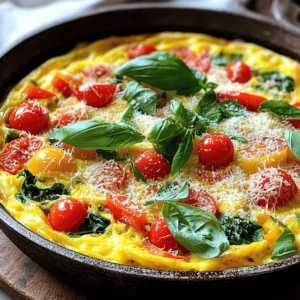 To make a delicious Italian frittata, gather these fresh ingredients. Using high-quality items will elevate your dish. Here’s what you need: - 6 large eggs - 1/2 cup milk - 1 cup fresh spinach, chopped - 1 cup cherry tomatoes, halved - 1/2 cup red bell pepper, diced - 1/2 cup onion, finely chopped - 1/2 cup grated Parmesan cheese - 1 teaspoon dried oregano - Salt and pepper to taste - 2 tablespoons olive oil - Fresh basil leaves for garnish Each ingredient plays a vital role. Eggs provide the base, while milk adds creaminess. Spinach and tomatoes bring color and nutrients. Red bell pepper adds sweetness, and onion gives depth. Parmesan cheese gives a savory touch, and oregano adds flavor. Olive oil helps everything cook well. If you want to switch things up, you can add other veggies or proteins later. Check out the Full Recipe for more details on how to combine these ingredients into a tasty meal. 1. First, preheat your oven to 375°F (190°C). This step is key to getting a nice puff on your frittata. 2. In a large mixing bowl, whisk together 6 large eggs and 1/2 cup of milk. Whisk until it's smooth. Add salt, pepper, and 1 teaspoon of dried oregano for flavor. 3. Next, heat 2 tablespoons of olive oil in a large, oven-safe skillet over medium heat. This will help cook the veggies. 4. Add 1/2 cup of finely chopped onion and 1/2 cup of diced red bell pepper to the skillet. Sauté for about 3 minutes. You want the onions to become translucent. 5. Stir in 1 cup of chopped spinach and 1 cup of halved cherry tomatoes. Cook for about 2 minutes until the spinach wilts. This mix adds color and nutrients. 6. Now, pour the egg mixture over the sautéed vegetables in the skillet. Make sure to spread the veggies evenly. 7. Sprinkle 1/2 cup of grated Parmesan cheese on top. This adds a nice cheesy flavor. 1. Let the frittata cook over medium heat for about 5 minutes. You’ll see the edges start to set. 2. Transfer the skillet to your preheated oven. Bake for 15-20 minutes. The frittata should puff up nicely. Check if it's done by inserting a toothpick in the center. It should come out clean. 1. Remove the skillet from the oven. Let it cool for a few minutes. This makes it easier to slice. 2. Slice the frittata into wedges. Garnish with fresh basil leaves for a pop of color and flavor. Enjoy your delicious Italian frittata! - Overcooking the eggs: This can make your frittata dry. Cook it just until the eggs are set. Remove it from heat when the center still looks slightly soft. It will continue to cook as it cools. - Not evenly distributing vegetables: Make sure to spread your veggies throughout the egg mixture. This ensures every bite has balanced flavor and texture. If you clump them, some parts may lack taste. - Ideal side dishes and drinks: Pair your frittata with a fresh salad or crusty bread. A light vinaigrette adds a nice touch. For drinks, try a glass of fresh orange juice or a cup of coffee. They enhance the meal well. - Presentation tips for serving: Slice your frittata into wedges and arrange on a bright plate. Add fresh basil leaves on top for color. This makes the dish look inviting and delicious. - Based on skillet size: Your cooking time can change with skillet size. A larger skillet spreads the mixture thinner. This means less time in the oven. Keep an eye on it while it bakes. - Elevating the flavor with more ingredients: Feel free to add herbs or spices. Fresh herbs like thyme or parsley boost the frittata's taste. You can also mix in some cooked sausage or bacon for a richer flavor. For more details on how to make this delightful dish, check out the Full Recipe. {{image_2}} You can boost the protein in your frittata with tasty add-ins. Bacon, sausage, and ham work well. They add a savory flavor. If you want a vegetarian twist, use tofu or black beans. They provide protein and keep it hearty. Feel free to mix up the vegetables. Use seasonal veggies to keep it fresh. In spring, try asparagus or peas. In summer, zucchini or bell peppers shine. Adding fresh herbs can also enhance flavor. Basil, parsley, or chives work great. Cheese plays a big role in frittatas. While Parmesan is a favorite, you can swap it out. Try feta or goat cheese for a tangy taste. For vegan options, use dairy-free cheese. Nutritional yeast is another great choice for a cheesy flavor without dairy. This way, you can make your frittata fit your taste and diet. For the full recipe, check out the details above. To store leftovers properly, let your frittata cool first. Wrap it tightly in plastic wrap or place it in an airtight container. This keeps it fresh and prevents odors from other foods. The recommended duration for freshness is about 3 to 4 days in the fridge. Always check for any signs of spoilage before eating. For best practices in freezing frittata, slice it into portions. Wrap each slice in plastic wrap, then place them in a freezer-safe bag. This method helps you grab a single serving when you need it. When it’s time to eat, thaw the frittata in the fridge overnight. To reheat, simply warm it in the oven at 350°F (175°C) for about 10-15 minutes. For meal prep, slice the frittata into wedges. Each wedge is a good single serving. Use these portions for quick breakfasts during the week. For best practices, store single servings in separate containers. This makes it easy to grab and go. You can enjoy your frittata without any fuss! An Italian frittata is a thick, open-faced omelet. It often has a mix of eggs, veggies, and cheese. The frittata is a traditional dish from Italy. You can find it at breakfast, lunch, or dinner. It is versatile and can use many types of vegetables and herbs. A frittata differs from a quiche because it has no crust. This makes it lighter and easier to prepare. You can serve it hot or at room temperature, making it perfect for any meal. Cooking a frittata takes about 35 minutes total. Prep time is around 10 minutes. You whisk the eggs and chop the veggies quickly. Cooking on the stove takes about 5 minutes. Then, you bake it in the oven for about 15-20 minutes. The key is to check if it’s done by using a toothpick. If it comes out clean, your frittata is ready to enjoy. Yes, you can use non-dairy milk in your frittata. Options like almond milk, oat milk, or soy milk work well. They add creaminess without dairy. Using non-dairy milk makes your frittata lactose-free. This way, more people can enjoy it. Just make sure to pick a plain flavor, so it does not change the taste much. Leftover frittata is quite flexible. You can slice it and enjoy it cold or warm. It makes a great sandwich filling. You can also chop it up for a salad topping. Another idea is to mix it into pasta for a quick meal. The flavors blend well, and it adds protein. Don’t forget to store your leftovers in the fridge! Yes, you can make frittata ahead of time. It stores well in the fridge for about 3-4 days. Let it cool completely before covering it. Use an airtight container to keep it fresh. If you want to keep it longer, you can freeze it. Just slice it first and wrap each piece tightly. Thaw it in the fridge overnight before reheating. This method is great for meal prep! You can make it and enjoy it all week. For the full recipe, check out the Italian Frittata Delight. In this post, we covered the key ingredients, steps, tips, and variations for making a frittata. You learned how to prepare and cook this dish and avoid common mistakes. Remember, you can add your favorite proteins or vegetables to make it unique. Proper storage ensures it stays fresh for later meals. Frittatas are versatile, making them great for any occasion. Enjoy experimenting with flavors and sharing your creations!