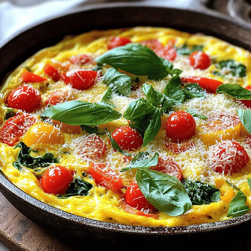 To make a delicious Italian frittata, gather these fresh ingredients. Using high-quality items will elevate your dish. Here’s what you need: - 6 large eggs - 1/2 cup milk - 1 cup fresh spinach, chopped - 1 cup cherry tomatoes, halved - 1/2 cup red bell pepper, diced - 1/2 cup onion, finely chopped - 1/2 cup grated Parmesan cheese - 1 teaspoon dried oregano - Salt and pepper to taste - 2 tablespoons olive oil - Fresh basil leaves for garnish Each ingredient plays a vital role. Eggs provide the base, while milk adds creaminess. Spinach and tomatoes bring color and nutrients. Red bell pepper adds sweetness, and onion gives depth. Parmesan cheese gives a savory touch, and oregano adds flavor. Olive oil helps everything cook well. If you want to switch things up, you can add other veggies or proteins later. Check out the Full Recipe for more details on how to combine these ingredients into a tasty meal. 1. First, preheat your oven to 375°F (190°C). This step is key to getting a nice puff on your frittata. 2. In a large mixing bowl, whisk together 6 large eggs and 1/2 cup of milk. Whisk until it's smooth. Add salt, pepper, and 1 teaspoon of dried oregano for flavor. 3. Next, heat 2 tablespoons of olive oil in a large, oven-safe skillet over medium heat. This will help cook the veggies. 4. Add 1/2 cup of finely chopped onion and 1/2 cup of diced red bell pepper to the skillet. Sauté for about 3 minutes. You want the onions to become translucent. 5. Stir in 1 cup of chopped spinach and 1 cup of halved cherry tomatoes. Cook for about 2 minutes until the spinach wilts. This mix adds color and nutrients. 6. Now, pour the egg mixture over the sautéed vegetables in the skillet. Make sure to spread the veggies evenly. 7. Sprinkle 1/2 cup of grated Parmesan cheese on top. This adds a nice cheesy flavor. 1. Let the frittata cook over medium heat for about 5 minutes. You’ll see the edges start to set. 2. Transfer the skillet to your preheated oven. Bake for 15-20 minutes. The frittata should puff up nicely. Check if it's done by inserting a toothpick in the center. It should come out clean. 1. Remove the skillet from the oven. Let it cool for a few minutes. This makes it easier to slice. 2. Slice the frittata into wedges. Garnish with fresh basil leaves for a pop of color and flavor. Enjoy your delicious Italian frittata! - Overcooking the eggs: This can make your frittata dry. Cook it just until the eggs are set. Remove it from heat when the center still looks slightly soft. It will continue to cook as it cools. - Not evenly distributing vegetables: Make sure to spread your veggies throughout the egg mixture. This ensures every bite has balanced flavor and texture. If you clump them, some parts may lack taste. - Ideal side dishes and drinks: Pair your frittata with a fresh salad or crusty bread. A light vinaigrette adds a nice touch. For drinks, try a glass of fresh orange juice or a cup of coffee. They enhance the meal well. - Presentation tips for serving: Slice your frittata into wedges and arrange on a bright plate. Add fresh basil leaves on top for color. This makes the dish look inviting and delicious. - Based on skillet size: Your cooking time can change with skillet size. A larger skillet spreads the mixture thinner. This means less time in the oven. Keep an eye on it while it bakes. - Elevating the flavor with more ingredients: Feel free to add herbs or spices. Fresh herbs like thyme or parsley boost the frittata's taste. You can also mix in some cooked sausage or bacon for a richer flavor. For more details on how to make this delightful dish, check out the Full Recipe. {{image_2}} You can boost the protein in your frittata with tasty add-ins. Bacon, sausage, and ham work well. They add a savory flavor. If you want a vegetarian twist, use tofu or black beans. They provide protein and keep it hearty. Feel free to mix up the vegetables. Use seasonal veggies to keep it fresh. In spring, try asparagus or peas. In summer, zucchini or bell peppers shine. Adding fresh herbs can also enhance flavor. Basil, parsley, or chives work great. Cheese plays a big role in frittatas. While Parmesan is a favorite, you can swap it out. Try feta or goat cheese for a tangy taste. For vegan options, use dairy-free cheese. Nutritional yeast is another great choice for a cheesy flavor without dairy. This way, you can make your frittata fit your taste and diet. For the full recipe, check out the details above. To store leftovers properly, let your frittata cool first. Wrap it tightly in plastic wrap or place it in an airtight container. This keeps it fresh and prevents odors from other foods. The recommended duration for freshness is about 3 to 4 days in the fridge. Always check for any signs of spoilage before eating. For best practices in freezing frittata, slice it into portions. Wrap each slice in plastic wrap, then place them in a freezer-safe bag. This method helps you grab a single serving when you need it. When it’s time to eat, thaw the frittata in the fridge overnight. To reheat, simply warm it in the oven at 350°F (175°C) for about 10-15 minutes. For meal prep, slice the frittata into wedges. Each wedge is a good single serving. Use these portions for quick breakfasts during the week. For best practices, store single servings in separate containers. This makes it easy to grab and go. You can enjoy your frittata without any fuss! An Italian frittata is a thick, open-faced omelet. It often has a mix of eggs, veggies, and cheese. The frittata is a traditional dish from Italy. You can find it at breakfast, lunch, or dinner. It is versatile and can use many types of vegetables and herbs. A frittata differs from a quiche because it has no crust. This makes it lighter and easier to prepare. You can serve it hot or at room temperature, making it perfect for any meal. Cooking a frittata takes about 35 minutes total. Prep time is around 10 minutes. You whisk the eggs and chop the veggies quickly. Cooking on the stove takes about 5 minutes. Then, you bake it in the oven for about 15-20 minutes. The key is to check if it’s done by using a toothpick. If it comes out clean, your frittata is ready to enjoy. Yes, you can use non-dairy milk in your frittata. Options like almond milk, oat milk, or soy milk work well. They add creaminess without dairy. Using non-dairy milk makes your frittata lactose-free. This way, more people can enjoy it. Just make sure to pick a plain flavor, so it does not change the taste much. Leftover frittata is quite flexible. You can slice it and enjoy it cold or warm. It makes a great sandwich filling. You can also chop it up for a salad topping. Another idea is to mix it into pasta for a quick meal. The flavors blend well, and it adds protein. Don’t forget to store your leftovers in the fridge! Yes, you can make frittata ahead of time. It stores well in the fridge for about 3-4 days. Let it cool completely before covering it. Use an airtight container to keep it fresh. If you want to keep it longer, you can freeze it. Just slice it first and wrap each piece tightly. Thaw it in the fridge overnight before reheating. This method is great for meal prep! You can make it and enjoy it all week. For the full recipe, check out the Italian Frittata Delight. In this post, we covered the key ingredients, steps, tips, and variations for making a frittata. You learned how to prepare and cook this dish and avoid common mistakes. Remember, you can add your favorite proteins or vegetables to make it unique. Proper storage ensures it stays fresh for later meals. Frittatas are versatile, making them great for any occasion. Enjoy experimenting with flavors and sharing your creations!