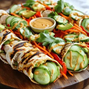 - 2 chicken breasts, grilled and sliced - 4 large whole wheat tortillas - 1 cup shredded carrots - 1 cucumber, thinly sliced - 1 red bell pepper, thinly sliced - 1 avocado, sliced - 1/2 cup fresh cilantro leaves - 1/4 cup unsalted creamy peanut butter - 2 tablespoons soy sauce - 1 tablespoon honey - 1 tablespoon lime juice - 1 teaspoon sesame oil - Salt and pepper to taste To make these delicious peanut chicken wraps, you need fresh and tasty ingredients. Start with grilled chicken breasts. They add protein and flavor. The whole wheat tortillas provide a healthy base. Shredded carrots add crunch and color. For extra freshness, add thinly sliced cucumber and red bell pepper. These veggies bring a nice crunch. Don’t forget the avocado; it adds creaminess. Now, let’s talk about the dressing. The peanut butter is the star here. It gives the sauce a rich taste. Mix that with soy sauce, honey, lime juice, and sesame oil. The cilantro adds a burst of flavor. Season with salt and pepper to taste. With all these ingredients ready, you are set to create a quick and tasty meal. For the full recipe, check out the instructions on how to put it all together! Whisk together peanut butter, soy sauce, honey, lime juice, sesame oil, and seasonings until smooth. Start with the peanut butter in a bowl. Then, add soy sauce. Next, pour in honey, followed by lime juice and sesame oil. Mix everything well. This sauce gives the wraps a rich flavor. Now, mix grilled chicken, carrots, cucumber, red bell pepper, and cilantro in a large bowl. Take your grilled chicken and slice it into thin pieces. Add the shredded carrots, sliced cucumber, and red bell pepper. Toss in fresh cilantro for a bright taste. Finally, drizzle in half of the peanut sauce. Gently stir until everything is coated. Lay out the whole wheat tortillas on a clean surface. Spread a tablespoon of the remaining peanut sauce on each tortilla. This adds extra flavor. Next, divide the chicken and vegetable mixture evenly among the tortillas. Place it in the center of each wrap. Add a few slices of avocado on top. Fold in the sides of the tortilla, then roll it tightly from the bottom up. Cut each wrap in half at a diagonal for a beautiful presentation. Enjoy your delicious peanut chicken wraps! For the full recipe, check the recipe section. Serve your wraps with extra peanut sauce on the side. This adds flavor and fun! A sprinkle of fresh cilantro on top makes the wraps look great. It also adds a burst of taste to each bite. Make sure to season your chicken well before grilling. This simple step boosts the flavor of your wraps. Use salt and pepper, or try your favorite spices. A little marinade can add depth and make the chicken juicy and delicious. Feel free to get creative! You can add more vegetables like bell peppers, spinach, or even sprouts for crunch. If you want a vegetarian option, swap the chicken for tofu. Just grill or sauté the tofu until golden. This makes every wrap unique and tailored to your taste. For the full recipe, check out the Delicious Peanut Chicken Wraps section above. {{image_2}} You can switch up the protein in your wraps. Instead of chicken, try shrimp. Shrimp cooks fast and adds a nice taste. You can also use turkey if you want a leaner option. Grilled tofu is perfect for a vegetarian choice. It absorbs flavors well and gives a nice texture. All these options work great with the peanut sauce. The peanut sauce is the star, but you can change it up. Use almond butter for a different flavor. Cashew butter also works nicely if you want something creamier. Each nut butter brings its unique taste, so feel free to experiment. Add some spice to your sauce with a dash of chili paste for extra kick. Don’t forget about the tortillas! Whole wheat is great, but you can go wild here. Spinach tortillas add color and nutrients. Herb-infused tortillas bring a tasty twist. They make each bite more exciting, enhancing the wrap's overall flavor. Choose what excites your taste buds and enjoy the fun! For the full recipe, check out the delicious peanut chicken wraps. Store your wraps in an airtight container. This keeps them fresh for up to 2 days. I recommend eating them soon to enjoy the best taste and texture. If you want to save them for later, wrap each one in plastic wrap. You can freeze them for up to 1 month. Just remember to thaw them before eating. This way, you keep the flavors intact. To reheat, place a wrap in the microwave for 30-45 seconds. This warms it nicely. If you prefer, you can also enjoy them cold. They still taste great that way! You can make these wraps gluten-free by substituting whole wheat tortillas with gluten-free wraps. Many stores offer tasty options made from rice or corn. Check the labels to ensure they meet your needs. This way, you can enjoy the same great flavors while staying gluten-free. Yes, you can prepare these wraps in advance. Make the filling and the peanut sauce ahead of time. Store them in the fridge. When you are ready to eat, assemble the wraps. This keeps the tortillas from getting soggy. It's a smart way to save time on busy days. Pair your peanut chicken wraps with a fresh salad or crunchy veggie sticks. This adds color and nutrients to your meal. You can also serve them with extra peanut sauce for dipping. It makes for a fun, interactive meal that everyone will enjoy. These delicious wraps are easy and fun to make. You can grill chicken, mix fresh veggies, and whip up a tasty peanut sauce. The blog shared tips for serving, cooking, and personalizing your wraps. You can even switch proteins or add spices. Whether you’re meal prepping or making a quick lunch, these wraps will satisfy. Try them out and enjoy fresh flavors that everyone will love!