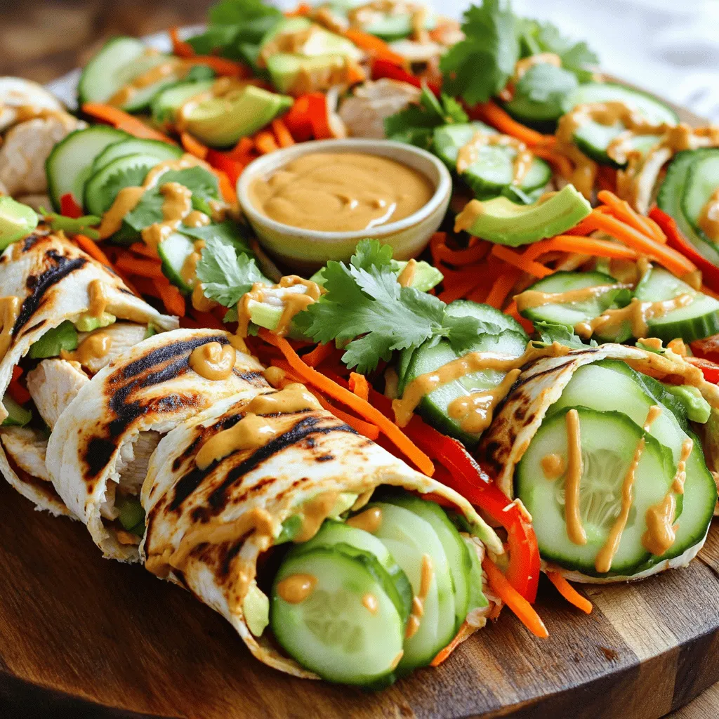 - 2 chicken breasts, grilled and sliced - 4 large whole wheat tortillas - 1 cup shredded carrots - 1 cucumber, thinly sliced - 1 red bell pepper, thinly sliced - 1 avocado, sliced - 1/2 cup fresh cilantro leaves - 1/4 cup unsalted creamy peanut butter - 2 tablespoons soy sauce - 1 tablespoon honey - 1 tablespoon lime juice - 1 teaspoon sesame oil - Salt and pepper to taste To make these delicious peanut chicken wraps, you need fresh and tasty ingredients. Start with grilled chicken breasts. They add protein and flavor. The whole wheat tortillas provide a healthy base. Shredded carrots add crunch and color. For extra freshness, add thinly sliced cucumber and red bell pepper. These veggies bring a nice crunch. Don’t forget the avocado; it adds creaminess. Now, let’s talk about the dressing. The peanut butter is the star here. It gives the sauce a rich taste. Mix that with soy sauce, honey, lime juice, and sesame oil. The cilantro adds a burst of flavor. Season with salt and pepper to taste. With all these ingredients ready, you are set to create a quick and tasty meal. For the full recipe, check out the instructions on how to put it all together! Whisk together peanut butter, soy sauce, honey, lime juice, sesame oil, and seasonings until smooth. Start with the peanut butter in a bowl. Then, add soy sauce. Next, pour in honey, followed by lime juice and sesame oil. Mix everything well. This sauce gives the wraps a rich flavor. Now, mix grilled chicken, carrots, cucumber, red bell pepper, and cilantro in a large bowl. Take your grilled chicken and slice it into thin pieces. Add the shredded carrots, sliced cucumber, and red bell pepper. Toss in fresh cilantro for a bright taste. Finally, drizzle in half of the peanut sauce. Gently stir until everything is coated. Lay out the whole wheat tortillas on a clean surface. Spread a tablespoon of the remaining peanut sauce on each tortilla. This adds extra flavor. Next, divide the chicken and vegetable mixture evenly among the tortillas. Place it in the center of each wrap. Add a few slices of avocado on top. Fold in the sides of the tortilla, then roll it tightly from the bottom up. Cut each wrap in half at a diagonal for a beautiful presentation. Enjoy your delicious peanut chicken wraps! For the full recipe, check the recipe section. Serve your wraps with extra peanut sauce on the side. This adds flavor and fun! A sprinkle of fresh cilantro on top makes the wraps look great. It also adds a burst of taste to each bite. Make sure to season your chicken well before grilling. This simple step boosts the flavor of your wraps. Use salt and pepper, or try your favorite spices. A little marinade can add depth and make the chicken juicy and delicious. Feel free to get creative! You can add more vegetables like bell peppers, spinach, or even sprouts for crunch. If you want a vegetarian option, swap the chicken for tofu. Just grill or sauté the tofu until golden. This makes every wrap unique and tailored to your taste. For the full recipe, check out the Delicious Peanut Chicken Wraps section above. {{image_2}} You can switch up the protein in your wraps. Instead of chicken, try shrimp. Shrimp cooks fast and adds a nice taste. You can also use turkey if you want a leaner option. Grilled tofu is perfect for a vegetarian choice. It absorbs flavors well and gives a nice texture. All these options work great with the peanut sauce. The peanut sauce is the star, but you can change it up. Use almond butter for a different flavor. Cashew butter also works nicely if you want something creamier. Each nut butter brings its unique taste, so feel free to experiment. Add some spice to your sauce with a dash of chili paste for extra kick. Don’t forget about the tortillas! Whole wheat is great, but you can go wild here. Spinach tortillas add color and nutrients. Herb-infused tortillas bring a tasty twist. They make each bite more exciting, enhancing the wrap's overall flavor. Choose what excites your taste buds and enjoy the fun! For the full recipe, check out the delicious peanut chicken wraps. Store your wraps in an airtight container. This keeps them fresh for up to 2 days. I recommend eating them soon to enjoy the best taste and texture. If you want to save them for later, wrap each one in plastic wrap. You can freeze them for up to 1 month. Just remember to thaw them before eating. This way, you keep the flavors intact. To reheat, place a wrap in the microwave for 30-45 seconds. This warms it nicely. If you prefer, you can also enjoy them cold. They still taste great that way! You can make these wraps gluten-free by substituting whole wheat tortillas with gluten-free wraps. Many stores offer tasty options made from rice or corn. Check the labels to ensure they meet your needs. This way, you can enjoy the same great flavors while staying gluten-free. Yes, you can prepare these wraps in advance. Make the filling and the peanut sauce ahead of time. Store them in the fridge. When you are ready to eat, assemble the wraps. This keeps the tortillas from getting soggy. It's a smart way to save time on busy days. Pair your peanut chicken wraps with a fresh salad or crunchy veggie sticks. This adds color and nutrients to your meal. You can also serve them with extra peanut sauce for dipping. It makes for a fun, interactive meal that everyone will enjoy. These delicious wraps are easy and fun to make. You can grill chicken, mix fresh veggies, and whip up a tasty peanut sauce. The blog shared tips for serving, cooking, and personalizing your wraps. You can even switch proteins or add spices. Whether you’re meal prepping or making a quick lunch, these wraps will satisfy. Try them out and enjoy fresh flavors that everyone will love!