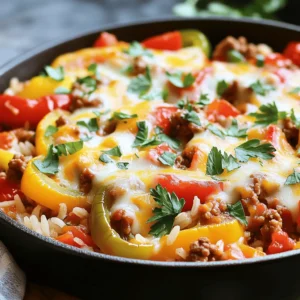 - Ground turkey or beef - Diced onion - Diced bell peppers In this dish, you start with either ground turkey or beef. I like turkey for a lighter option. Then, you will need a large onion, diced finely. The onion adds sweet flavor. You must also use three bell peppers. I suggest red, yellow, and green for color and taste. - Minced garlic - Canned diced tomatoes - Cooked rice or quinoa Next, you need garlic. Two cloves, minced, will give great taste. You will also want a can of diced tomatoes. I use a 15-ounce can, and keep the juices. Finally, add one cup of cooked rice or quinoa. Quinoa is a healthier choice. - Italian seasoning and smoked paprika - Salt and pepper to taste - Shredded cheese and fresh herbs For flavor, use one teaspoon of Italian seasoning and one teaspoon of smoked paprika. Don’t forget salt and pepper to make it pop! Top with one cup of shredded cheese. Cheddar works well, but use any cheese you love. Fresh herbs like parsley or basil make a nice touch. For the full recipe, check out the link provided. Start by heating a large skillet over medium heat. Add a drizzle of olive oil. Once hot, add the diced onion. Sauté until it turns translucent, which takes about 3-4 minutes. This step brings out the sweet flavor of the onion. Next, add minced garlic and cook for 1 minute. You’ll smell its lovely aroma filling your kitchen. Now, increase the heat to medium-high. Add the ground turkey or beef to the skillet. Cook it until it’s browned and fully cooked. Use a spatula to break it apart. This should take about 7-8 minutes. You want the meat to be juicy and flavorful. After the meat is cooked, stir in the diced bell peppers. You can use a mix of colors like red, yellow, and green. Cook them for about 3-4 minutes until they start to soften. The peppers add a nice crunch and sweetness to the dish. Now, it’s time to enhance the flavor. Add a can of diced tomatoes, including their juices. Then, mix in the cooked rice. You can also use quinoa for a healthy twist. Add in Italian seasoning, smoked paprika, salt, and pepper. Stir everything well until it combines. Lower the heat and let the mixture simmer for about 5 minutes. This allows all the flavors to meld together. You’ll notice how the dish starts to smell amazing! Now, it’s time for the best part—cheese! Sprinkle shredded cheese on top. Cover the skillet with a lid for 2-3 minutes. This helps the cheese melt perfectly. Once melted, take it off the heat and garnish with fresh parsley or basil. This adds a pop of color and freshness. You can now enjoy this delicious unstuffed pepper skillet. For the complete details, check the Full Recipe. If you want to switch out the ground turkey or beef, try ground chicken or plant-based meat. Both options work well and keep the dish tasty. For cheese, feel free to mix it up! Cheddar, Monterey Jack, or even feta can add a nice twist. To boost flavor, think about adding spices like cumin or chili powder. These spices can give your dish a warm, spicy kick. You can also add more veggies, like zucchini or corn, to make it more colorful and healthy. For even cooking, make sure your skillet is hot before adding ingredients. This helps everything cook at the same time. A non-stick skillet or cast iron pan works best for this recipe. They help prevent sticking and make cleanup easier. {{image_2}} You can make this dish even healthier. One great option is using quinoa instead of rice. Quinoa is a whole grain. It has more protein and fiber. It adds a nice texture too. Another way to make it healthier is by adding more vegetables. You can use zucchini, corn, or even spinach. These veggies boost the nutrients and flavor. They make your meal more colorful and tasty. To change up the flavor, try adding spices for different cuisines. For a spicy kick, add cayenne pepper or chili powder. For a Mediterranean twist, use oregano and cumin. Each spice brings a new taste to the dish. You can also combine it with sauces or dressings. A drizzle of balsamic glaze or a splash of hot sauce can make it pop. These little additions can turn a simple meal into a gourmet experience. When serving, think about what to pair with it. A fresh salad or warm bread makes a great side. A crisp green salad adds a refreshing crunch. For meal prep, this dish is perfect. You can store it in containers for easy lunches. Just scoop some into a bowl and enjoy it during the week. This recipe is not only delicious but also practical for busy days. You can find the Full Recipe for more details on making this delightful dish. To store your unstuffed pepper skillet, choose an airtight container. Glass or plastic containers work well. Make sure the dish cools before sealing. In the fridge, it stays fresh for about 3 to 4 days. Label your container with the date so you know when to eat it. Freezing is a great option for longer storage. Use freezer-safe containers or heavy-duty freezer bags. Portioning helps you thaw only what you need. The dish can last up to 3 months in the freezer. To thaw, place it in the fridge overnight. If you're in a hurry, you can use the microwave on the defrost setting. To reheat your unstuffed pepper skillet, use the stove for the best flavor. Heat it in a skillet over low heat, stirring often. This method keeps the texture just right. You can add a splash of water or broth if it seems dry. A microwave works, too. Just cover it to keep moisture in. Enjoy your meal just as tasty as when you first made it! Yes, you can make this dish ahead of time. Cook it as directed, then let it cool. Store it in an airtight container in the fridge for up to three days. When you are ready to eat, reheat it on the stove or in the microwave. If using the stove, add a splash of water to keep it moist. Stir it well to warm evenly. This dish pairs well with many sides. Here are a few ideas: - Fresh green salad - Garlic bread or crusty rolls - Steamed broccoli or green beans - Quinoa or couscous for extra grains Feel free to add a dollop of sour cream or a sprinkle of fresh herbs on top for extra flavor. Absolutely! To make this dish vegetarian, swap ground meat for plant-based options. You can use: - Crumbled tofu or tempeh - Lentils or black beans - Chopped mushrooms for a meaty texture Replace the cheese with a non-dairy option or skip it entirely. This way, you enjoy all the flavors without meat. This blog post covers a tasty unstuffed pepper skillet. We explored key ingredients like ground turkey, bell peppers, and tomatoes. The step-by-step guide helps you cook this dish easily. I shared helpful tips for substitutions and enhancements. We also discussed ways to store and reheat your meal. With these details, you can make a delicious meal that fits your needs. Enjoy your cooking journey!