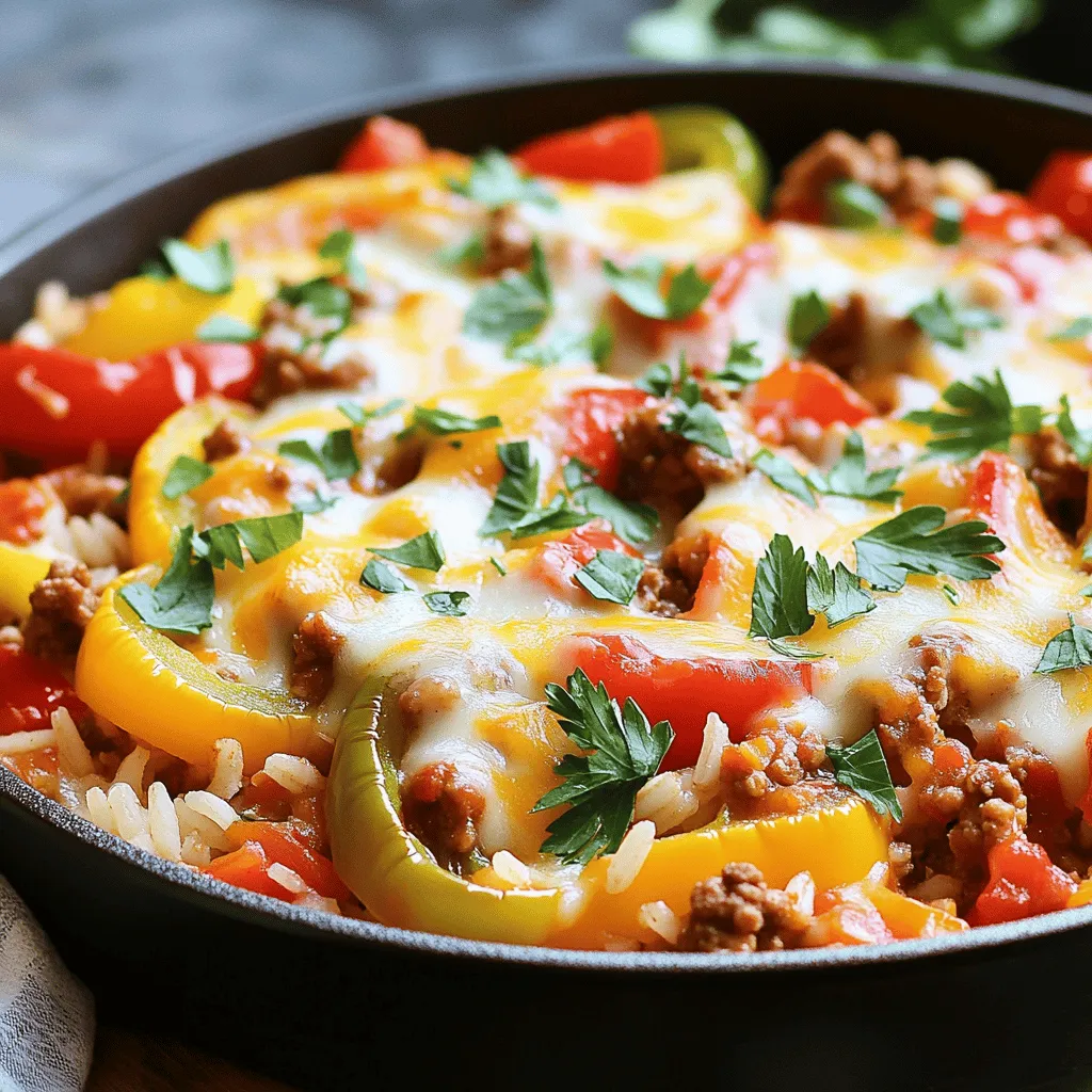 - Ground turkey or beef - Diced onion - Diced bell peppers In this dish, you start with either ground turkey or beef. I like turkey for a lighter option. Then, you will need a large onion, diced finely. The onion adds sweet flavor. You must also use three bell peppers. I suggest red, yellow, and green for color and taste. - Minced garlic - Canned diced tomatoes - Cooked rice or quinoa Next, you need garlic. Two cloves, minced, will give great taste. You will also want a can of diced tomatoes. I use a 15-ounce can, and keep the juices. Finally, add one cup of cooked rice or quinoa. Quinoa is a healthier choice. - Italian seasoning and smoked paprika - Salt and pepper to taste - Shredded cheese and fresh herbs For flavor, use one teaspoon of Italian seasoning and one teaspoon of smoked paprika. Don’t forget salt and pepper to make it pop! Top with one cup of shredded cheese. Cheddar works well, but use any cheese you love. Fresh herbs like parsley or basil make a nice touch. For the full recipe, check out the link provided. Start by heating a large skillet over medium heat. Add a drizzle of olive oil. Once hot, add the diced onion. Sauté until it turns translucent, which takes about 3-4 minutes. This step brings out the sweet flavor of the onion. Next, add minced garlic and cook for 1 minute. You’ll smell its lovely aroma filling your kitchen. Now, increase the heat to medium-high. Add the ground turkey or beef to the skillet. Cook it until it’s browned and fully cooked. Use a spatula to break it apart. This should take about 7-8 minutes. You want the meat to be juicy and flavorful. After the meat is cooked, stir in the diced bell peppers. You can use a mix of colors like red, yellow, and green. Cook them for about 3-4 minutes until they start to soften. The peppers add a nice crunch and sweetness to the dish. Now, it’s time to enhance the flavor. Add a can of diced tomatoes, including their juices. Then, mix in the cooked rice. You can also use quinoa for a healthy twist. Add in Italian seasoning, smoked paprika, salt, and pepper. Stir everything well until it combines. Lower the heat and let the mixture simmer for about 5 minutes. This allows all the flavors to meld together. You’ll notice how the dish starts to smell amazing! Now, it’s time for the best part—cheese! Sprinkle shredded cheese on top. Cover the skillet with a lid for 2-3 minutes. This helps the cheese melt perfectly. Once melted, take it off the heat and garnish with fresh parsley or basil. This adds a pop of color and freshness. You can now enjoy this delicious unstuffed pepper skillet. For the complete details, check the Full Recipe. If you want to switch out the ground turkey or beef, try ground chicken or plant-based meat. Both options work well and keep the dish tasty. For cheese, feel free to mix it up! Cheddar, Monterey Jack, or even feta can add a nice twist. To boost flavor, think about adding spices like cumin or chili powder. These spices can give your dish a warm, spicy kick. You can also add more veggies, like zucchini or corn, to make it more colorful and healthy. For even cooking, make sure your skillet is hot before adding ingredients. This helps everything cook at the same time. A non-stick skillet or cast iron pan works best for this recipe. They help prevent sticking and make cleanup easier. {{image_2}} You can make this dish even healthier. One great option is using quinoa instead of rice. Quinoa is a whole grain. It has more protein and fiber. It adds a nice texture too. Another way to make it healthier is by adding more vegetables. You can use zucchini, corn, or even spinach. These veggies boost the nutrients and flavor. They make your meal more colorful and tasty. To change up the flavor, try adding spices for different cuisines. For a spicy kick, add cayenne pepper or chili powder. For a Mediterranean twist, use oregano and cumin. Each spice brings a new taste to the dish. You can also combine it with sauces or dressings. A drizzle of balsamic glaze or a splash of hot sauce can make it pop. These little additions can turn a simple meal into a gourmet experience. When serving, think about what to pair with it. A fresh salad or warm bread makes a great side. A crisp green salad adds a refreshing crunch. For meal prep, this dish is perfect. You can store it in containers for easy lunches. Just scoop some into a bowl and enjoy it during the week. This recipe is not only delicious but also practical for busy days. You can find the Full Recipe for more details on making this delightful dish. To store your unstuffed pepper skillet, choose an airtight container. Glass or plastic containers work well. Make sure the dish cools before sealing. In the fridge, it stays fresh for about 3 to 4 days. Label your container with the date so you know when to eat it. Freezing is a great option for longer storage. Use freezer-safe containers or heavy-duty freezer bags. Portioning helps you thaw only what you need. The dish can last up to 3 months in the freezer. To thaw, place it in the fridge overnight. If you're in a hurry, you can use the microwave on the defrost setting. To reheat your unstuffed pepper skillet, use the stove for the best flavor. Heat it in a skillet over low heat, stirring often. This method keeps the texture just right. You can add a splash of water or broth if it seems dry. A microwave works, too. Just cover it to keep moisture in. Enjoy your meal just as tasty as when you first made it! Yes, you can make this dish ahead of time. Cook it as directed, then let it cool. Store it in an airtight container in the fridge for up to three days. When you are ready to eat, reheat it on the stove or in the microwave. If using the stove, add a splash of water to keep it moist. Stir it well to warm evenly. This dish pairs well with many sides. Here are a few ideas: - Fresh green salad - Garlic bread or crusty rolls - Steamed broccoli or green beans - Quinoa or couscous for extra grains Feel free to add a dollop of sour cream or a sprinkle of fresh herbs on top for extra flavor. Absolutely! To make this dish vegetarian, swap ground meat for plant-based options. You can use: - Crumbled tofu or tempeh - Lentils or black beans - Chopped mushrooms for a meaty texture Replace the cheese with a non-dairy option or skip it entirely. This way, you enjoy all the flavors without meat. This blog post covers a tasty unstuffed pepper skillet. We explored key ingredients like ground turkey, bell peppers, and tomatoes. The step-by-step guide helps you cook this dish easily. I shared helpful tips for substitutions and enhancements. We also discussed ways to store and reheat your meal. With these details, you can make a delicious meal that fits your needs. Enjoy your cooking journey!