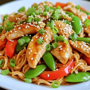 To make your Chicken Teriyaki Noodles, gather these fresh ingredients: - 2 boneless, skinless chicken breasts, sliced thin - 8 oz. whole wheat noodles - 1 bell pepper (red or yellow), sliced - 1 cup snap peas, trimmed - 3 green onions, chopped - 2 cloves garlic, minced - 1-inch piece of ginger, grated - 1/4 cup soy sauce (low sodium) - 2 tablespoons honey or maple syrup - 1 tablespoon sesame oil - 1 tablespoon rice vinegar - 1 teaspoon cornstarch mixed with 1 tablespoon water (for thickening) - Sesame seeds, for garnish You can add more flavor with these optional ingredients: - 1 tablespoon chili paste for heat - 1 tablespoon sesame seeds mixed into the sauce - Fresh cilantro for a herby note - Sliced carrots for added crunch - Zucchini ribbons for more veggies This dish is not only tasty but also healthy. Here’s a quick look at the nutritional values per serving: - Calories: 350 - Protein: 30g - Carbohydrates: 45g - Fat: 10g - Fiber: 6g This meal is packed with nutrients. It supports a balanced diet while being quick to make. For the full recipe, check the details above. First, bring a pot of water to a boil. Add the whole wheat noodles. Cook them according to the package instructions. This usually takes about 8-10 minutes. Once cooked, drain them and set aside. This step is key for a good texture in your dish. In a large skillet or wok, heat sesame oil over medium-high heat. Add the sliced chicken breasts. Cook for about 5-7 minutes, until they turn golden brown and are cooked through. Make sure to stir them often. When done, remove the chicken from the pan and set it aside. This keeps it juicy and flavorful. Using the same skillet, add minced garlic and grated ginger. Stir them for about 30 seconds to release their aroma. Next, toss in the sliced bell pepper. Sauté it for 2 minutes. Then, add the snap peas. Cook for another 2-3 minutes, until they turn bright green and tender-crisp. This step adds color and crunch to your dish. In a small bowl, whisk together the soy sauce, honey or maple syrup, rice vinegar, and the cornstarch mixture. Pour this sauce into the skillet with the vegetables. Stir well to coat everything. Cook for 1-2 minutes until the sauce thickens. This sauce brings all the flavors together. Return the cooked chicken to the skillet. Add the cooked noodles next. Toss everything together until the noodles are well coated in the teriyaki sauce. Heat it through for a couple of minutes. This step makes every bite delicious and satisfying. Once everything is combined, it's time to serve. Sprinkle chopped green onions and sesame seeds on top. This adds a nice touch and a bit of extra flavor. Enjoy your quick and flavorful chicken teriyaki noodles! For a complete list of the ingredients and detailed instructions, check out the Full Recipe. To cook chicken well, start with thin slices. This helps it cook evenly. Heat your skillet over medium-high heat. Add sesame oil and let it warm up. Place the sliced chicken in the pan. Cook it for about 5-7 minutes. Make sure it’s golden brown and no longer pink inside. If you crowd the pan, the chicken will steam instead of sear. Always check for doneness with a meat thermometer; it should read 165°F. For this dish, whole wheat noodles are a great choice. They add fiber and a nice texture. You can also use rice noodles or egg noodles if you prefer. Just make sure to follow the cooking time on the package. This keeps your noodles from getting mushy. Rinse them with cold water after cooking. This stops the cooking process and helps avoid clumping. To boost your teriyaki sauce, try adding fresh ingredients. A splash of orange juice can add a bright note. You can also mix in some crushed red pepper for heat. If you like nuts, sprinkle chopped cashews on top before serving. This adds a crunchy texture. Lastly, don’t skip the sesame seeds; they provide a nice nutty flavor. For the full recipe, check the details above. {{image_2}} You can easily make this dish vegetarian or vegan. Swap the chicken for tofu or tempeh. Both options absorb flavors well. Use firm tofu for a nice texture. Cut it into cubes and sauté until golden. Replace honey with maple syrup for a vegan option. This keeps the teriyaki sauce sweet and tasty. To make this dish gluten-free, choose gluten-free noodles. Rice noodles or quinoa noodles work well. For the sauce, use tamari instead of soy sauce. Tamari has a similar flavor but is made without wheat. This way, you can still enjoy the rich taste of teriyaki without gluten. Feel free to mix in other vegetables. Broccoli, carrots, or zucchini add great color and taste. You can also use frozen stir-fry mixes if you're short on time. Just add them in during the sauté step. The dish stays quick and flavorful with your chosen veggies. To keep your Chicken Teriyaki Noodles fresh, let them cool first. Place leftovers in an airtight container. Store them in the fridge. This helps keep flavors intact. Use within three days for the best taste. If you notice any signs of spoilage, throw it out. Your safety comes first! When it's time to eat again, reheating is easy. You can use a microwave or a skillet. If using the microwave, cover the dish. Heat in short bursts, stirring in between. This ensures even warming. If using a skillet, add a splash of water or broth. This helps keep the noodles from drying out. Heat over medium-low until warmed through. For long-term storage, freezing is an option. First, let the dish cool completely. Then, portion it into freezer-safe bags or containers. Remove as much air as possible before sealing. Label the bags with the date. You can freeze Chicken Teriyaki Noodles for up to three months. When ready to eat, thaw in the fridge overnight. Reheat as mentioned above for a delicious meal! You can find the full recipe to make this tasty dish at home. Yes, you can use other proteins. Try beef, shrimp, or tofu. Each option gives a new twist. For beef, use thin strips of flank steak. For shrimp, ensure they are peeled and deveined. Tofu is great for a plant-based meal. To spice it up, add red pepper flakes or sriracha. Mix these into the sauce for heat. You can also use fresh chili peppers in the vegetables. Start with a little, and adjust to your taste. Serve this dish with a side of steamed broccoli or a simple salad. A fresh cucumber salad complements the flavors well. You can also add some spring rolls for a crunchy bite. Leftovers can last for about 3-4 days in the fridge. Store them in an airtight container. When you're ready to eat, simply reheat on the stove or in the microwave. For best taste, eat them within a few days. For the full recipe, check out the instructions above. In this article, we explored how to make Chicken Teriyaki Noodles step by step. We covered essential ingredients, cooking tips, and serving ideas. This dish is easy to customize, too. Whether you want a vegan option or gluten-free noodles, there are choices for everyone. Storing and reheating your leftovers ensures you enjoy this meal again. With these tips, you can make a tasty meal your family will love. Enjoy your cooking adventure!