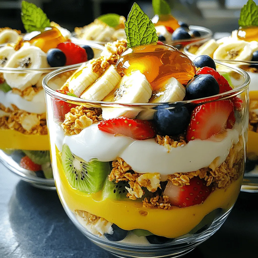 To make a delicious honey yogurt fruit salad, you need a few key ingredients. The main ones are: - 1 cup Greek yogurt - 2 tablespoons honey - 1 teaspoon vanilla extract - 1 large banana, sliced - 1 cup strawberries, hulled and halved - 1 cup blueberries - 1 cup kiwi, peeled and diced These ingredients blend well together. They create a tasty and refreshing dish perfect for breakfast or dessert. The right amount of honey and yogurt is key. For this recipe, I use 1 cup of Greek yogurt. This gives the salad a creamy base. The 2 tablespoons of honey add just the right amount of sweetness. You can adjust honey to fit your taste. If you like it sweeter, feel free to add more. You can make your fruit salad even more special. Try adding these optional toppings: - 1 cup granola (for topping) - Fresh mint leaves (for garnish) Granola adds a nice crunch, while mint leaves give a fresh look. You can also mix in nuts or seeds if you want. For a twist, add a squeeze of lemon juice. It brings out the fruit flavors. You can find the full recipe in the section above. Enjoy creating your own version of this easy and tasty dish! Start by gathering your ingredients. In a mixing bowl, add one cup of Greek yogurt. Then, measure two tablespoons of honey and one teaspoon of vanilla extract. Mix these together well. Stir until the yogurt is smooth. This mixture will be the creamy base for your salad. Now it’s time to layer the fruits. Grab a large serving bowl or individual cups. First, spoon some honey yogurt into the bottom. Next, add a layer of sliced bananas, followed by strawberries, blueberries, and diced kiwi. Make sure to spread the fruits evenly. Repeat this process until all the fruits are used. End with another dollop of yogurt on top. For a finishing touch, sprinkle granola over the top. This adds a nice crunch. You can also garnish with fresh mint leaves. If you like, drizzle a little honey on top for extra sweetness. Serve immediately for the best taste or chill for up to 30 minutes. Enjoy your Honey Yogurt Fruit Salad as a light dessert or breakfast treat! You can find the Full Recipe for more details. Choose ripe fruits for the best flavor. Look for firm, bright berries. For bananas, pick ones that are yellow with a few brown spots. Kiwis should feel slightly soft when you press them. Always wash your fruits well to remove dirt and pesticides. Mixing colors adds beauty and taste! You can mix it up! Try using mango, peaches, or raspberries. Add nuts like almonds or walnuts for crunch. You can also swap honey for maple syrup if you want a different sweetness. Experiment with spices too, like cinnamon or nutmeg, to add a twist. The options are endless! Serve the salad in clear cups or bowls. This shows off the beautiful layers. Add a mint leaf on top for a pop of color. You can drizzle extra honey on top for extra sweetness. For a fun touch, use cookie cutters to shape fruits like watermelon or cantaloupe. Enjoy the fun and beauty of your dish! {{image_2}} You can change the fruits based on what is fresh. In spring, use strawberries and blueberries. In summer, peaches and cherries shine. Fall brings apples and pears, while winter can have citrus like oranges and grapefruits. Mixing fruits adds flavor and color. Try different combos to keep things fun. If you want a dairy-free option, use coconut yogurt or almond yogurt. These choices keep the creaminess. They also add a unique flavor twist. Look for brands with no added sugar for a healthier choice. You can enjoy this dish without dairy and still have a tasty treat. If you're not a fan of honey, try maple syrup or agave nectar. Both options give a sweet touch. They blend well with yogurt and fruits. For a sugar-free option, use stevia or monk fruit sweetener. Each choice will change the taste a bit, so experiment until you find your favorite. For the full recipe, please refer back to the main article. To keep your honey yogurt fruit salad fresh, store it in an airtight container. This prevents air from spoiling the taste and texture. Avoid mixing fruits and yogurt until you're ready to serve. This keeps the fruits crisp and the yogurt creamy. When stored correctly, your honey yogurt fruit salad lasts for about three days in the fridge. After that, the fruits may get mushy, and the yogurt may lose its flavor. Always check for any off smells before eating it. Freezing is not the best option for this salad. Yogurt and fruits change texture when frozen and thawed. If you want to save some, freeze the fruits separately. Add them to yogurt later for a fresh, tasty mix. For the full recipe, check the recipe section above. Yes, you can make Honey Yogurt Fruit Salad ahead of time. I suggest preparing the yogurt mixture and cutting the fruits separately. This way, the fruits stay fresh and do not get soggy. You can layer everything just before serving. If you want to chill it, do so for no more than 30 minutes. This keeps the texture crisp and the flavors bright. I recommend using Greek yogurt for this recipe. It has a rich, creamy texture and a tangy taste. If you prefer a lighter option, you can use regular yogurt. Both types blend well with honey and give a nice flavor. Just make sure to choose plain yogurt to avoid added sugars. Yes, this salad is packed with health benefits. The yogurt provides protein and probiotics, which are great for your gut. The fruits add fiber, vitamins, and antioxidants. Bananas offer potassium, while berries are rich in vitamins C and K. This dish is a tasty way to enjoy a healthy snack or breakfast. Plus, it’s low in added sugars, making it a smart choice. For the full recipe, check out the recipe section above. This blog post showed you how to make a tasty honey yogurt fruit salad. We covered the main ingredients, step-by-step instructions, and helpful tips, like selecting the best fruits. We also explored fun variations and how to store your salad. In summary, this dish is easy, healthy, and perfect for any occasion. Enjoy experimenting with different flavors, and remember, the key is to keep it fresh and fun. Your fruit salad will impress everyone!