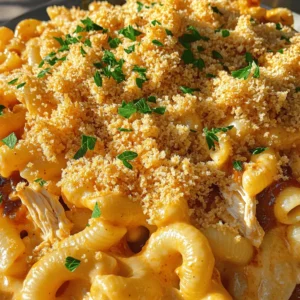 - 8 oz elbow macaroni - 1 cup cooked chicken, shredded (can use rotisserie for convenience) - 1 cup BBQ sauce (your favorite brand) For this dish, the main ingredients are simple and comforting. Elbow macaroni gives us a great base. It cooks up soft and holds the sauce well. Shredded chicken adds protein and flavor. Using rotisserie chicken saves time and effort. BBQ sauce brings a sweet and smoky taste. - 2 cups shredded sharp cheddar cheese - 1 cup whole milk - 1/2 cup cream cheese, softened In the dairy section, we have our star players. Sharp cheddar cheese melts beautifully, making the dish creamy and rich. Whole milk adds just the right amount of liquid. Cream cheese helps to create a smooth texture and enhances the flavor. - 1/4 cup unsalted butter - 1/2 teaspoon garlic powder - 1/2 teaspoon onion powder - 1/2 teaspoon smoked paprika - 1/4 cup panko breadcrumbs - Fresh chopped parsley for garnish (optional) Now, let's talk about the flavor enhancers. Unsalted butter gives a rich base for the cheese sauce. Garlic and onion powder add depth and aroma. Smoked paprika brings a hint of warmth. After baking, panko breadcrumbs provide a crunchy topping. Finally, fresh parsley adds a pop of color and freshness. For the full recipe, check out the instructions later in the article. 1. Start by boiling a large pot of salted water. This adds flavor to the pasta. 2. Once the water is boiling, add 8 oz of elbow macaroni. Cook it until it's al dente, following the package instructions. 3. When done, drain the macaroni and set it aside in a bowl. 1. In a large saucepan, melt 1/4 cup of unsalted butter over medium heat. 2. Add 1/2 cup of softened cream cheese and stir it until it melts and blends well with the butter. 3. Slowly pour in 1 cup of whole milk while whisking. This helps to keep the sauce smooth. 4. Mix in 1/2 teaspoon of garlic powder, 1/2 teaspoon of onion powder, 1/2 teaspoon of smoked paprika, salt, and pepper to taste. Bring this to a gentle simmer. 5. Remove the saucepan from heat and stir in 2 cups of shredded sharp cheddar cheese until it melts and becomes smooth. 1. In a large mixing bowl, combine the cooked macaroni, 1 cup of shredded chicken (you can use rotisserie chicken for ease), and 1 cup of your favorite BBQ sauce. 2. Pour the cheese sauce over the mixture. Stir everything together until the pasta and chicken are well-coated. 1. Preheat your oven to 350°F (175°C). 2. Transfer the mixture to a greased 9x13 inch baking dish. Spread it evenly. 3. Top the dish with 1/4 cup of panko breadcrumbs for a crunchy finish. 1. Bake the dish in the oven for 20-25 minutes. You want the top to be golden and bubbly. 2. Once done, take it out and let it cool slightly before serving. 3. You can garnish with fresh chopped parsley if you like. For the full recipe, check out the guidelines I provided earlier. Enjoy your BBQ Chicken Mac and Cheese! You can change a few ingredients if needed. For the chicken, a rotisserie chicken works great. It saves you time and adds flavor. You can also switch up the BBQ sauce. Try a sweet, smoky, or spicy sauce based on your taste. If you want a lighter dish, reduce the cheese. You can use low-fat cheese for fewer calories. Adding vegetables like spinach or broccoli boosts nutrition. They add color and taste while making your meal healthier. To keep your BBQ Chicken Mac and Cheese creamy, do not overbake it. The cheese sauce should coat the pasta well. If it seems thick, add a splash of milk before baking. For a crispy topping, make sure the panko breadcrumbs are evenly spread. Bake until the top is golden brown and bubbly for the best texture. For the full recipe, check out the detailed instructions above. {{image_2}} You can spice up BBQ chicken mac and cheese in fun ways. For a kick, try a spicy BBQ chicken mac and cheese. Use a spicy BBQ sauce or add fresh jalapeños. This will give your dish heat and flavor. Another tasty twist is a smoky chipotle version. Replace regular BBQ sauce with chipotle BBQ sauce. The smoky flavor will add depth and excitement to each bite. Cheese plays a big role in this dish. While sharp cheddar is classic, you can explore other cheeses. Gouda provides a rich and creamy taste. Mozzarella offers a nice stretch and mild flavor. Pepper jack gives a spicy kick, too. You can blend different cheeses to build a deeper flavor. Mixing cheddar with gouda or mozzarella creates a creamy texture. Experimenting with cheese can lead to your perfect mac and cheese. If you need gluten-free options, don’t worry! You can swap the traditional pasta for gluten-free types. Look for gluten-free elbow macaroni or any small-shaped pasta. There are many good options available in stores now. Just follow the same cooking steps as before. You’ll still enjoy a hearty and delicious BBQ chicken mac and cheese. This way, everyone can savor this dish, no matter their dietary needs. For the complete recipe, check out the Full Recipe section! After enjoying BBQ Chicken Mac and Cheese, you may have tasty leftovers. To store them safely, cool the dish to room temperature first. This helps prevent bacteria growth. Then, transfer the mac and cheese into airtight containers. Glass or plastic containers work well. Make sure to seal them tightly. Store them in the fridge for up to three days. You can also freeze BBQ Chicken Mac and Cheese. It’s simple! Let the dish cool completely. Then, scoop portions into freezer-safe containers or bags. Remove as much air as possible to avoid freezer burn. Label the containers with the date. Your dish will stay fresh for up to three months. When you’re ready to eat, thaw it in the fridge overnight. When it comes to reheating, you have two main options: microwaving or using the oven. For microwaving, place a portion in a bowl. Cover it with a damp paper towel. Heat it in short bursts, stirring in between. This method is quick but may not keep the texture as creamy. For the oven, preheat it to 350°F. Place the mac and cheese in an oven-safe dish. Cover it with foil to keep it moist. Heat for about 20 minutes or until warm. This method maintains the creamy texture and crunchy topping better. Enjoy your comforting dish again! For the complete recipe, check out the Full Recipe section. To make BBQ Chicken Mac and Cheese from scratch, follow these simple steps: 1. Cook the Pasta: Boil elbow macaroni in salted water until al dente. Drain and set aside. 2. Make the Cheese Sauce: Melt butter in a saucepan. Add cream cheese and mix until smooth. 3. Combine Milk and Seasonings: Slowly whisk in whole milk. Add garlic powder, onion powder, smoked paprika, salt, and pepper. Simmer gently. 4. Add Cheese: Remove from heat. Stir in shredded cheddar cheese until melted. Adjust thickness with more milk if needed. 5. Mix Ingredients: In a bowl, combine the cooked macaroni, shredded chicken, BBQ sauce, and cheese sauce. Stir well. 6. Prepare for Baking: Preheat your oven to 350°F. Pour the mixture into a greased baking dish. Top with panko breadcrumbs. 7. Bake: Bake for 20-25 minutes until golden and bubbly. 8. Serve: Let cool slightly before serving. Garnish with parsley if you like. This method gives you a creamy, cheesy dish with BBQ flavor. You can find the Full Recipe for more details. Yes, you can make BBQ Chicken Mac and Cheese in advance. Here are some tips: - Assemble Ahead: You can prepare the dish up to the baking stage. Just cover it and store it in the fridge for up to 24 hours. - Bake Later: When you're ready to eat, just pop it in the oven. You may need to add a few extra minutes to the baking time if it's cold from the fridge. - Freeze Option: If you want to freeze it, let it cool completely. Then, wrap it tightly. It can last up to three months in the freezer. Here are some great side dish ideas to serve with BBQ Chicken Mac and Cheese: - Coleslaw: A crunchy coleslaw adds a nice contrast to the creamy dish. - Cornbread: Sweet cornbread pairs well with the BBQ flavors. - Green Salad: A simple green salad can lighten up the meal. - Grilled Vegetables: Grilled veggies add color and nutrition to your plate. These sides add variety and balance to your BBQ Chicken Mac and Cheese feast! BBQ Chicken Mac and Cheese combines simple ingredients into a tasty dish. We covered the main components like macaroni, chicken, and savory cheeses. I shared tips on making the best cheese sauce and achieving a golden crust. Variations, like adding spice or using different cheeses, can make it unique. Remember, you can store leftovers or freeze them for later. This dish is easy, fun, and satisfying. Enjoy creating your own twist on this classic!