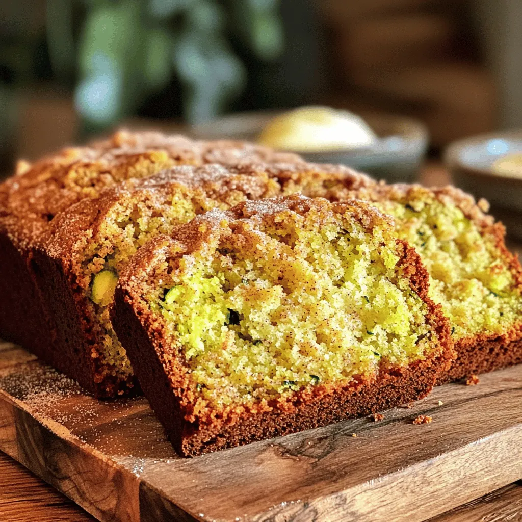 - 1 cup grated zucchini - 1 ½ cups all-purpose flour - 1 teaspoon baking soda - ½ teaspoon baking powder - 1 teaspoon ground cinnamon - ½ teaspoon nutmeg - ¼ teaspoon salt - ½ cup unsalted butter - 1 cup brown sugar - 2 large eggs - 1 teaspoon vanilla extract - ½ cup granulated sugar - 1 teaspoon ground cinnamon (for rolling) To make Snickerdoodle Zucchini Bread, gather your main ingredients first. Grated zucchini adds moisture and flavor. Use about one medium zucchini to get the right amount. All-purpose flour gives the bread its structure. Baking soda helps it rise and stay fluffy. Next, you'll need some extra ingredients. Baking powder adds to the leavening. Ground cinnamon and nutmeg give that snickerdoodle flavor. Salt balances the sweetness. You need unsalted butter for a rich taste. Brown sugar sweetens and makes the bread soft. Two large eggs bind everything together. Vanilla extract adds a warm, inviting aroma. For the topping, mix granulated sugar with cinnamon. This will create a sweet crust on top. You can find the full recipe in the article. Get your ingredients ready to bake this tasty treat! - Preheat oven to 350°F (175°C). - Grease or line a 9x5 inch loaf pan. Start by preparing your tools. Preheating the oven is key to even baking. While it heats, grease your loaf pan or line it with parchment paper. This step ensures the bread releases easily when it’s done. - Combine flour, baking soda, baking powder, cinnamon, nutmeg, and salt. In a medium bowl, whisk together the flour, baking soda, and baking powder. Then add the cinnamon, nutmeg, and salt. This mix gives the bread its snickerdoodle flavor. Make sure to mix well to distribute the ingredients evenly. - Cream butter and brown sugar until fluffy. - Add eggs and vanilla, then mix in dry ingredients. - Fold in grated zucchini. In a large bowl, cream the softened butter and brown sugar until light and fluffy. This usually takes about 3-4 minutes with an electric mixer. Next, add each egg one at a time, mixing well after each. Stir in the vanilla extract. Gradually add in the dry mix, and stir until just combined. Be careful not to overmix. Finally, gently fold in the grated zucchini, ensuring it is well mixed. - Pour batter into the loaf pan. - Sprinkle cinnamon-sugar mixture on top. - Bake for 50-60 minutes and check doneness. Pour the batter into your prepared loaf pan. Then, sprinkle the cinnamon-sugar mixture over the top. This adds a sweet touch to the crust. Bake in the preheated oven for 50-60 minutes. To check if it’s done, insert a toothpick into the center. If it comes out clean, it’s ready. If the top browns too fast, cover it with aluminum foil. For the full recipe, check the detailed instructions above. To make the best Snickerdoodle Zucchini Bread, avoid overmixing the batter. When you mix too much, it can make your bread dense. Stir just until the flour disappears. Then, gently fold in the zucchini. Properly measuring flour is key. Use a spoon to scoop flour into your measuring cup. Then, level it off with a knife. This method gives you the right amount without packing it down. Let your loaf cool for at least 10 minutes before slicing. This helps the flavors meld and makes it easier to cut. The best serving temperature is warm, fresh out of the oven. A slice with a pat of butter tastes amazing! You can add chocolate chips or nuts for extra texture. This simple change brings a new taste. Try using walnuts or pecans for a nice crunch. Monitoring your oven temperature is vital. An oven thermometer can help you ensure it’s accurate. This way, your bread bakes evenly and comes out perfect. Use a toothpick to check for doneness. Insert it into the center of the loaf. If it comes out clean, your bread is ready. This is a simple trick to avoid underbaking. For the complete recipe, check the Full Recipe. {{image_2}} You can make your Snickerdoodle Zucchini Bread even more fun by adding chocolate chips or walnuts. Chocolate chips give a rich sweetness that pairs well with the cinnamon. Walnuts add a nice crunch and earthy flavor. You can also try different spices. Ginger or cloves can add a warm twist to the bread. Experimenting with these flavors can make each loaf unique. If you want a healthier option, consider using whole wheat flour. It adds fiber and makes the bread heartier. You can also swap brown sugar for coconut sugar. Coconut sugar has a lower glycemic index, which is better for blood sugar levels. For gluten-free baking, use a gluten-free flour blend. This keeps the taste delicious while meeting dietary needs. This bread is great on its own, but it pairs well with tea or coffee. The flavors complement each other beautifully. You can also use the bread as a base for desserts. Try making a bread pudding with it. Just cut the bread into cubes and soak them in a custard mixture. This adds a new way to enjoy your Snickerdoodle Zucchini Bread. For the full recipe, check the earlier section. To keep your Snickerdoodle Zucchini Bread fresh, store it in an airtight container. This method helps to lock in moisture and flavor. You can also wrap the bread tightly in plastic wrap. If you have a slice or two left, use a resealable bag. If you want to save some for later, freezing is a great option. First, let the bread cool completely. Then, wrap it tightly in plastic wrap. Place it in a freezer bag for extra protection. When you're ready to enjoy it, thaw the bread in the fridge overnight. This helps keep it moist and tasty. When stored at room temperature, Snickerdoodle Zucchini Bread lasts about 3 to 4 days. If you keep it in the fridge, it can last up to a week. Always check for signs of spoilage before eating. Look for mold or an off smell. If you see any, it's best to toss the bread. For the full recipe, check the earlier section. Yes, you can use frozen zucchini! To prepare it, first, thaw the zucchini in the fridge overnight. Once thawed, drain any excess water. Pat it dry with a towel to remove moisture. This step is key to keeping your bread from being too wet. Frozen zucchini works well, but fresh zucchini offers the best flavor and texture. If you need a substitute for brown sugar, you have options. You can use coconut sugar, which has a similar taste. Maple syrup is another option, but you’ll need to adjust the liquid in your recipe. Honey can work too, yet it adds a different flavor. Keep in mind that using these substitutes might change the bread's texture slightly. Absolutely! Snickerdoodle Zucchini Bread is safe for kids. It has no nuts or allergens. The zucchini adds a veggie boost, making it a bit healthier. For serving sizes, I recommend one slice for younger kids. You can always adjust based on their appetite. To check if your bread is done, use a toothpick. Insert it into the center of the loaf. If it comes out clean, your bread is ready. If there’s wet batter on the toothpick, bake it a bit longer. Look for a golden-brown top; this is a good sign too. Yes, you can! To make mini loaves, use smaller pans. The baking time will change. Start with 25 to 30 minutes and check for doneness. Use the toothpick test to ensure they are cooked through. Mini loaves are great for sharing or freezing! For the full recipe, check out the Snickerdoodle Zucchini Bread instructions. Snickerdoodle Zucchini Bread combines fresh zucchini with classic sweet flavors. We explored key ingredients, step-by-step instructions, and helpful tips. You learned to store it for freshness and how to adapt the recipe. You can also try variations for extra flavor or create healthier versions. Enjoy baking this delicious treat and share it with friends or family! It’s sure to be a hit. Save your favorites and try all the options! Happy baking!