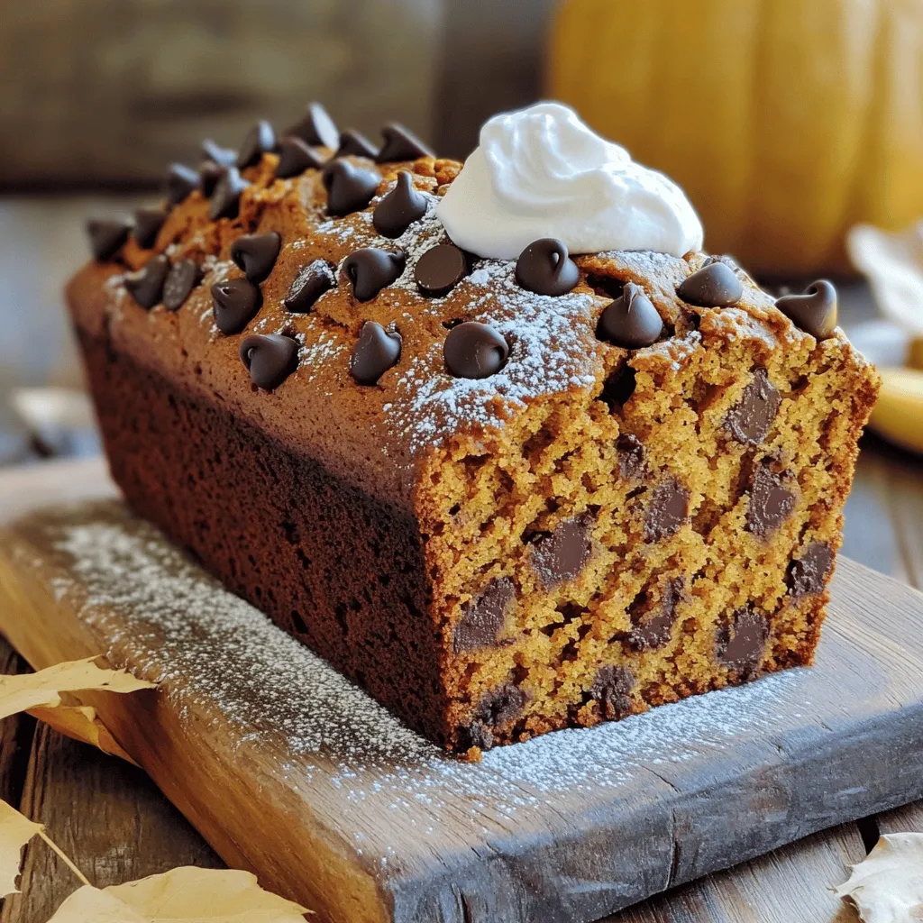 To make this banana chocolate chip pumpkin bread, you need a few key ingredients: - 1 cup ripe bananas, mashed (about 2-3 bananas) - 1 cup pumpkin puree (canned or fresh) - 1/2 cup granulated sugar - 1/2 cup brown sugar, packed Ripe bananas add natural sweetness and moisture. Pumpkin puree brings a warm, earthy flavor. The mix of granulated and brown sugar gives depth to the sweetness. For extra delight, consider these optional ingredients: - 1/2 cup chopped walnuts or pecans - 1 cup chocolate chips (dark or milk chocolate) Chopped nuts add crunch and a nutty flavor. You can choose dark or milk chocolate chips based on your taste. Both melt beautifully and enhance the bread's richness. To prepare this treat, you will need some essential tools: - Mixing bowls - Loaf pan - Oven thermometer Using mixing bowls helps keep your ingredients organized. A loaf pan shapes the bread perfectly. An oven thermometer ensures your oven heats evenly, helping your bread bake just right. For the complete details, check the Full Recipe. First, you need to preheat your oven to 350°F (175°C). This step is key for even baking. While the oven heats, prepare your loaf pan. You can grease a 9x5-inch loaf pan or use parchment paper. The parchment paper helps with easy removal after baking. In a large mixing bowl, combine 1 cup of mashed bananas, 1 cup of pumpkin puree, 1/2 cup of granulated sugar, and 1/2 cup of brown sugar. Mix these ingredients well until they blend smoothly. Next, add 2 large eggs one at a time, mixing each in fully. Then, stir in 1 1/2 teaspoons of vanilla extract. This mixture creates a rich base for the bread. In a separate bowl, whisk together 1 3/4 cups of all-purpose flour, 1 teaspoon of baking soda, 1/2 teaspoon of baking powder, 1 teaspoon of ground cinnamon, 1/2 teaspoon of nutmeg, and 1/4 teaspoon of salt. This blend adds fluffiness and flavor to your bread. Gradually add the dry mix to the wet ingredients. Stir gently until just combined. Be careful not to overmix; this keeps the bread soft. Now, fold in 1 cup of chocolate chips. If you like, add 1/2 cup of chopped walnuts or pecans for some crunch. Pour the batter into your prepared loaf pan. Smooth the top with a spatula. Bake the bread for 60 to 70 minutes. To check for doneness, insert a toothpick into the center. If it comes out clean, the bread is ready. Let it cool in the pan for about 10 minutes. Then, transfer it to a wire rack to cool completely. Enjoy your cozy treat! For the full recipe, refer to the earlier section. To get the best texture, avoid overmixing the batter. When you mix too much, the bread can become tough. After adding the dry ingredients, mix just until you see no dry flour. If the batter feels too thick, you can adjust it. Adding a splash of milk or more pumpkin puree helps make it smoother. To boost flavor, think about adding spices. A pinch of ginger or cloves gives warmth. You can also tweak the sugars. Using all brown sugar makes it richer. Mixing in some honey or maple syrup adds a unique twist. For serving, slice the banana chocolate chip pumpkin bread on a wooden board. Dust it with powdered sugar for a nice look. Adding a dollop of whipped cream or a scoop of vanilla ice cream makes it even better. You can also try topping it with a sprinkle of cinnamon or chopped nuts for extra flair. {{image_2}} You can switch up the flavors in your banana chocolate chip pumpkin bread. Try using different types of chocolate. Dark chocolate gives a rich taste, while milk chocolate is sweeter. You can also add dried fruits like raisins or cranberries. Seeds, such as sunflower or pumpkin seeds, add a nice crunch. These small changes can make your bread unique and tasty. If you want to make this bread vegan, replace the eggs with flaxseed meal or applesauce. You can also use a plant-based oil. For a gluten-free option, swap out all-purpose flour for a gluten-free blend. If you're watching your sugar, try using less sugar or a natural sweetener like honey or maple syrup. These adjustments let you enjoy the bread no matter your diet. You can make this bread fit the season. In fall, add a pinch of cloves or allspice for warmth. During the holidays, mix in some chopped nuts or dried fruit for a festive touch. You can even top the bread with a glaze made from powdered sugar and pumpkin spice. These seasonal add-ins keep things exciting and fresh. To keep your banana chocolate chip pumpkin bread fresh, you can store it at room temperature or in the fridge. - Room Temperature: If you plan to eat it within a few days, wrap it in plastic wrap or foil. This keeps the moisture in. - Refrigeration: If you want it to last longer, place it in an airtight container in the fridge. This helps slow spoilage. Using airtight containers is key. It prevents the bread from drying out or absorbing other odors. Freezing banana chocolate chip pumpkin bread is easy and a great way to save some for later. - How to Freeze: Let the bread cool completely. Then, wrap it tightly in plastic wrap. After that, place it in a freezer-safe bag or container. Label it with the date before freezing. - Thawing Tips: To thaw, simply take it out and leave it at room temperature for a few hours. For best quality, avoid using the microwave, as it can make the bread soggy. Knowing how long your bread lasts can help you enjoy it at its best. - Room Temperature: When stored at room temperature, the bread will stay fresh for about 3 to 4 days. - Refrigerated Storage: In the fridge, it can last up to a week. Watch for signs of spoilage, like mold or an off smell. If you notice these, it's best to toss the bread. For the Full Recipe, check the details above. Enjoy your baking! Yes, you can use frozen bananas. First, thaw them completely. After thawing, mash them until smooth. The moisture from frozen bananas makes your bread moist and sweet. To make this bread gluten-free, swap all-purpose flour for a gluten-free blend. Look for a blend that has xanthan gum. For best results, use a 1:1 ratio. If you don't have pumpkin puree, use applesauce or mashed sweet potatoes. For every cup of pumpkin puree, use one cup of your substitute. This keeps the texture right. Yes, you can. If using mini loaf pans, reduce the baking time. Bake for 25 to 35 minutes. Check for doneness with a toothpick. It should come out clean. To check if the bread is done, insert a toothpick into the center. If it comes out clean, it is ready. Look for a golden brown color on top as an extra sign. In this post, we explored how to make banana chocolate chip pumpkin bread. I shared the key ingredients and tools you’ll need. You learned step-by-step instructions from mixing to baking. I also provided tips to enhance flavor and texture. Remember, you can try variations and adjust for dietary needs. Store your bread properly to keep it fresh. Enjoy your baking journey and make this tasty bread a new favorite!