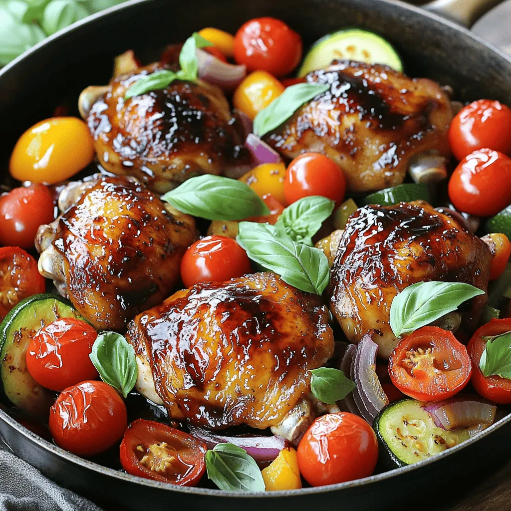 To make this dish, you will need these key items: - 4 boneless chicken thighs - 2 cups cherry tomatoes, halved - 1 medium zucchini, sliced - 1 bell pepper (any color), chopped - 1 red onion, cut into wedges - 1/4 cup balsamic vinegar - 3 tablespoons olive oil - 3 cloves garlic, minced - 1 teaspoon dried basil - 1 teaspoon dried oregano - Salt and pepper to taste - Fresh basil leaves for garnish These ingredients create a tasty and vibrant meal. The chicken stays juicy, while the veggies add color and crunch. You can boost the taste with these extras: - 1 teaspoon honey for sweetness - A pinch of red pepper flakes for heat - Parmesan cheese for a creamy touch Adding these can give your dish a new twist. You can mix and match based on what you like. To cook this dish, you will need: - A large oven-safe skillet - A mixing bowl for the marinade - A whisk for blending the sauce - A meat thermometer to check doneness Using the right tools makes cooking easier. They help ensure everything cooks evenly and tastes great. For the Full Recipe, refer to the main article. To get started, we need to make the marinade. In a small bowl, whisk together these ingredients: - 1/4 cup balsamic vinegar - 3 tablespoons olive oil - 3 cloves garlic, minced - 1 teaspoon dried basil - 1 teaspoon dried oregano - Salt and pepper to taste This mixture will add a rich flavor to our chicken and veggies. The balsamic vinegar gives a nice tang, while the herbs add depth. Now, let’s marinate the chicken. Take 4 boneless chicken thighs and place them in a large mixing bowl. Pour half of the balsamic mixture over the chicken. Toss it well to coat every piece evenly. Let it sit for about 15 minutes. This step is key for juicy, flavorful chicken. While the chicken marinates, preheat your oven to 425°F (220°C). Next, grab a large oven-safe skillet. Arrange the veggies: - 2 cups cherry tomatoes, halved - 1 medium zucchini, sliced - 1 bell pepper, chopped - 1 red onion, cut into wedges Once the veggies are arranged, place the marinated chicken on top. Drizzle the remaining balsamic mixture over everything. Now, it's time to bake! Transfer the skillet to the oven and bake for 25-30 minutes. The chicken needs to reach an internal temperature of 165°F (75°C). After baking, remove the skillet from the oven. Allow it to rest for about 5 minutes. This helps the juices settle. Finally, garnish with fresh basil leaves to add a pop of color and flavor. Enjoy your delicious one pan balsamic chicken and veggies! You can find the full recipe [here](Full Recipe). To get the best flavor in this dish, use fresh herbs. Fresh basil adds a bright taste. Also, let the chicken marinate for at least 15 minutes. This time allows the flavors to seep in. Use a good quality balsamic vinegar. It enhances the sweet and tangy notes in the dish. You can even try different vinegars for a unique twist. To ensure your chicken is juicy, do not overcook it. Bake it until it reaches 165°F (75°C). Use a meat thermometer for accuracy. If you can, let the chicken rest for a few minutes after baking. This helps keep the juices locked inside. Always cut against the grain for the best texture when serving. Presentation matters! Arrange the veggies and chicken nicely on a plate. Use fresh basil leaves to add a pop of color. You can drizzle extra balsamic glaze on top for flair. Serve with a side of rice or crusty bread. This adds charm and makes the meal look inviting. When you plate it well, it makes the meal even more enjoyable. For the full recipe, be sure to check the details provided earlier. {{image_2}} You can use many veggies in this dish. Try carrots for a sweet crunch. Broccoli adds great color and flavor. Cauliflower works well too, soaking up the balsamic taste. Don't forget about asparagus; it brings a nice snap. Feel free to mix and match your favorites! If you want to switch the chicken, use turkey thighs instead. They cook similarly and taste great. You can also try shrimp for a lighter meal. Just adjust the cooking time to avoid overcooking. For a vegetarian option, use firm tofu. It absorbs the flavors well and gives a nice texture. Add fresh herbs for a flavor boost. Thyme or rosemary can make a big difference. You might also try a splash of lemon juice for brightness. If you like a kick, add red pepper flakes. For a sweet twist, drizzle honey or maple syrup over the veggies before baking. Each change can create a new dish! For the full recipe, check out the delicious one pan balsamic chicken and veggies. After enjoying your one pan balsamic chicken and veggies, store any leftovers in an airtight container. Make sure the chicken and veggies are cool before sealing. This helps keep them fresh. You can keep the leftovers in the fridge for up to three days. Label the container with the date for easy tracking. When you’re ready to eat the leftovers, there are a few ways to reheat them. The best way is to use the oven. Preheat it to 350°F (175°C) and place the chicken and veggies in an oven-safe dish. Heat for about 15-20 minutes or until warm. You can also use a microwave. Just place the food in a microwave-safe bowl and heat in 30-second intervals. Stir between each interval to ensure even heating. If you want to save the dish for later, freezing is a great option. Allow the chicken and veggies to cool completely. Then, place them in a freezer-safe container or bag. Remove as much air as possible to prevent freezer burn. You can freeze the dish for up to three months. When you're ready to enjoy it, thaw it in the fridge overnight before reheating. For the full recipe, check out the detailed steps to create this delicious meal! You can swap out the veggies in this recipe. Use what you have on hand. Broccoli, carrots, or asparagus work well. Just cut them into even pieces. This way, they cook at the same time as the chicken. Don't forget to adjust the cooking time if needed. The best way is to use a meat thermometer. Insert it into the thickest part of the chicken. It should read 165°F (75°C). If you don't have a thermometer, check if the juices run clear. If the juices are pink, the chicken is not done. Yes, you can prep this dish ahead. Marinate the chicken up to one day in advance. Keep it in the fridge until you are ready to cook. If you want to bake it later, store the veggies and chicken separately. This dish pairs well with rice or quinoa. You can also serve it with crusty bread. A fresh salad on the side adds a nice crunch. For a heartier meal, try mashed potatoes or couscous. The flavors of the chicken complement these sides perfectly. For the full recipe, refer to the earlier section. Balsamic chicken is simple and tasty, with many ways to make it your own. We covered key ingredients, step-by-step cooking, and helpful tips. Consider swapping veggies or proteins for variety. This dish is easy to store and reheat too. You can impress friends and family with your cooking skills. Enjoy your flavorful meal, and don’t hesitate to experiment. Your kitchen is a place for fun and creativity!