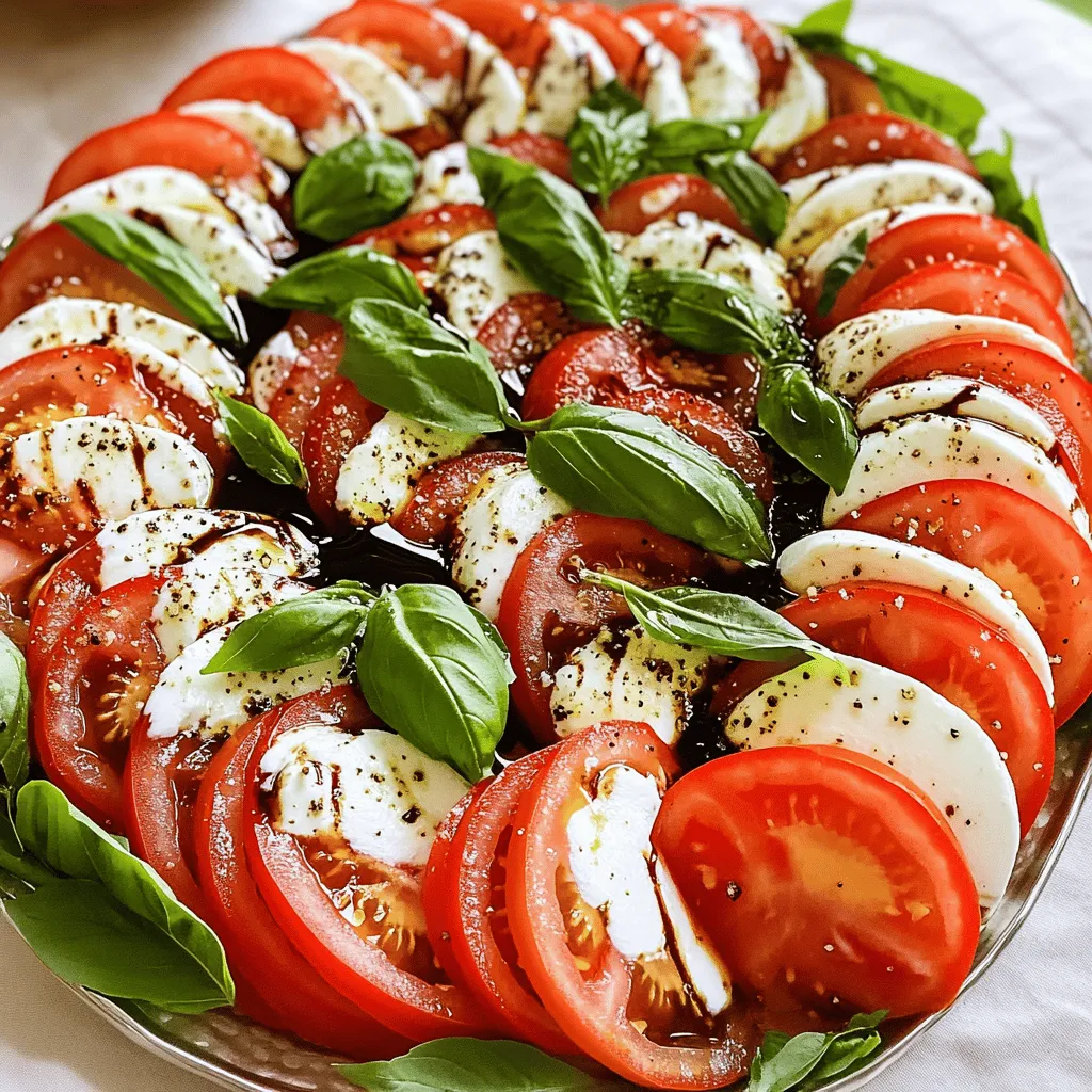 - 4 ripe tomatoes, sliced - 1 cup fresh basil leaves - 8 ounces fresh mozzarella, sliced - 1/4 cup balsamic glaze - 2 tablespoons extra virgin olive oil - Salt and pepper to taste The heart of a Caprese salad lies in fresh ingredients. I love using ripe tomatoes. They should be juicy and sweet. Look for tomatoes that are firm but give slightly when you squeeze them. This ensures they have great flavor. Next, I always choose fresh basil leaves. The aroma of basil adds a special touch to the dish. You can tear the leaves for a rustic look or place them whole for a burst of flavor. Fresh mozzarella is a must for this salad. It should be soft and creamy. The texture of the cheese complements the tomatoes perfectly. To dress the salad, I use balsamic glaze. It adds a sweet and tangy flavor. Extra virgin olive oil brings richness to the dish. A sprinkle of salt and pepper enhances all the flavors. These ingredients come together to create a simple yet elegant dish. For the full recipe, check out the instructions above. Start by arranging alternate slices of tomato and mozzarella on a large plate. Overlap them slightly for a nice look. This step makes your salad vibrant and inviting. Next, tuck fresh basil leaves between the layers. The aroma of basil adds a fresh twist. Now, drizzle the olive oil all over the salad. This step enhances the fresh flavors of the tomatoes and cheese. Then, take the balsamic glaze and drizzle it in a zigzag pattern. This adds a beautiful finish and a touch of sweetness. Season your salad lightly with salt and pepper. This small step amplifies the taste of each ingredient. Allow the salad to rest for about five minutes. This lets the flavors mix and become even more delicious. For the complete recipe, check the Full Recipe section. When making Caprese salad, you need ripe tomatoes. Look for tomatoes that feel heavy and firm. Their color should be vibrant, signaling ripeness. A great choice is the heirloom variety. These tomatoes are juicy and sweet. Next, opt for high-quality mozzarella. Fresh mozzarella is best for this dish. It should feel soft but not mushy. Look for mozzarella packed in water for extra freshness. The creaminess of the cheese pairs well with the tomatoes. For plating, arrange the tomato and mozzarella slices in a circle. Overlap them slightly to create a beautiful pattern. You can also stack them vertically for a fun twist. Use a large white plate to let the colors pop. When garnishing, sprinkle fresh basil leaves on top. You can also add a few whole leaves around the plate. This adds color and freshness to your dish. A drizzle of balsamic glaze creates an eye-catching finish. To season your salad, use a pinch of salt. This brings out the natural sweetness of the tomatoes. Freshly cracked black pepper adds a nice kick. If you want to add more toppings, consider avocado or pine nuts. These add creaminess and crunch. You could also try a sprinkle of crushed red pepper for some heat. For the full recipe, check here: [Full Recipe]. {{image_2}} You can easily change the classic Caprese salad for more flavor. Adding avocado gives a creamy texture. Just slice ripe avocado and layer it with the tomatoes and mozzarella. Another great option is arugula. Its peppery taste adds a nice kick. Toss in a handful of arugula between the layers for a fresh twist. You might also try using burrata cheese instead of mozzarella. Burrata has a rich, creamy center that melts in your mouth. It takes the salad to a new level of indulgence. You can enhance the flavors of your Caprese salad with a splash of lemon juice. Squeeze fresh lemon juice over the top right before serving. The acidity brightens all the flavors. You can also experiment with flavored balsamic vinegars. There are many types available, like fig or raspberry. Each adds a unique taste and sweetness to your dish. Try swapping the regular balsamic for these options to surprise your guests. If you're looking to make a vegan-friendly version, simply replace mozzarella with a plant-based cheese. There are many great options on the market today. You can also make it gluten-free by ensuring your balsamic glaze has no additives. Most balsamic glazes are gluten-free, but check the label to be sure. These small changes can make the salad fit various diets without losing its delicious charm. To keep your Caprese salad fresh, store it in an airtight container. This method locks in the flavors. Place it in the fridge right after you make it. The salad stays fresh for about 1 to 2 days. After that, the tomatoes may get mushy. Freezing Caprese salad is not ideal. The cheese and tomatoes do not freeze well. However, you can freeze the balsamic glaze. Pour it into ice cube trays. Once frozen, transfer the cubes to a bag. They last for about 3 months. When ready to use, thaw the glaze in the fridge overnight. To avoid sogginess, store each ingredient separately. Keep tomatoes, cheese, and basil apart. This method helps retain their textures. For basil, wrap it in a damp paper towel. Then, place it in a plastic bag. This keeps it fresh for longer. Caprese Salad hails from Italy, specifically the island of Capri. This dish celebrates fresh, local ingredients. The classic blend of tomatoes, mozzarella, and basil represents the colors of the Italian flag. It first appeared in the early 20th century. Locals enjoyed it as a simple, refreshing meal. Today, many people love it worldwide. Yes, you can prepare parts of the salad in advance. Slice the tomatoes and mozzarella a few hours before serving. Keep them in the fridge to stay fresh. However, wait to add the basil until just before serving. It looks best when fresh. Drizzle the olive oil and balsamic glaze right before you eat. This way, the flavors stay bright and lively. If you don’t have balsamic glaze, try these options: - Balsamic vinegar: Use it straight or mix with a bit of honey. - Red wine vinegar: This adds a tangy kick. - Honey mustard dressing: It gives a sweet and tangy flavor. - Ranch dressing: A creamier option that pairs well with the salad. These alternatives change the taste but still enhance your salad. In this article, we explored the fresh ingredients and steps for making a Caprese salad. We covered how to arrange ripe tomatoes and mozzarella, add basil, and enhance flavors with olive oil and balsamic glaze. I shared tips for choosing the best produce and creative ways to present your dish. Remember to store leftovers properly to keep them fresh. Caprese salad is a simple, tasty dish that you can customize. Enjoy making your own version of this classic salad!