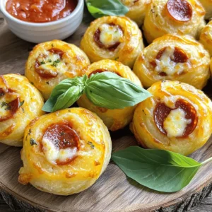 - 1 package (13.8 oz) refrigerated pizza dough - 1 cup shredded mozzarella cheese - 1/2 cup pepperoni slices, cut into quarters - 1/4 cup grated Parmesan cheese - 2 tablespoons garlic powder - 2 tablespoons olive oil - 1 teaspoon Italian seasoning - 1/2 teaspoon crushed red pepper flakes - Parchment-lined baking sheet - Rolling pin - Mixing bowl Making pizza rolls is fun and easy. You can use simple ingredients. The main ingredients are the pizza dough, cheese, and pepperoni. For added flavor, you can include garlic powder, olive oil, and seasonings. The pizza dough serves as your base. I always use refrigerated dough for quick prep. Shredded mozzarella is key for that gooey texture. The pepperoni slices add a classic taste. You can cut them into quarters for better distribution. The grated Parmesan cheese gives a nice finish. If you want extra flavor, try the optional ingredients. Garlic powder gives a great aroma. Olive oil helps the rolls brown nicely. Italian seasoning adds depth. If you like heat, sprinkle in some crushed red pepper flakes. For the equipment, a parchment-lined baking sheet is a must. It keeps your rolls from sticking. A rolling pin helps flatten the dough evenly. A mixing bowl is useful for blending your seasonings. With these ingredients and tools, you’re ready to make tasty pizza rolls. For the full recipe, check out the detailed cooking instructions. - Preheat oven to 400°F (200°C). - Lightly flour a clean surface and roll out the refrigerated pizza dough into a rectangular shape, about 1/4 inch thick. - Sprinkle the shredded mozzarella cheese evenly over the dough. Leave a small border around the edges. - Add the quartered pepperoni slices on top of the cheese. Then, sprinkle the grated Parmesan cheese over everything. - Starting from one edge, carefully roll the dough up tightly. Pinch the seams to seal. Tuck the ends to close the roll. - Slice the roll into 1-inch pieces and place them cut side up on a parchment-lined baking sheet. - In a small bowl, whisk together olive oil, garlic powder, Italian seasoning, and crushed red pepper flakes. Brush this mixture over the tops of the pizza rolls. - Bake in the preheated oven for 15-18 minutes, or until golden brown and bubbly. - Remove from the oven and let them cool for a few minutes before serving with marinara sauce for dipping. These steps will guide you to create delicious, cheesy pizza rolls that everyone will love! To make perfect pizza rolls, focus on how you roll the dough. Start with a clean, lightly floured surface. Roll the dough into a rectangle, about 1/4 inch thick. This will help the rolls bake evenly. Be gentle; if you press too hard, the dough can tear. Next, you want that golden crust. Brush the tops with a mix of olive oil and garlic powder before baking. This will give your pizza rolls that crispy, golden look. Bake them until they are bubbly and slightly brown, about 15-18 minutes. What’s a pizza roll without a great dip? Marinara sauce is classic. It’s rich and pairs well with cheesy bites. You can also try ranch dressing or spicy aioli for a twist. For garnish, fresh basil leaves add a nice touch. They bring color and a hint of freshness. You can also sprinkle some grated Parmesan on top just before serving. One common mistake is burning the edges. Keep an eye on the time while they bake. If they look dark, take them out early. Another mistake is overstuffing the rolls. If you add too many toppings, they can burst open. Stick to the amounts listed in the Full Recipe for the best results. {{image_2}} For those who prefer vegetarian pizza rolls, skip the pepperoni. You can add veggies like bell peppers, mushrooms, and spinach. These add great flavor and texture. Try mixing in some olives or artichokes too. If you need a gluten-free version, use gluten-free pizza dough. Many stores sell good options. Just roll it out like regular dough. Fill it with your favorite toppings and bake as usual. You can change the flavor of your pizza rolls easily. Different cheeses work wonders. Try provolone, cheddar, or feta for a unique taste. Mixing cheeses can create a rich and creamy filling. For a spicy kick, add jalapeños or crushed red pepper flakes. If you prefer sweet, try a drizzle of honey or a sprinkle of cinnamon sugar on top after baking. Sweet and savory makes a fun twist! Dipping sauces can elevate your pizza rolls. Marinara is a classic, but you can try ranch dressing or garlic aioli. For a zesty touch, mix sour cream with lime juice. Want to make homemade marinara? Just blend canned tomatoes, garlic, and basil. Heat it on the stove for a quick sauce. It’s fresh and tastes fantastic with pizza rolls! Enjoy exploring these variations to make your pizza rolls unique and tasty! To keep your pizza rolls fresh, store them in an airtight container. Place a paper towel in the container to absorb moisture. This helps maintain their crunch. Refrigerate them for up to three days. For longer storage, consider freezing them. When freezing, wrap each roll in plastic wrap. Then, place them in a freezer bag. Make sure to remove as much air as possible. This will prevent freezer burn. You can freeze pizza rolls for up to three months. To enjoy pizza rolls again, you need to reheat them. The oven gives the best results. Preheat it to 375°F (190°C). Place the rolls on a baking sheet. Bake them for about 10-12 minutes until they are warm. This method keeps them crispy. If you're short on time, you can use a microwave. Place a few rolls on a plate and cover them with a damp paper towel. Heat them for about 30-60 seconds. They may not be as crunchy but will still taste great. An air fryer is also a good choice. Set it to 350°F (175°C) and heat for 5-7 minutes for a crispy finish. In the fridge, pizza rolls last for about three days. If you freeze them, they can last for three months. Always check for signs of spoilage before eating. Look for mold or an off smell. If you see either, it's best to throw them away. Enjoy your pizza rolls while they are fresh and tasty! To make pizza rolls from scratch, follow these key steps from the Full Recipe: - Preheat your oven to 400°F (200°C). - Roll out refrigerated pizza dough into a rectangle, about 1/4 inch thick. - Sprinkle shredded mozzarella cheese on the dough, leaving a border. - Add quartered pepperoni and grated Parmesan cheese on top. - Roll the dough tightly into a log shape and seal the edges. - Cut the roll into 1-inch pieces and place them cut side up on a baking sheet. - Brush olive oil, garlic powder, Italian seasoning, and red pepper flakes over the rolls. - Bake for 15-18 minutes until golden brown. Yes! You can get creative with your fillings. Here are some suggestions: - Swap pepperoni for cooked sausage or ham. - Try vegetables like bell peppers, mushrooms, or spinach for a veggie twist. - Use different cheeses, like cheddar or gouda, for unique flavors. - Add herbs like basil or oregano for extra taste. - Experiment with barbecue sauce or pesto instead of marinara. You have a few options for cooking frozen pizza rolls: - Oven: Preheat to 425°F (220°C). Bake for 12-15 minutes. This gives a nice crisp. - Microwave: Heat for 2-3 minutes. It’s quick, but rolls may be softer. - Air Fryer: Cook at 400°F (200°C) for about 8-10 minutes. This keeps them crunchy. Each method has its perks. Choose what works best for you! Making pizza rolls is fun and easy. You learned the key ingredients, equipment, and steps needed. I shared tips to make them better, different ways to enjoy them, and how to store leftovers. Remember, you can get creative with fillings and sauces. Whether you prefer classic or unique flavors, these rolls can fit your taste. With these instructions, you can impress your friends and family. Enjoy your tasty pizza rolls!