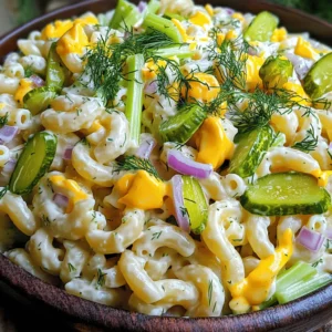 The right ingredients make all the difference in a creamy dill pickle macaroni salad. Here’s what you need: - 2 cups elbow macaroni - 1 cup dill pickles, diced - 1/2 cup red onion, finely chopped - 1 cup celery, diced - 1/2 cup mayonnaise - 1/2 cup sour cream - 2 tablespoons fresh dill, chopped - 1 tablespoon Dijon mustard - 1 tablespoon pickle juice - Optional: 1/4 cup shredded cheddar cheese Each ingredient adds unique flavors and textures. The elbow macaroni serves as the base, while the dill pickles bring a zing. The red onion adds a gentle crunch, and the celery gives freshness. Mayonnaise and sour cream create a creamy texture. Fresh dill enhances the dill flavor. Dijon mustard and pickle juice add tang. If you like cheese, consider adding cheddar for richness. Using good-quality ingredients is key to flavor. Fresh herbs and crunchy vegetables make this salad pop. You can find the full recipe for more details on preparation. Happy cooking! First, you need to cook the elbow macaroni. Bring a large pot of salted water to a boil. Add the macaroni and cook until it is al dente. This means it should still have a little bite to it, about 7-9 minutes. Once cooked, drain the macaroni in a colander. Rinse it under cold water to stop the cooking process and cool it down. This step is key. It prevents the salad from getting mushy. Next, grab a large mixing bowl. Combine the cooled macaroni with diced dill pickles, finely chopped red onion, and diced celery. Each of these adds crunch and flavor. In another bowl, prepare the creamy dressing. Mix mayonnaise, sour cream, fresh dill, Dijon mustard, pickle juice, salt, and pepper. Stir until smooth. This dressing is what makes the salad so creamy and delicious. Now it’s time to bring everything together. Pour the creamy dressing over the macaroni and vegetables. Toss gently to coat all the ingredients. If you like, fold in some shredded cheddar cheese for extra flavor. Taste and adjust the seasoning with more salt and pepper if needed. Cover the salad and refrigerate it for at least one hour. This chilling time helps the flavors mix well. When ready to serve, enjoy your creamy dill pickle macaroni salad! You can find the Full Recipe for more detailed steps. Chilling time is key for this salad. It helps all the flavors mix well. I recommend chilling it for at least one hour. This time lets the dressing soak into the macaroni. If you can chill it longer, go for it! The longer it sits, the better it tastes. When it comes to seasoning, you can adjust it to your liking. If you want a bolder taste, add more dill or pickle juice. A touch of extra salt or pepper can also help. Taste it before serving. This way, you can ensure it has just the right flavor. For a nice presentation, serve the salad in a big bowl. You can garnish it with extra dill and pickle slices. This makes it look fresh and inviting. Pair this salad with grilled chicken or burgers for a fun meal. It also goes well with chips or fresh bread. These sides balance the creamy and tangy flavors of the salad. One big mistake is overcooking the macaroni. Cook it until it's al dente, or firm to the bite. This keeps your salad from being mushy. Another mistake is skipping the chill time. Serving it warm takes away from the taste. Always remember to chill it to get the best flavor. {{image_2}} You can change up your creamy dill pickle macaroni salad by adding other veggies. Bell peppers bring a sweet crunch. Peas add a pop of color and sweetness too. You can also mix in proteins. Diced chicken or tuna boosts the salad's heartiness. These additions make the dish more filling and fun. Want a twist on the dressing? Try Greek yogurt instead of mayonnaise. This swap keeps the salad creamy but adds a tangy taste. You can also spice it up. Adding garlic powder, onion powder, or cayenne gives it a nice kick. Experimenting with flavors can make your salad unique. For those who need gluten-free options, use gluten-free pasta. It tastes great and keeps the dish safe for everyone. If you're vegan, swap out mayonnaise for a plant-based alternative. There are many tasty vegan mayo brands available. These small changes can make the salad fit various diets without losing its yummy taste. For the complete recipe, check out the Full Recipe. To keep your creamy dill pickle macaroni salad fresh, use airtight containers. Glass containers work best, as they do not retain odors. Plastic containers are also fine if they're high-quality. Before sealing, make sure the salad is cool to room temperature. This helps avoid condensation inside the container. Refrigerate the salad right after serving. Keep it in the main part of the fridge, not the door. The door's temperature changes too often. In the fridge, your leftovers will last about three to five days. Make sure they stay cold and covered. If you want to freeze the salad, I recommend against it. Freezing can change the texture of the mayonnaise and sour cream. If you must freeze it, eat it within a month for the best taste. This salad is best served cold. If you want to serve leftovers, take them out and let them sit at room temperature for about 15 minutes. This brings back some of the fresh flavors. If you need to warm it slightly, use the microwave. Heat it in 10-second bursts to avoid cooking it. Stir it gently to keep it creamy. Enjoy your delicious creamy dill pickle macaroni salad! For the full recipe, visit the relevant section. Yes, you can make this macaroni salad a day ahead. This allows the flavors to blend nicely. Here are some tips for prepping in advance: - Cook the pasta: Follow the recipe to cook the macaroni. Rinse it under cold water and drain well. - Prep the veggies: Dice your dill pickles, red onion, and celery. You can store these in the fridge until ready to mix. - Make the dressing: Combine the mayonnaise, sour cream, and seasonings. Keep it in a sealed container in the fridge. - Mix it all together: On the day you plan to serve, combine the pasta, veggies, and dressing. This keeps the salad fresh. The best pasta for macaroni salad is elbow macaroni. Its shape holds the creamy dressing well. However, you can also use: - Shells: They catch bits of pickle and dressing, adding flavor. - Fusilli: The twists hold onto the dressing and other ingredients. Choose any of these options for a tasty salad! You can make this macaroni salad healthier in a few easy ways: - Swap mayonnaise: Use Greek yogurt instead of mayonnaise for lower calories. - Add more veggies: Mix in chopped bell peppers or carrots for extra nutrition. - Use whole grain pasta: This adds fiber and makes the dish more filling. These swaps keep the flavor while boosting health! You can find the Full Recipe for Creamy Dill Pickle Macaroni Salad by clicking [here](#). This link will guide you to step-by-step instructions and all the details you need. Enjoy making this fun dish! This blog post covered all you need to know to make a great macaroni salad. We explored key ingredients, step-by-step instructions, tips for better flavor, and easy variations. You learned how to avoid common mistakes and how to store your salad for later enjoyment. Remember to chill your salad for the best taste. Don't hesitate to try new ingredients or adjustments to fit your diet. With these tips, you’ll impress everyone with your delicious creation!