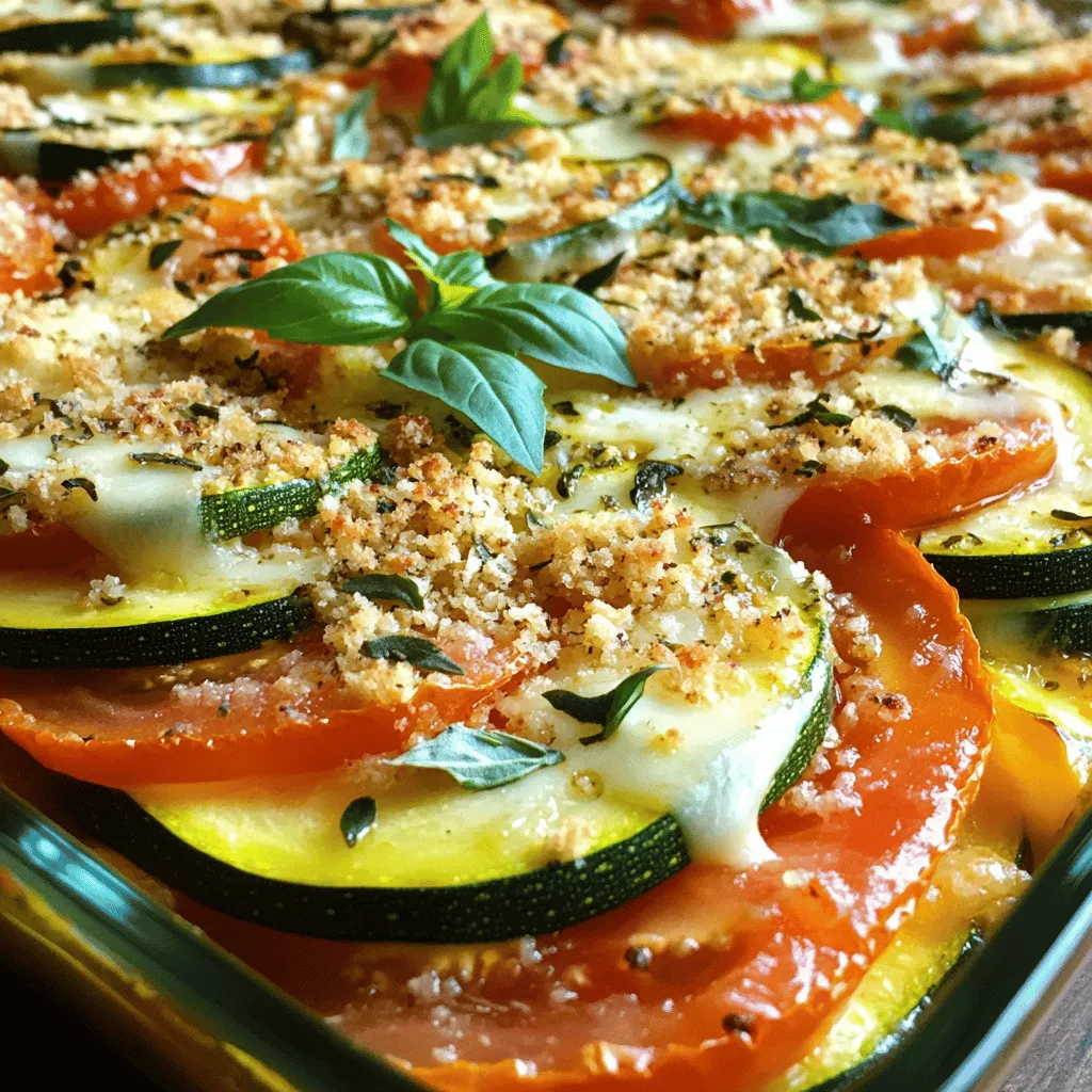 To make a tasty Zucchini Tomato Gratin, gather these ingredients: - 3 medium zucchinis, thinly sliced - 4 ripe tomatoes, thinly sliced - 1 medium onion, finely chopped - 3 cloves garlic, minced - 1 cup shredded mozzarella cheese - ½ cup grated Parmesan cheese - 1 teaspoon dried oregano - 1 teaspoon fresh basil, chopped (or ½ teaspoon dried basil) - 2 tablespoons olive oil - Salt and pepper to taste - ½ cup breadcrumbs (optional for topping) You will need a few tools to make this dish: - A large skillet for sautéing - A sharp knife for slicing - A cutting board for prep - A baking dish for layering - Aluminum foil for covering while baking - A mixing bowl for cheese When selecting zucchinis and tomatoes, look for these signs: - Choose zucchinis that are firm and smooth. Avoid any with soft spots. - Pick tomatoes that are bright and slightly soft to the touch. - If possible, buy local and seasonal produce for the best flavor. - Fresh herbs should be vibrant and fragrant. Always check for wilting leaves. These steps will help ensure your Zucchini Tomato Gratin is full of flavor. For the full recipe, check below. First, gather your ingredients. You need zucchinis, tomatoes, onion, and garlic. Wash all the vegetables well. Cut the zucchinis and tomatoes into thin slices. I like to use a sharp knife for this. Finely chop the onion and mince the garlic cloves. This step adds great flavor to the dish. Set the veggies aside when you finish. Grab a large baking dish. Start with a layer of zucchini slices at the bottom. This helps absorb juices and keeps the gratin moist. Next, add half of your onion-garlic mixture over the zucchini. Season with salt, pepper, and oregano. Then, add a layer of tomato slices. Repeat this process until all the veggies are used. Make sure to end with a layer of tomatoes on top. This creates a beautiful finish. In a bowl, mix your mozzarella and Parmesan cheese together. Sprinkle half of this cheese over the top layer of tomatoes. If you want a crunchy top, add breadcrumbs mixed with olive oil and any leftover cheese. This gives a great texture contrast. Now, it’s time to bake! Preheat your oven to 375°F (190°C). Cover your baking dish loosely with aluminum foil. Place it in the oven and bake for 25 minutes. After that, remove the foil. Let it bake for another 15 to 20 minutes. You will know it’s ready when the top is golden brown and bubbly. Once done, let the gratin cool for a few minutes. This helps the flavors settle. You can garnish with fresh basil for a pop of color. Enjoy your Zucchini Tomato Gratin! For the complete recipe, check the Full Recipe. For a great cheese melt, use fresh mozzarella. It melts better than pre-shredded cheese. Mix mozzarella with grated Parmesan for richer flavor. Make sure to layer cheese on top of the last tomato slice. This helps the cheese get golden and bubbly. Bake the dish uncovered for the last 15-20 minutes. This will help the cheese crisp up nicely. Seasoning makes a big difference in this dish. Use fresh herbs like basil and oregano for a bright taste. You can also add a pinch of red pepper flakes for heat. Try sprinkling some smoked paprika for a deeper flavor. Don't forget to taste and adjust salt and pepper. A little extra seasoning can take the dish to the next level. One common mistake is overcooking the vegetables. Zucchini can become mushy if you bake it too long. Another mistake is not layering properly. Make sure to alternate zucchini and tomato for even cooking. Also, avoid using too much cheese on the bottom. This can cause sogginess. Lastly, ensure the oven is preheated. A hot oven helps cook the dish evenly. For more details, check the Full Recipe. {{image_2}} You can easily swap ingredients to fit your diet. If you are gluten-free, use gluten-free breadcrumbs or skip the topping. For dairy-free options, try plant-based cheese instead of mozzarella and Parmesan. You can also use olive oil to replace butter for a vegan version. This dish stays tasty with these swaps. Different cheeses can change the taste of your gratin. Try goat cheese or feta for a tangy kick. If you want a sharper flavor, use aged cheddar or Gruyère cheese. Mixing cheeses adds depth and keeps your dish exciting. Experiment with what you have on hand for unique flavors. To make your gratin more filling, add proteins or grains. Cooked quinoa or rice can be layered with the vegetables. You could also add cooked chicken or sausage for extra protein. These additions make it a full meal. Adjust the baking time slightly if you add more ingredients. Check the gratin for doneness and enjoy every bite! For the complete recipe, see the Full Recipe section. To keep your zucchini tomato gratin fresh, let it cool. After it cools, cover it tightly with plastic wrap or transfer it to an airtight container. Store it in the fridge. It will stay good for about three to five days. When you want to enjoy your leftovers, preheat your oven to 350°F (175°C). Place the gratin in an oven-safe dish. Cover it with foil to keep it moist. Heat it for about 20 minutes. Check if it’s hot all the way through. If you want a crispy top, remove the foil for the last five minutes. If you want to keep the gratin longer, freezing is a great option. First, let it cool completely. Cut it into portions for easy use later. Wrap each piece in plastic wrap, then place them in a freezer bag. Squeeze out the air before sealing. Your gratin can last up to three months in the freezer. To reheat, thaw it in the fridge overnight before baking. Enjoy the full recipe for more tips! You can pair Zucchini Tomato Gratin with many dishes. A fresh side salad works well. Try a simple green salad with vinaigrette. Grilled chicken or fish also complements this dish. For a heartier meal, serve it with crusty bread. This adds a nice crunch to your meal. Yes, you can prepare Zucchini Tomato Gratin ahead. Just follow the recipe up to the baking step. Cover the dish tightly with foil or plastic wrap. Store it in the fridge for up to a day. When ready, bake it straight from the fridge. You may need to add a few extra minutes to the bake time. Absolutely! Zucchini Tomato Gratin is a vegetarian delight. This dish contains only fresh vegetables and cheese. It is a great way to enjoy seasonal produce without meat. Vegetarians will love the flavor and texture of this meal. To serve more people, simply double the ingredients. Use a larger baking dish to fit everything. Keep the same baking time, but check for doneness. If it looks undercooked, add a few extra minutes. For a crowd, this dish is both filling and tasty. You can find the Full Recipe for all the details. Zucchini Tomato Gratin is easy and fun to make. We covered the key ingredients and tools needed. Prepping veggies right leads to great taste. Layering the ingredients maximizes flavor, and baking them just right finishes the dish. Use tips to avoid common mistakes and achieve the perfect cheese melt. Feel free to swap out ingredients to fit your diet or add protein. Store any leftovers properly to enjoy them later. This dish is great for any meal, and it suits vegetarians too. Now, it’s your turn to try this recipe and enjoy a tasty gratin!