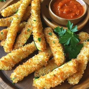 To make tasty zucchini fries, you need a few key items. Here’s what you’ll need: - 2 medium zucchinis, cut into fry shapes - 1 cup breadcrumbs (panko for extra crunch) - ½ cup grated Parmesan cheese - 1 teaspoon garlic powder - 1 teaspoon onion powder - 1 teaspoon Italian seasoning - Salt and pepper to taste - 2 large eggs - ¼ cup all-purpose flour - Olive oil spray These ingredients create a great base for your fries. The zucchini gives a fresh taste, while the cheese adds a nice flavor. You can make your zucchini fries even tastier with these extras: - 1 teaspoon paprika for a smoky kick - ½ teaspoon cayenne pepper for some heat - Fresh herbs like basil or parsley for a burst of color These options let you personalize your fries. Experiment with flavors until you find the mix you love. Each serving of zucchini fries has about: - 150 calories - 10g fat - 12g carbs - 5g protein These numbers may vary based on what you add. Zucchini fries are a healthier choice than regular fries, making them a smart snack option. Enjoy your crispy treat with less guilt! First, wash the zucchinis well. Trim the ends, then cut them into fry shapes. Aim for pieces about the same size. This helps them cook evenly. Place the cut zucchini onto a clean towel. Pat them dry to remove extra moisture. Drying helps the fries get crispy. Now, gather your bowls. In a shallow bowl, mix breadcrumbs, Parmesan cheese, garlic powder, onion powder, Italian seasoning, salt, and pepper. This mix gives great flavor. In another bowl, beat the two eggs. In a third bowl, add the flour. Start coating the zucchini fries. First, dredge each fry in flour. Then dip it into the beaten eggs. Finally, coat it well with the breadcrumb mix. Press gently to make sure it sticks. This process is key to a crispy texture. Preheat your oven to 425°F (220°C). Line a baking sheet with parchment paper. Place each coated fry in a single layer on the sheet. Make sure they don’t touch each other. This allows hot air to circulate. Lightly spray the tops with olive oil spray. Bake for about 20-25 minutes or until they turn golden brown. Flip them halfway through to ensure even cooking. Once done, let them cool for a few minutes. You can now enjoy these crispy zucchini fries as a tasty snack. For the full recipe, check above! To get your zucchini fries crispy, use panko breadcrumbs. They add extra crunch. Make sure to coat each fry well. Press the coating on firmly. This helps it stick during baking. A light spray of olive oil on top boosts crispness. Bake at a high temperature for the best results. Don’t skip the flour step. It helps the egg stick. Avoid crowding the baking sheet. Each fry needs space to get crispy. Flipping them halfway through baking is key. This ensures even cooking on all sides. Lastly, make sure your oven is preheated. A hot oven cooks them just right. Cut your zucchini evenly. This helps them cook at the same rate. Use a single layer on your baking sheet. If they touch, they won’t crisp up well. Rotate the baking sheet halfway for even heat. Keep an eye on them as they bake. You want a nice golden brown color. Follow these tips for perfect zucchini fries every time! For the Full Recipe, check the cooking section above. {{image_2}} You can enjoy zucchini fries in two main ways: baked or fried. Baking is simple and healthier. You just place them in the oven. They get crispy without too much oil. Frying gives a rich flavor and crunch. You heat oil in a pan and cook until golden. But frying adds more fat and calories. Choose based on your mood or health goals. You can spice up your zucchini fries with many flavors. Want a kick? Add cayenne pepper or chili powder. For a cheesy twist, mix in more Parmesan or cheddar cheese. You can also try ranch seasoning for a fun taste. Each flavor option makes your fries unique and exciting. Feel free to experiment with different herbs and spices too! If you need gluten-free fries, swap regular flour for almond or coconut flour. Use gluten-free breadcrumbs for the crunch. For vegan options, replace eggs with a mixture of flaxseed and water. This will help the coating stick without eggs. These changes keep the taste great while meeting dietary needs. Enjoy your fries without worry! To store leftover zucchini fries, let them cool first. Place them in an airtight container. Keep them in the fridge for up to three days. You can also layer them with parchment paper to avoid sogginess. This helps keep them crispy. To reheat your zucchini fries, use the oven or an air fryer. Preheat your oven to 400°F (200°C). Spread the fries on a baking sheet in a single layer. Bake for about 10 minutes. This method helps restore their crispiness. Avoid using the microwave, as it can make them soft. You can freeze zucchini fries before or after cooking. If you freeze them before baking, arrange them in a single layer on a baking sheet. Once frozen, transfer them to a freezer bag. They can last for up to three months. For cooked fries, place them in an airtight container. Thaw them in the fridge overnight before reheating. Enjoy your crispy zucchini fries anytime! For the full recipe, check the instructions provided. To make zucchini fries crispy, start by using panko breadcrumbs. These crumbs are light and airy, allowing for more crunch. Dredge each zucchini fry in flour first. This helps the egg wash stick better. After dipping in eggs, coat heavily with the breadcrumb mix. Finally, spray with olive oil before baking to enhance crispiness. Yes, you can air fry zucchini fries! Preheat your air fryer to 400°F (200°C). Place the fries in a single layer without crowding. Air fry for about 10-15 minutes, shaking the basket halfway through. This method gives you a crispy outside and keeps the inside tender. Zucchini fries taste great with many dips. Try marinara sauce for a classic touch. Garlic aioli is creamy and flavorful. You can also serve them with ranch dressing for a cool contrast. Other options include spicy ketchup or a tangy yogurt dip. Yes, zucchini fries are a healthier choice than regular fries. They are lower in calories and carbs. Zucchini is packed with vitamins and minerals. By baking instead of frying, you cut down on extra fats. This makes zucchini fries a smart snack option. Zucchini fries last about 3 to 4 days in the fridge. Store them in an airtight container to keep them fresh. Reheat in the oven or air fryer for the best texture. Avoid microwaving, as it can make them soggy. Yes, yellow squash works well in place of zucchini. The flavor is mild and similar. Just cut it into fry shapes like zucchini. The cooking time should remain the same. Enjoy a colorful twist on your zucchini fries! For the full recipe, click here: [Full Recipe]. Zucchini fries are a tasty, fun snack. You can make them crispy using the right steps. We discussed essential ingredients, tips, and variations to suit your taste. Remember, baking can give you a healthier fry, while frying offers a different crunch. Store leftovers properly and reheat for the best texture. This dish is simple, healthy, and packed with flavor. Experiment with different coatings and flavors to find your perfect fry. Enjoy making and sharing your delicious zucchini fries!