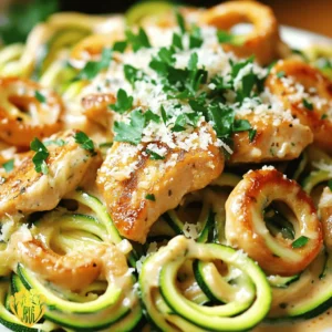 - 2 medium zucchinis, spiralized into noodles - 2 boneless, skinless chicken breasts - 1 cup heavy cream - 1 tablespoon olive oil - 3 cloves garlic, minced - Salt and pepper to taste - 1 cup grated Parmesan cheese - 1/4 teaspoon nutmeg - Fresh parsley, chopped (for garnish) When I make Zucchini Noodle Chicken Alfredo, I love using fresh ingredients. The zucchini noodles give the dish a light feel, while the chicken adds protein. Heavy cream makes the sauce rich and creamy. The olive oil is key for cooking the chicken perfectly. Garlic brings a wonderful aroma and flavor. Don't forget the salt and pepper! They enhance every bite. Parmesan cheese adds a salty, nutty taste that you cannot skip. A hint of nutmeg gives the sauce depth. Finally, fresh parsley brightens up the dish and adds a pop of color. For the full recipe, check out the detailed steps to create this creamy dinner delight. 1. Grab 2 medium zucchinis. 2. Use a spiralizer to turn them into long, noodle-like strands. 3. Once spiralized, set the noodles aside. 1. Take 2 boneless, skinless chicken breasts. 2. Season them with salt and pepper on both sides. 3. Heat 1 tablespoon of olive oil in a large skillet over medium heat. 4. Add the chicken to the skillet. Cook for 6-7 minutes on each side. 5. Make sure the chicken turns golden brown and is fully cooked. 6. Remove the chicken and let it rest for a few minutes. 7. Slice the chicken into strips once it has cooled. 1. In the same skillet, add 3 minced garlic cloves. 2. Sauté the garlic for about 30 seconds until it smells good. 3. Pour in 1 cup of heavy cream and bring it to a gentle simmer. 4. Stir the cream with the garlic to mix well. 5. Slowly add 1 cup of grated Parmesan cheese. Stir until the cheese melts and the sauce is creamy. 6. Sprinkle in 1/4 teaspoon of nutmeg and mix everything well. 1. Toss the zucchini noodles into the skillet with the Alfredo sauce. 2. Coat the noodles fully in the sauce. 3. Cook the noodles for 2-3 minutes until they are just tender. 4. Add the sliced chicken to the skillet. Mix gently to combine all the ingredients. 5. Taste your dish and adjust seasonings if needed. 6. Serve hot, garnished with fresh chopped parsley. For the complete recipe, refer to the [Full Recipe]. To get the perfect creaminess, use heavy cream. It gives a rich texture. Stir the cream gently over low heat. This helps it blend well with the cheese. If you heat it too fast, it can curdle. To avoid curdling, add the cheese slowly. Keep stirring as you add it. This helps create a smooth sauce. Cook zucchini noodles just right. They need only 2-3 minutes in the sauce. If you cook them too long, they get mushy. To keep their texture, use fresh zucchinis. Spiralize them right before cooking. This way, they stay firm. You can adjust this dish for different diets. If you need a dairy-free option, use coconut cream. It offers a nice flavor. For cheese, nutritional yeast works well for a cheesy taste. If you need a gluten-free option, make sure the chicken and other ingredients are certified gluten-free. Enjoy your meal with these simple swaps! Don’t forget to check the Full Recipe for more details. {{image_2}} You can swap chicken for shrimp or tofu. Shrimp cooks fast, about 3-4 minutes. Just add them in after the garlic. Tofu takes longer. You should sauté it until golden. Cook it for about 8-10 minutes. Adjust your cooking times based on the protein you use. This keeps your meal delicious and safe to eat. Adding fresh herbs and spices can boost taste. Basil, thyme, or oregano work great. You can mix in one teaspoon of dried herbs for depth. Try adding spinach or mushrooms for extra veggies. Sauté them with garlic before adding the cream. Each addition gives a new twist to this dish. For the full recipe, check [Full Recipe]. To store your Zucchini Noodle Chicken Alfredo, let it cool first. Place it in an airtight container. This keeps the flavors fresh. It will last in the fridge for 3 to 4 days. Make sure to check for any signs of spoilage before serving. When reheating, use a skillet over low heat. This helps keep the creamy texture. Stir gently to avoid sticking. You can also use a microwave. Heat in short bursts and stir in between. If you want to freeze it, part the dish into smaller portions. Use freezer-safe containers or bags. It lasts up to 2 months in the freezer. Thaw in the fridge overnight before reheating. Zucchini noodles, or zoodles, are thin strands made from zucchini. You can create them using a spiralizer or a vegetable peeler. They are a great low-carb alternative to pasta. Zucchini noodles are packed with nutrients and are low in calories. They provide fiber, vitamins, and minerals. This makes them a healthy choice for any meal. They soak up sauces well and offer a pleasant crunch. Plus, they are easy to make and can be used in many dishes. Yes, you can make this dish vegan! Instead of chicken, try using tofu or tempeh. For the sauce, swap heavy cream with coconut milk or cashew cream. Nutritional yeast can replace Parmesan cheese for a cheesy flavor. Use plant-based butter or olive oil for cooking. Adding fresh herbs like basil or thyme can enhance the flavor. These swaps create a creamy, tasty vegan version while keeping it delicious. To avoid watery zucchini noodles, start by salting them. After spiralizing, sprinkle salt on the noodles and let them sit for 10 minutes. This helps draw out excess moisture. Pat them dry with a paper towel before cooking. Cooking them briefly in the sauce also helps. Tossing them for just 2-3 minutes allows them to soften without becoming soggy. This way, you'll enjoy a flavorful meal without watery noodles. This blog post showed you how to make a tasty chicken Alfredo with zucchini noodles. We covered the main ingredients and easy steps to prepare the dish. You learned tips for perfect sauce and cooking. We also explored variations and storage options. In conclusion, this dish is fun to make and good for you. Enjoy cooking it your way!