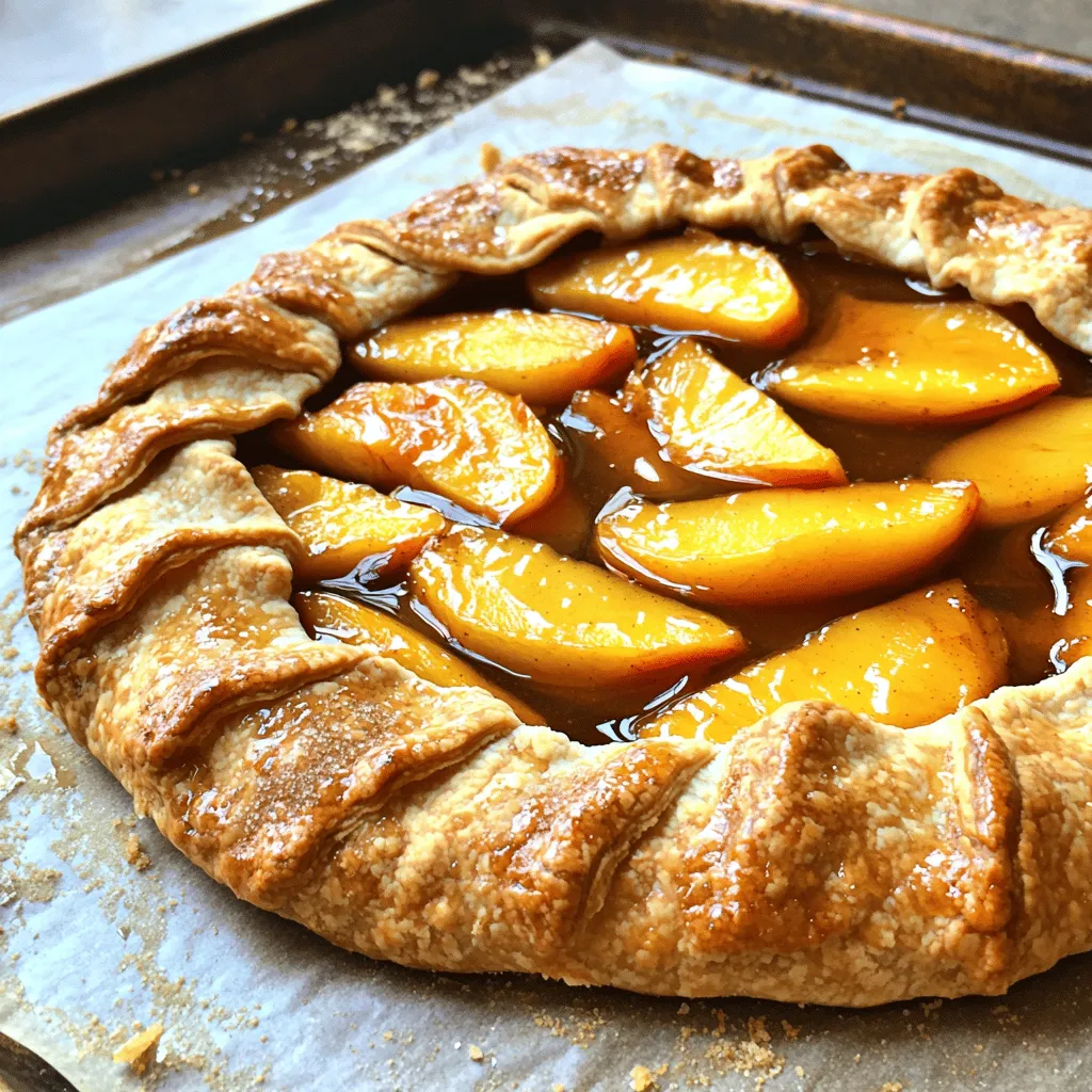 - 3 ripe peaches, sliced - 1 tablespoon lemon juice - 1 tablespoon sugar - 1 teaspoon vanilla extract - 1 pre-made pie crust (store-bought or homemade) - 1 tablespoon cornstarch - 1 egg, beaten (for egg wash) - 1 tablespoon butter, cut into small pieces - 1 tablespoon brown sugar (for sprinkling) To make a peach galette, you need simple and fresh ingredients. The star of this dessert is the peaches. Use ripe peaches for the best flavor. Their sweetness shines through. A splash of lemon juice helps brighten the taste. Sugar adds extra sweetness, while vanilla gives a warm aroma. The pie crust serves as a cozy blanket for the juicy filling. You can choose a store-bought pie crust or make your own if you prefer. Cornstarch helps thicken the peach juices, keeping the filling from being too runny. An egg wash gives the crust a lovely golden color when baked. Small pieces of butter add richness, and brown sugar on top creates a sweet, crunchy finish. - Using frozen peaches instead of fresh - Alternative sweeteners in place of sugar - Gluten-free pie crust options If fresh peaches are hard to find, frozen peaches work great. Just thaw and drain them before using. You can also swap sugar for honey or maple syrup for a different taste. If you need a gluten-free option, use a gluten-free pie crust. These swaps keep the galette tasty while catering to your needs. For the full recipe, check out the details above. First, slice the peaches. You need three ripe peaches for this. Place the slices in a bowl. Add one tablespoon of lemon juice and one tablespoon of sugar. This mix will brighten the flavors. Then, add one teaspoon of cornstarch. The cornstarch helps thicken the juices. Gently toss everything together. Let it sit for about ten minutes. This allows the peaches to release their natural juices. Next, take your pie crust. You can use store-bought or homemade. Roll it out on a floured surface. Aim for a rough circle about twelve inches wide. This crust will hold your filling. Carefully transfer the rolled crust to a baking sheet lined with parchment paper. Make sure it’s centered. Now, spoon your peach filling into the center of the crust. Leave about a two-inch border around the edges. This space is for folding. Fold the edges of the crust over the peaches. Create some pleats for a rustic look. It’s okay if the center stays open; this adds to the charm. Brush the crust with a beaten egg. This gives it a lovely golden color. Dot the peach filling with small pieces of butter. Then, sprinkle one tablespoon of brown sugar on top. This step adds sweetness and helps caramelize the peaches. Preheat your oven to 375°F (190°C). Place the galette in the oven. Bake it for about 30 to 35 minutes. You want the crust to turn golden brown. The peaches should be bubbling with joy. Once baked, let the galette cool a bit before you slice. Enjoy your easy peach galette with a scoop of ice cream or whipped cream. For the full recipe, check the details provided. To get a flaky crust, use cold ingredients. Cold butter and water make a big difference. Don’t overwork the dough; mix just until combined. Chilling the crust is key. Place it in the fridge for at least 30 minutes. This helps the butter firm up, giving you that nice, flaky texture. A warm peach galette tastes amazing with ice cream. A scoop of vanilla ice cream on top adds creaminess. Whipped cream works well too. For presentation, add fresh mint leaves. They add color and a nice touch of flavor. You can also sprinkle some extra sugar on top for a little sparkle. One common mistake is overcooking the peaches. Keep an eye on them while baking. You want them soft but not mushy. Another mistake is not letting the filling rest. Allowing the mixture to sit for 10 minutes helps the flavors meld. This step is easy but makes a big difference in taste. {{image_2}} You can make your peach galette even better by mixing in other fruits. Try adding berries like blueberries or raspberries. Their sweetness and tartness will add a nice twist. Apples also work well. They provide a crunchy texture and balance the soft peaches. Add spices to boost the flavor. A sprinkle of cinnamon gives warmth and depth. Nutmeg is another great choice. It adds a sweet, nutty taste that pairs well with peaches. You can also play with fresh herbs. Thyme or basil can bring a unique taste. Just a pinch can make a big difference. Switch up the dough for a new experience. Puff pastry makes a flaky and light crust. It adds a fun texture to your galette. You can also use a sweet biscuit dough. This option gives a different flavor and is easy to make. Each dough can change how your galette tastes. Don't be afraid to experiment! For the complete recipe, check out the Full Recipe. To store leftovers in the fridge, let the peach galette cool down first. Then, wrap it in plastic wrap or place it in an airtight container. This helps keep it fresh. The galette stays good for up to three days in the fridge. When you want to enjoy it again, just take it out and let it sit at room temperature for a bit. You can freeze the unbaked galette if you want to use it later. After you assemble the galette, wrap it tightly in plastic wrap and then in foil. This way, it will not get freezer burn. It can stay frozen for about three months. When you are ready to bake it, take it out and let it thaw in the fridge overnight. To reheat the galette without drying it out, preheat your oven to 350°F (175°C). Place the galette on a baking sheet. Cover it loosely with aluminum foil. This will help keep moisture in. Bake for about 10-15 minutes or until it is warm. Enjoy it as a sweet treat! For the full recipe, check out the Easy Peach Galette. A peach galette is a simple, rustic dessert. It is a type of French pastry. You make it with fresh peaches and pie crust. Unlike a pie, it has no strict shape. The crust folds over the fruit, giving it a charming look. This dessert lets the peaches shine, with their sweet and juicy flavor. Yes, you can use many fruits in a galette! Seasonal fruits work best. Try berries, apples, or pears. You can mix fruits, too. For example, peaches and blueberries go well together. Just adjust the sugar based on the fruit's sweetness. A baked peach galette lasts about 2 to 3 days. Store it in the fridge. Make sure to cover it well. The crust may soften over time, but it will still taste good! You can prepare the galette ahead of time. Make the filling and crust, then store them separately. Keep them in the fridge for up to a day. When you are ready to serve, assemble and bake it fresh. This keeps the crust nice and crispy. You can serve a peach galette warm or cold. Warm is best if you want to enjoy it fresh from the oven. Cold is nice if you prefer a refreshing treat. Pair it with ice cream or whipped cream for extra flavor. In this post, we explored how to make a delicious peach galette using simple ingredients. You learned about key ingredients, substitutions, and step-by-step instructions. We also shared tips for perfecting your crust and different variations to try. Remember, storing your galette properly can keep it fresh longer. Explore new flavors and share it with friends. Enjoy creating this rustic dish as much as I do! Your kitchen will be filled with the sweet aroma of baked peaches.