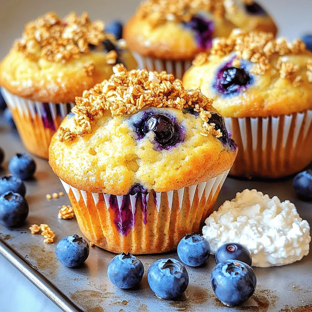 - 1 cup cottage cheese - 1/2 cup milk - 1/4 cup honey or maple syrup - 2 large eggs - 1 teaspoon vanilla extract - 1 1/2 cups all-purpose flour - 1/2 teaspoon baking soda - 1 tablespoon baking powder - 1/2 teaspoon salt - 1 1/2 cups fresh blueberries - Zest of 1 lemon - 1/4 teaspoon ground cinnamon (optional) - 1/4 cup granola (for topping, optional) In this recipe, cottage cheese is the star. It adds moisture and protein. You can use low-fat or full-fat cottage cheese based on your preference. Milk makes the batter smooth and creamy. I enjoy using honey, but maple syrup works great too. Next, we have eggs. They bind the ingredients and add richness. The vanilla extract gives a lovely flavor. For the dry mix, all-purpose flour is the best choice. Baking soda and baking powder help the muffins rise. Salt brings out the sweetness. Fresh blueberries burst with flavor. You can use frozen blueberries if fresh ones are not available. Lemon zest adds a bright note to the muffins. Ground cinnamon is optional, but it adds warmth. Finally, granola on top gives a nice crunch. - Lemon zest for flavor - Granola for a crunchy topping Feel free to skip the cinnamon or granola if you prefer a simpler muffin. You can adjust the sweetness and flavors based on your taste. This recipe is all about making these muffins your own! For the full recipe, check out the detailed instructions. - Preheat your oven to 375°F (190°C). - Line a muffin tin with paper liners or lightly grease it. - In a large bowl, combine 1 cup cottage cheese, 1/2 cup milk, 1/4 cup honey, 2 eggs, and 1 teaspoon vanilla extract. Mix well until blended. - In another bowl, whisk together 1 1/2 cups flour, 1/2 teaspoon baking soda, 1 tablespoon baking powder, 1/2 teaspoon salt, lemon zest, and 1/4 teaspoon cinnamon if you choose to use it. - Gradually add the dry mixture to the wet mixture. Stir gently until just combined. - Fold in 1 1/2 cups blueberries carefully to avoid breaking them. - Spoon the batter into the muffin tin, filling each cup about two-thirds full. Optionally, sprinkle 1/4 cup granola on top for a fun crunch. - Bake for 18-20 minutes, or until a toothpick comes out clean. - Let the muffins cool in the pan for 5 minutes, then transfer them to a wire rack. This simple process gives you tasty cottage cheese blueberry muffins that are perfect for breakfast or a snack. For the full details, check the Full Recipe. Enjoy! To get the best muffins, avoid overmixing the batter. Mix just until the dry and wet ingredients blend. Overmixing makes muffins dense and tough. Fresh blueberries are best for flavor and texture. If you use frozen blueberries, do not thaw them. Add them straight to the batter to keep them from turning mushy. Adding lemon zest brightens the muffins. It gives them a fresh taste. You can also add ground cinnamon for warmth. It pairs well with blueberries. For serving, try a dollop of cottage cheese or Greek yogurt on the side. Top with a few fresh blueberries for color and fun. One big mistake is not preheating the oven. Always preheat it to 375°F (190°C) before baking. This helps the muffins rise and cook evenly. Another mistake is measuring ingredients incorrectly. Use measuring cups and spoons for accuracy. This makes a big difference in your muffins’ taste and texture. {{image_2}} You can switch things up by using Greek yogurt instead of cottage cheese. Greek yogurt gives muffins a creamy texture and adds protein. You can also change sweeteners. For instance, use agave syrup instead of honey. This change can make your muffins less sweet and give a different flavor. Feel free to get creative with flavor additions. You can mix in nuts like walnuts or pecans for a crunchy bite. Adding extra fruits like raspberries or sliced bananas can also enhance the taste. Spices like nutmeg or cardamom can take the muffins to a new level. Just a pinch can add warmth and depth. If you need gluten-free options, use almond flour or oat flour instead of all-purpose flour. This swap keeps the muffins soft and tasty. For vegan adaptations, replace eggs with flax eggs or applesauce. Use plant-based milk and keep the honey out. This way, everyone can enjoy these tasty treats. For the full recipe, refer to the previous section to get started on your Cottage Cheese Blueberry Muffins. To keep your cottage cheese blueberry muffins fresh, store them in an airtight container. This helps avoid drying out. If you want to refrigerate them, place the muffins in the container for up to a week. Make sure they cool completely before sealing. If you want to keep them longer, freezing is a great option. Wrap each muffin in plastic wrap or foil, then place them in a freezer bag. They can stay fresh for up to three months in the freezer. When you're ready to enjoy your muffins again, reheating is simple. Preheat your oven to 350°F (175°C). Place the muffins on a baking sheet and heat for about 5-10 minutes. This method helps keep them warm and soft. If you want to use the microwave, heat each muffin for 20-30 seconds. To keep them moist, cover them with a damp paper towel. This step helps prevent them from drying out. Enjoy your delicious muffins warm! Cottage cheese blueberry muffins have a soft and moist texture. The cottage cheese adds creaminess. You will also notice a slight chew from the flour. The blueberries burst with juice, making each bite refreshing. They are not dense like some muffins; instead, they feel light and airy. This texture makes them perfect for breakfast or a snack. Yes, you can use many fruits in this recipe. Raspberries, strawberries, or chopped apples work great. You can even mix fruits for fun flavors. Consider adding bananas for natural sweetness. Each fruit adds its unique taste and texture. Just be sure to adjust the sweetness if your fruit is very sweet. Cottage cheese blueberry muffins can last about 3 to 5 days. Store them in an airtight container at room temperature. If you want to keep them longer, freeze them. They freeze well and can last for up to 3 months. Just reheat them in the oven or microwave before serving. Yes, you can prepare the batter in advance. Mix the wet and dry ingredients separately. Store them in the fridge for up to 24 hours. When you are ready, combine them and fold in the blueberries. This saves time when you want fresh muffins quickly. Enjoy the ease of prep without losing flavor! Make delicious cottage cheese blueberry muffins with easy steps. We covered ingredients, mixing, and baking techniques. Remember to avoid overmixing for the best texture. Try adding lemon zest or granola for extra flavor. You can also make smart swaps for dietary needs. In conclusion, these muffins are simple, tasty, and customizable. You can enjoy them fresh or store for later. Happy baking!