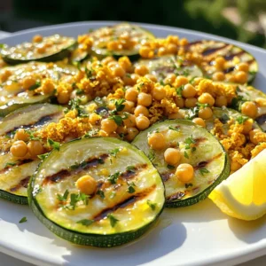 - 2 medium zucchinis, sliced into 1/4-inch rounds - 1 can (15 oz) chickpeas, drained and rinsed - 3 tablespoons olive oil - Juice and zest of 1 lemon - 1 teaspoon garlic powder - 1 teaspoon smoked paprika - Salt and pepper, to taste - Fresh parsley, chopped - Optional pairings, like quinoa or couscous When choosing your zucchinis, look for firm ones with shiny skin. This ensures they are fresh and flavorful. For the chickpeas, canned ones work great. Just remember to rinse them well to remove excess sodium. Olive oil adds richness and helps everything grill nicely. The lemon juice and zest brighten the dish. Garlic powder adds depth, while smoked paprika gives it a warm flavor. Salt and pepper enhance all these tastes. After cooking, I love to sprinkle fresh parsley on top. It adds color and a fresh taste. For serving, I often pair this with fluffy quinoa or couscous. These grains soak up the lemon juice and balance the dish. You can find the full recipe details above to guide your cooking! 1. Preheat your grill or grill pan: Set it to medium-high heat. This step ensures that your zucchini gets those perfect grill marks. 2. Prepare the chickpeas: In a bowl, combine the drained chickpeas with 1 tablespoon of olive oil, garlic powder, smoked paprika, salt, and pepper. Toss them well. This seasoning will add a nice kick to your chickpeas. 1. Roast chickpeas in the oven: Spread the seasoned chickpeas on a baking sheet. Roast them at 400°F (200°C) for 20-25 minutes. Stir halfway through. They should become crispy and golden. 2. Grill zucchini slices: In another bowl, mix the sliced zucchinis with olive oil, lemon zest, salt, and pepper. Once the grill is hot, place the zucchini slices directly on the grill. Grill for about 3-4 minutes on each side. They should be tender with nice grill marks. 1. Drizzle with lemon juice: After grilling, remove the zucchini and squeeze fresh lemon juice over them. This adds a bright, zesty flavor. 2. Arrange on a platter: Place the grilled zucchini on a large platter. Sprinkle the crispy chickpeas on top. Garnish with fresh chopped parsley for a pop of color. For more detailed instructions, check the Full Recipe. To make your chickpeas crispy, start with dry chickpeas. Drain and rinse them well. Pat them dry with a kitchen towel. Use a good amount of olive oil for even coating. Roast them at 400°F for 20-25 minutes. Stir halfway through for even cooking. You can try different seasonings too. Add cumin for a warm flavor or cayenne for heat. Each change will give you a new taste. For grilled zucchini, heat your grill to medium-high. This temperature helps create nice grill marks. Place slices directly on the grill. Grill for about 3-4 minutes on each side. Check for tenderness; they should be soft but not mushy. Remember, overcooking can lead to loss of flavor and texture. When serving, choose a large white plate. Arrange the zucchini in a circular pattern. Scatter the crispy chickpeas on top for a colorful look. Add a lemon wedge on the side for zest. Finally, sprinkle fresh parsley for an eye-catching finish. This makes the dish pop and invites everyone to dig in. For the full recipe, check the details above. {{image_2}} You can switch up the veggies in this dish. Try bell peppers, asparagus, or eggplant. Each adds its own flavor. For seasonings, consider using cumin or Italian herbs. These can give a unique twist to your meal. This recipe is naturally vegan, which is great for plant lovers. If you need gluten-free options, you’re in luck! The dish is gluten-free as it stands. For low-sodium diets, skip the added salt. Use herbs and spices to boost flavor instead. Serve your dish in a bowl for a casual meal. Just layer the zucchini and crispy chickpeas. This makes a great main dish or a side dish for grilled meats. Either way, it looks and tastes amazing. To store leftovers, let the dish cool first. Place the zucchini and chickpeas in an airtight container. This keeps them fresh and tasty. Use glass or plastic containers with tight lids for the best results. Store in the fridge for up to three days. You can freeze this dish, but it’s best to do it separately. Freeze the chickpeas on a baking sheet first. Once frozen, transfer them to a freezer bag. For zucchini, blanch it before freezing. This helps keep the color and texture. You can freeze both for up to three months. To reheat, use the oven or a stovetop. For chickpeas, heat them at 350°F (175°C) to keep them crispy. You can add a drop of olive oil if they seem dry. For zucchini, warm it gently. You want it to heat up without becoming mushy. Enjoy your leftovers! To get crispy chickpeas, start by drying them well. Use a clean towel to remove moisture. This helps them crisp up nicely. Next, coat them lightly with olive oil and spices. Don’t overcrowd the baking sheet; this allows hot air to circulate. Roast them at 400°F for 20-25 minutes. Stir them halfway through for even crispiness. Yes, you can prep this dish in advance. You can cook the chickpeas early and store them in an airtight container. Keep the grilled zucchini and chickpeas separate. This helps maintain their texture. When ready to serve, you can reheat the chickpeas in the oven for a few minutes. This dish goes well with a fresh salad or a grain bowl. You might try it with quinoa or brown rice. It also complements grilled meats or fish nicely. For a light meal, serve it with hummus and pita bread. For detailed recipe instructions, check the [Full Recipe](#). This article covered how to make Lemony Grilled Zucchini with Crispy Chickpeas. We started with key ingredients and explored their flavors. Next, we walked through preparation and cooking steps. I shared tips for achieving tasty textures and beautiful presentations. We also discussed variations and storage options. Remember, cooking is about fun and creativity. Experiment with these ideas to make this dish your own. Your kitchen can be a place for healthy, joyful meals!