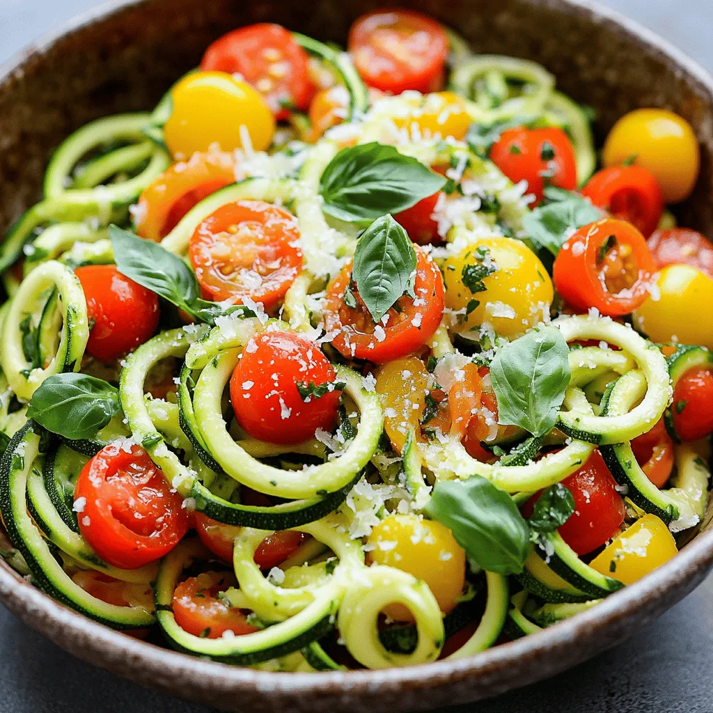 To make this zucchini pasta dish, gather the following ingredients: - 4 medium zucchinis - 1 cup cherry tomatoes, halved - ½ cup bell peppers, diced (your choice of color) - 1 cup fresh basil leaves, chopped - 2 cloves garlic, minced - ¼ cup olive oil - 1 teaspoon red pepper flakes (adjust to taste) - Salt and pepper to taste - ¼ cup grated Parmesan cheese (optional for serving) These ingredients come together to create a fresh and tasty meal. Zucchini forms the base, giving you delicious noodles without the carbs. Cherry tomatoes add sweetness, while bell peppers lend a nice crunch. Fresh basil brings a bright flavor that ties everything together. Garlic and olive oil add depth and richness. Red pepper flakes give a slight kick, which you can adjust based on your taste. Finally, Parmesan cheese adds creaminess if you choose to use it. For the Full Recipe, follow the instructions in the next section to enjoy this simple and flavorful delight! 1. Washing and spiralizing zucchinis Start by washing the zucchinis under cold water. This removes dirt and makes them clean. Next, take a spiralizer and create noodles. If you don’t have one, slice the zucchinis into thin ribbons with a vegetable peeler. Set your noodles aside for later. 2. Cooking the garlic and vegetables In a large skillet, pour in the olive oil and heat it over medium heat. Add the minced garlic and cook for about 1 minute. The smell will fill your kitchen. Then, toss in the diced bell peppers. Sauté them for 3-4 minutes until they soften. 3. Incorporating zucchini noodles into the dish Now, add the halved cherry tomatoes and red pepper flakes. Cook for another 2-3 minutes. The tomatoes will soften and release their juices. Gently fold in the zucchini noodles. Stir for 2-3 minutes, cooking just until warm. You want to keep that nice crunch. Season with salt and pepper to taste. Finally, mix in the chopped basil leaves. Toss everything for another minute. Serve your zucchini pasta in bowls. You can top it with grated Parmesan cheese if you like. For the full recipe, check the details above! - Best practices for spiralizing zucchini: Start with firm zucchinis. Cut off the ends first. Then, use a spiralizer for long noodles. If you don’t have one, a vegetable peeler works too. Just peel thin ribbons from the zucchini. - How to prevent watery noodles: To avoid watery noodles, salt the zucchini first. Sprinkle salt on the noodles and let them sit for about 10 minutes. This helps draw out moisture. Pat them dry with a paper towel before cooking. - Achieving the perfect crunch: Cook zucchini noodles quickly. Just two to three minutes in a hot skillet keeps them crunchy. Stir gently to avoid breaking them. You want them warm but still firm. - Presentation ideas for zucchini pasta: Serve in a large bowl for family-style dining. For individual plates, twirl the noodles into nests. Top with fresh basil and a sprinkle of cheese. A drizzle of olive oil adds a nice touch. - Pairing options with proteins: Zucchini pasta pairs well with grilled chicken, shrimp, or tofu. These proteins add flavor and make the dish more filling. Choose your favorite protein to complement the flavors. - Garnishes to enhance flavor: Fresh herbs like parsley or basil brighten the dish. A squeeze of lemon juice adds freshness. For a spicy kick, sprinkle some extra red pepper flakes on top. {{image_2}} You can change this dish by using different vegetables. Try carrots, squash, or even beets. These veggies add color and taste. You can also mix in some leafy greens like spinach or kale. They cook fast and boost nutrition. Adding nuts or seeds brings nice texture. Pine nuts, almonds, or sunflower seeds work well. Toss them in at the end for a crunchy bite. This makes your zucchini pasta more exciting and filling. If you need gluten-free options, this recipe is great. Zucchini noodles are naturally gluten-free, so you are all set. Just make sure to check any added sauces or toppings. For a vegan adaptation, skip the Parmesan cheese. Instead, use nutritional yeast for a cheesy flavor without dairy. You can also add more veggies for protein. Chickpeas or lentils make a tasty addition. They boost protein and keep the dish hearty. Explore these variations to keep your zucchini pasta fresh and fun! For the full recipe, check out the earlier section. To keep your zucchini pasta fresh, use airtight containers. Glass or plastic containers work well. Make sure they seal tightly to prevent air from getting in. This keeps your dish tasty for longer. Refrigerate your leftovers within two hours of cooking. They will stay good for about three days. If you plan to eat them later, store them in smaller portions. This way, you can grab just what you need. When reheating, aim for methods that keep the texture. You can use a skillet over low heat. Add a splash of water or olive oil to help steam the noodles. Stir gently until warm. Avoid using a microwave, as it can make the noodles soggy. If you want to freeze zucchini pasta, do so before adding the sauce. Place the noodles in a freezer bag. Remove as much air as possible before sealing. They can last up to three months in the freezer. When ready to eat, thaw them in the fridge overnight. Then, reheat on the stove with your favorite sauce. For the full recipe, check out the details above. Yes, you can make zucchini pasta ahead of time. I suggest spiralizing the zucchinis and storing them in the fridge. Use an airtight container. They will stay fresh for about two days. When you’re ready to cook, sauté them quickly. This keeps the noodles crisp. You can use a vegetable peeler to make zucchini noodles. Simply peel thin strips from the zucchini. Keep peeling until you reach the seeds in the center. You can also use a box grater. Just grate the zucchini lengthwise for thin noodles. Both methods work well and give you great results. Zucchini pasta is low in calories and high in nutrients. It is rich in vitamins A and C, which are great for your skin and eyes. Zucchini also has fiber, which aids in digestion. Plus, it’s a great low-carb option for a healthy meal. Enjoy the benefits while you savor this delicious dish! This post covered how to create delicious zucchini pasta. We talked about the key ingredients, like zucchini and cherry tomatoes, and shared easy cooking steps. I offered tips to avoid watery noodles and ways to serve your dish. Don't forget to try the variations for different diets. Lastly, we explored storage tips to keep leftovers fresh. Zucchini pasta is fun to make and healthy too. Use these ideas to enjoy every bite.