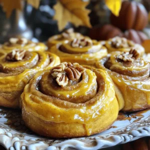 To make these pumpkin cinnamon rolls, gather the following items: - 2 cups all-purpose flour - 1/2 cup pumpkin puree - 1/4 cup granulated sugar - 1/4 cup brown sugar - 1/2 teaspoon salt - 1 teaspoon baking soda - 1 teaspoon baking powder - 1 teaspoon ground cinnamon - 1/2 teaspoon nutmeg - 1/2 teaspoon ginger - 1/2 cup warm milk (around 110°F) - 1/4 cup unsalted butter, melted - 1 large egg - 1/4 cup finely chopped pecans (optional) For the sweet brown butter frosting, you will need: - 1/2 cup unsalted butter - 1 cup powdered sugar - 1 teaspoon vanilla extract - 1 tablespoon milk (or more as needed) To make your rolls even more special, consider these add-ins: - 1/4 cup finely chopped pecans for a crunchy twist - 1/4 cup raisins or cranberries for a fruity kick - A dash of orange zest for a fresh, bright flavor These ingredients create a delicious base for the pumpkin cinnamon rolls. They blend well together and give a warm, cozy taste. Don't forget to check the Full Recipe for detailed steps and tips! To make the dough, start with a large bowl. Combine 2 cups of all-purpose flour, 1/4 cup of granulated sugar, 1/4 cup of brown sugar, 1/2 teaspoon of salt, 1 teaspoon of baking soda, 1 teaspoon of baking powder, and 1 teaspoon of ground cinnamon. Add 1/2 teaspoon of nutmeg and 1/2 teaspoon of ginger for that cozy flavor. Mix all of these dry ingredients well. In another bowl, whisk together 1/2 cup of warm milk, 1/4 cup of melted unsalted butter, and 1 large egg until they blend. Then, fold in 1/2 cup of pumpkin puree until smooth. Pour this mixture into the dry ingredients and stir until a sticky dough forms. Knead the dough on a floured surface for about 5 minutes until it feels smooth. For the filling, mix softened butter, 1/4 cup of brown sugar, and 1 teaspoon of ground cinnamon in a small bowl. Stir until it forms a smooth paste. If you want, add 1/4 cup of finely chopped pecans for extra crunch. This mix will give your rolls a delightful flavor. After the dough rises for about 1 hour, roll it out on a floured surface into a rectangle. Aim for about 14x10 inches. Spread the filling evenly on the dough, leaving a small border. Starting from one long edge, roll the dough tightly into a log. Slice the log into 12 equal pieces. Place these rolls in a greased baking dish, making sure to leave space between each. Cover the rolls with a towel and let them rise again for about 30 minutes. Preheat your oven to 350°F (175°C). Bake the rolls for 20–25 minutes or until they turn golden brown. While they bake, prepare the brown butter frosting. Melt 1/2 cup of unsalted butter over medium heat until it turns golden brown and smells nutty. Let it cool slightly. Mix the brown butter with 1 cup of powdered sugar, 1 teaspoon of vanilla extract, and enough milk to reach your desired consistency. Once the rolls are done, let them cool for a few minutes. Drizzle the frosting generously over the warm rolls. For the full recipe, check out the detailed instructions. Enjoy your delicious pumpkin cinnamon rolls! To get fluffy cinnamon rolls, you need to focus on the dough. Start with warm milk, about 110°F, to wake up the yeast. This heat helps it bloom well. Knead your dough until it feels smooth and elastic, which usually takes about five minutes. After mixing, let it rise in a warm spot. This helps the dough double in size, giving you those soft rolls you crave. Brown butter adds a deep, nutty taste to your frosting. To make it right, cook the butter over medium heat. Watch it closely as it melts. Stir often until it turns golden brown. The nutty aroma means it’s ready. Let it cool a bit before mixing it with the sugar and milk. This will keep the frosting creamy and smooth. Adjust the milk to get your desired thickness. One big mistake is rushing the rising time. Don’t skip letting the dough rise twice. This step is key for fluffiness. Also, be careful not to overbake your rolls. They should be golden, not dark brown. For the frosting, don’t skip browning the butter; it makes a huge difference. For more tips, check out the full recipe for further guidance. {{image_2}} You can switch things up with different spices. Try adding allspice or cardamom for a new twist. You can also use sweet potato or butternut squash instead of pumpkin. These changes make the rolls unique but still tasty. To make these rolls vegan, replace the egg with flaxseed meal mixed with water. Use almond milk instead of warm milk. For gluten-free rolls, swap all-purpose flour for a gluten-free blend. Just make sure it has xantham gum to help with texture. These small changes keep the flavor while accommodating different diets. Adding nuts or dried fruits can make these rolls even better. Chopped pecans or walnuts give a nice crunch. You can also fold in raisins or cranberries into the filling. This adds sweetness and chewiness. For even more fun, sprinkle some chocolate chips on top before rolling. It makes a delightful treat that everyone will love. To keep your pumpkin cinnamon rolls fresh, store them in an airtight container. This helps seal in moisture and keeps them soft. You can leave them out at room temperature for up to two days. If you want to keep them longer, refrigeration is a good option. Just remember to wrap them in plastic wrap or foil first. If you want to save some cinnamon rolls for later, freezing works well. First, let the rolls cool completely. Then, wrap each roll tightly in plastic wrap. Place the wrapped rolls in a freezer bag or a container. They can last up to three months in the freezer. When you’re ready to enjoy them, just thaw them in the fridge overnight. To reheat your rolls, you have options. For a quick fix, use the microwave. Heat them for about 15 to 20 seconds. If you prefer a crispy outside, use the oven. Preheat it to 350°F (175°C) and warm the rolls for about 5–10 minutes. This keeps the insides soft while giving the outside a nice texture. Enjoy your delicious pumpkin cinnamon rolls warm! You can find the full recipe above. Yes, you can use canned pumpkin puree. It saves time and works well. Just make sure it is pure pumpkin and not a pie filling. This will keep your rolls tasty and authentic. These cinnamon rolls stay fresh for about 2 to 3 days at room temperature. Store them in an airtight container. You can also freeze them for longer storage, up to 3 months. Yes, you can prepare the dough the night before. Just cover it tightly and place it in the fridge. Let it rise the next day for about an hour at room temp before using. If you prefer not to use brown butter, regular melted butter works great. The flavor will be different, but it will still taste good. You can also try cream cheese for a richer taste. For the full recipe, check out the details above! In this post, we explored the tasty world of pumpkin cinnamon rolls. We covered the key ingredients, detailed steps to make them, and shared tips for perfect results. We also looked at variations and storage options to keep your rolls fresh. These warm rolls can bring joy to any table. Enjoy making them and trying your favorite flavors!