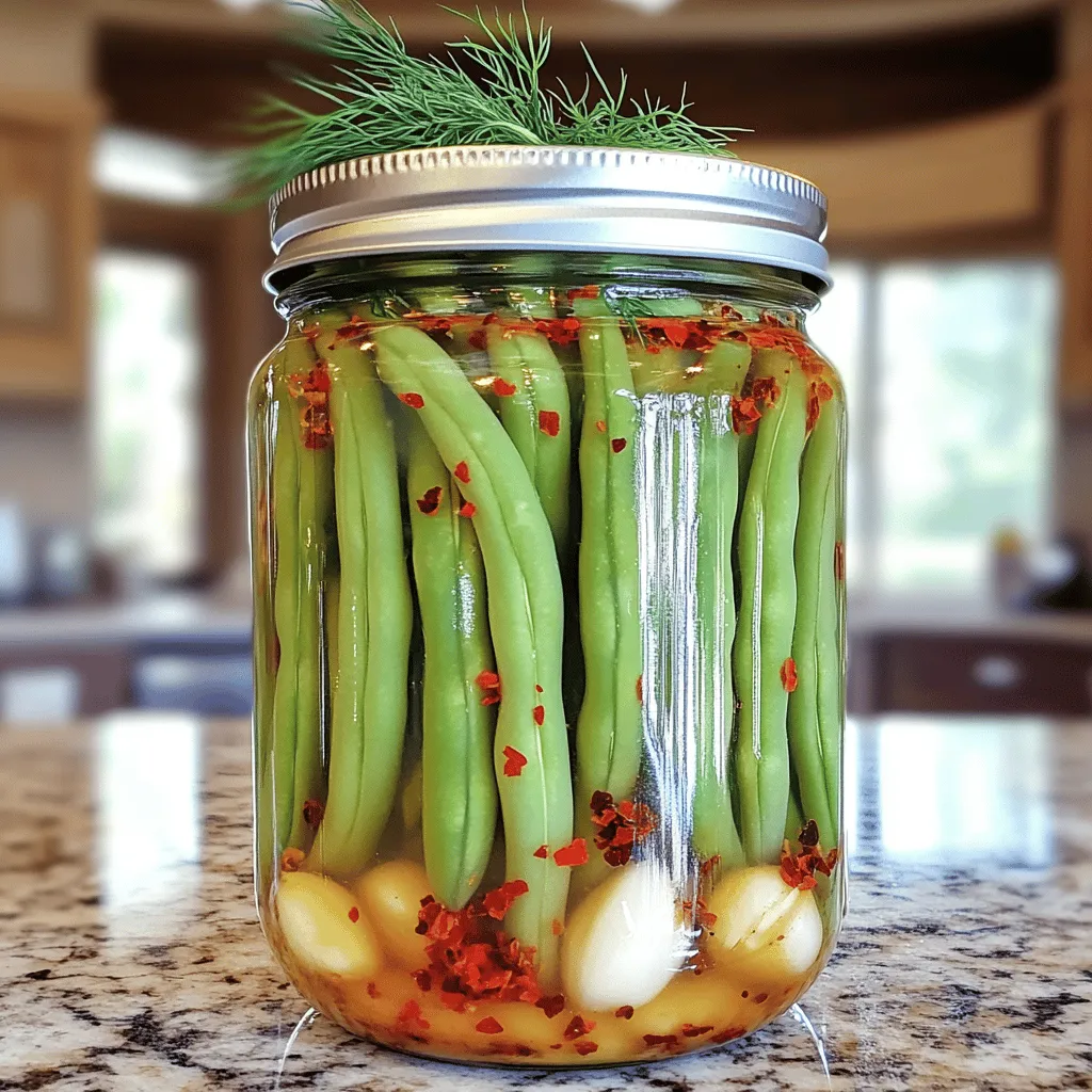 - 1 pound fresh green beans, trimmed - 1 cup water - 1 cup distilled white vinegar - 2 tablespoons granulated sugar - 2 tablespoons kosher salt - 4 cloves garlic, peeled and smashed - 1 tablespoon dill seeds - 1 teaspoon red pepper flakes (adjust to taste) - 1 teaspoon mustard seeds - 1 teaspoon black peppercorns - Optional: fresh dill sprigs for garnish To make spicy dilly beans, you need a few tools: - A large pot for blanching - A medium saucepan for the brine - Sterilized jars (like pint jars) for storage - A bowl of ice water - Tongs or a slotted spoon for handling beans When selecting green beans, look for bright green ones. They should be firm and crisp. Avoid beans with brown spots or wrinkles, as these may indicate age. Fresh beans have a sweet smell and snap when bent. Choose organic if possible. This choice often means better taste and fewer chemicals. Freshness makes all the difference in your spicy dilly beans. For the best flavor, use them within a few days of purchase. First, you need to blanch the green beans. Start by boiling water in a large pot. Add the trimmed green beans to the pot. Boil them for 3-4 minutes. You want them bright green and tender-crisp. After boiling, remove the beans and quickly place them in ice water. This stops the cooking. Let them cool for about 5 minutes. Then, drain them and set aside. This step keeps your beans crunchy. Next, we’ll make the brine. In a medium saucepan, combine 1 cup of water, 1 cup of distilled white vinegar, 2 tablespoons of sugar, and 2 tablespoons of kosher salt. Heat this mixture over medium-high heat. Stir until the sugar and salt dissolve. Once dissolved, add in the smashed garlic, dill seeds, red pepper flakes, mustard seeds, and black peppercorns. Lower the heat and let it simmer for 5 minutes. This helps the flavors mix well and gives a kick to your beans. Now, it’s time to pack the jars. Use sterilized jars for best results. Stand the blanched green beans upright in the jars. Pack them tightly to fit as many as possible. Pour the hot brine over the beans until they are fully submerged. Leave about ½ inch of space at the top of each jar. If you want, add fresh dill sprigs on top. This adds more flavor and looks nice. Allow the jars to cool to room temperature. Once cool, seal the jars with lids. Place them in the fridge for at least 24 hours. The flavors will grow stronger over the next week. You can find the full recipe in the main article to guide you through these steps. To get that perfect crunch in your spicy dilly beans, follow these steps. First, always use fresh beans. Look for bright green, firm beans; they should snap easily. When blanching, don't cook them too long. Just 3-4 minutes will keep them crisp. Next, plunge the beans into ice water right away. This stops the cooking and locks in the crunch. To really pack a punch in flavor, let the beans soak in the brine. After you make the brine, let it simmer with spices for five minutes. This helps the flavors mingle. Use red pepper flakes to control the heat level. If you like it spicy, add more! Optional fresh dill sprigs on top add a nice herbal touch. One common mistake is using old or limp beans. They won’t hold up well in the brine. Another pitfall is not packing the beans tightly in the jars. Leave some space, but not too much! Also, be sure to leave headspace for the brine. This helps preserve the beans better. Lastly, don't skip refrigeration. Let them chill for at least 24 hours before eating. This time allows the flavors to develop fully. For the full recipe, check the earlier section. {{image_2}} You can customize your spicy dilly beans by adding extra spices. Try adding coriander seeds for a citrusy taste. A pinch of turmeric adds a warm color and flavor. You can also use fresh chili peppers for more heat. Each spice adds its own unique flavor. Remember, start small. You can always add more to taste. Dilly beans can be both sweet and savory. For a sweet version, add more sugar or honey to the brine. This creates a nice balance with the vinegar and spices. If you prefer savory, skip the sugar. Focus on garlic, dill, and black pepper. Both styles taste great, so experiment to find your favorite! You can use other vegetables instead of green beans. Try carrots, cucumbers, or even cauliflower. Each vegetable offers a different crunch and flavor. Just make sure to cut them into similar sizes for even pickling. You can use the same brine recipe, and the results will be delicious. Enjoy the fun of trying new veggies! For more ideas, check out the Full Recipe for spicy dilly beans and get inspired! To keep your spicy dilly beans fresh, store them in the fridge. Use clean, airtight jars. Make sure the beans are fully submerged in the brine. This helps keep them crunchy and flavorful. If you don’t have a jar, a plastic container works too. Just ensure it seals well. When stored correctly, spicy dilly beans last about 3 to 4 weeks in the fridge. You can enjoy them right after making. However, the taste gets even better after a week. The flavors meld together and create a richer taste. Always check your dilly beans before eating. Look for any unusual smells or colors. If you see mold or the brine looks cloudy, it’s best to toss them. Any off-putting smell is also a red flag. Enjoy your spicy dilly beans while they are at their best! For full details on making this tasty dish, check the Full Recipe. Dilly beans are pickled green beans. They are crunchy and full of flavor. The brine mixes vinegar, dill, and spices. This makes them tangy and a bit spicy. You can enjoy them as a snack or side dish. They pair well with sandwiches and salads. You should refrigerate the beans for at least 24 hours. This allows the flavors to blend well. However, for the best taste, wait a week. The longer they sit, the better they get. You will love the intense flavor after one week! Yes, you can can spicy dilly beans for long-term storage. Just use proper canning methods. Ensure your jars are sterilized before packing. This helps keep them safe for up to a year. Always check for seals and signs of spoilage before eating. You can find spicy dilly beans at local farmers' markets. Many grocery stores also carry them. Look in the pickle aisle or the refrigerated section. If you can't find them, try making your own. The full recipe is easy and fun! This post covered all you need to know about making spicy dilly beans. We explored the right ingredients, special tools, and how to prepare and pack them. I shared tips for achieving that perfect crunch and ways to infuse flavors. We discussed variations, ensuring you can customize to your taste. Finally, I provided storage tips and answered common questions. Making dilly beans is fun and rewarding. Try it, and enjoy a tasty treat all year long!