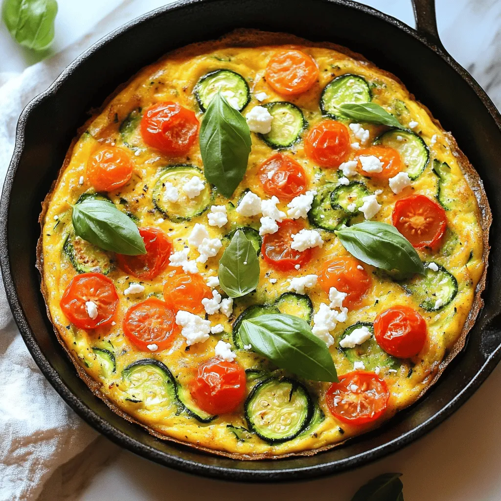 To make a tasty zucchini frittata, you need fresh and simple ingredients. Here’s what you’ll need: - 4 large eggs - 1 medium zucchini, grated - 1/2 cup cherry tomatoes, halved - 1/4 cup feta cheese, crumbled - 2 tablespoons fresh basil, chopped - 1/4 cup onion, finely chopped - 2 tablespoons olive oil - Salt and pepper to taste - 1/4 teaspoon red pepper flakes (optional for a kick) Each ingredient plays a key role in adding flavor and texture. The eggs form the base, while zucchini brings freshness. Cherry tomatoes add sweetness, and feta cheese gives a nice tang. Fresh basil lifts the dish with its aroma. Onion adds depth, and olive oil helps to cook everything smoothly. You can find the full recipe for this delightful dish in the section above. Enjoy the process! 1. Preheat the oven to 375°F (190°C). This helps the frittata cook evenly. 2. Heat two tablespoons of olive oil in a large oven-safe skillet over medium heat. The oil keeps the frittata from sticking. 1. Sauté 1/4 cup of onion until it turns translucent. This takes about 3-4 minutes. 2. Add 1 medium grated zucchini to the pan. Cook until it softens, about 2-3 minutes. 3. Stir in 1/2 cup of halved cherry tomatoes. Let them cook for one more minute. 4. In a mixing bowl, whisk together 4 large eggs, salt, pepper, and 1/4 teaspoon red pepper flakes if you want some heat. 5. Pour the egg mixture over the veggies in the skillet. Stir gently to mix. 6. Sprinkle 1/4 cup of crumbled feta cheese and 2 tablespoons of chopped basil on top. 7. Cook on the stove for 2-3 minutes until the edges begin to set. 8. Transfer the skillet to the preheated oven. Bake for 15-20 minutes until the frittata is fully set and golden on top. For more details, you can follow the Full Recipe. To make the best zucchini frittata, start with fresh ingredients. Fresh eggs and ripe zucchini give great taste. You can also pick local produce for more flavor. Adjust the seasoning to fit your taste. If you love garlic, add minced garlic when you sauté the onions. Prefer a spicy kick? Toss in more red pepper flakes or hot sauce. Cooking is about making it yours. This frittata shines when served warm or at room temperature. You can slice it into wedges for easy serving. To create a full meal, pair it with mixed greens. A simple salad with olive oil and lemon juice works well. You can even add a few nuts for crunch. Want more? Try serving it with crusty bread or a light dip. Enjoy the balance of flavors and textures! {{image_2}} You can easily change the flavors in your frittata. For instance, if you don’t have feta cheese, you can use goat cheese or cheddar instead. Both options add a nice creaminess and taste. You can also switch up the veggies. Try adding bell peppers or spinach for more color and nutrients. Other great options include mushrooms or kale. Each vegetable brings a new twist to the dish. Want to kick up the taste? Adding herbs can make a big difference. Try using thyme or oregano to deepen the flavor of your frittata. Fresh herbs will brighten the dish and make it even more enjoyable. If you like some heat, add a dash of hot sauce. It will give your frittata a spicy kick. Adjust the amount to suit your taste. Enjoy experimenting! You can keep leftover frittata in an airtight container in the refrigerator. It stays fresh for up to 3 days. Make sure to let it cool completely before putting it away. This helps keep it tasty and safe to eat. When you're ready to enjoy your frittata again, you have a couple of options. You can reheat it in the oven or the microwave. If you use the oven, set it to a low heat until it's warmed through. For the microwave, heat it for 30 seconds at a time, checking often. Enjoy your frittata warm, just like when it was fresh! Can I make a zucchini frittata ahead of time? Yes, you can make a zucchini frittata ahead of time. Just cook it as directed, then let it cool. Store it in the fridge in an airtight container. You can eat it warm or cold. It tastes great either way! How do I know if the frittata is fully cooked? To check if your frittata is fully cooked, look for a golden top. The edges should be set, and the center will be firm. You can also insert a knife into the center. If it comes out clean, it’s done! What can I substitute for eggs in a frittata? You can use tofu or chickpea flour as an egg substitute. Both options work well. For tofu, blend it until smooth. For chickpea flour, mix it with water to create a batter. These substitutes will still give you a tasty dish! What to do if the frittata becomes soggy? If your frittata is soggy, it may have too much moisture. Make sure to drain any excess water from the zucchini before cooking. You can also cook it a bit longer in the oven. This will help to firm it up. How to achieve a fluffy texture in the frittata. To get a fluffy texture, whisk the eggs well before adding them to the pan. Incorporate air into the eggs while you whisk. Also, cook on medium-low heat. This will help the frittata rise and stay light. This blog post covered how to make a tasty zucchini frittata. We discussed the simple ingredients, preparation, and cooking steps. You learned tips for perfecting your dish and ideas for variations. We also covered how to store leftovers and answered common questions. In the end, this frittata is easy and fun to make. Use fresh ingredients and enjoy your delicious meal. Don't hesitate to try your own twists on this recipe!