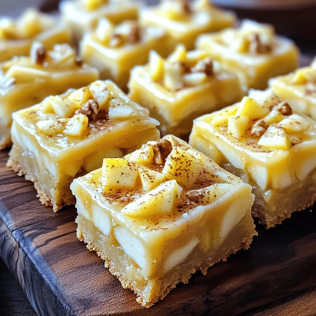 To make these tasty blondies, gather the following items: - 1 cup unsalted butter, melted - 1 cup brown sugar, packed - 2 large eggs - 1 teaspoon vanilla extract - 1 ½ cups all-purpose flour - 1 teaspoon baking powder - ½ teaspoon baking soda - ¼ teaspoon salt - 1 cup diced apples (preferably tart apples like Granny Smith) - ½ teaspoon cinnamon - ½ cup chopped walnuts (optional) For the maple frosting, you will need: - 2 tablespoons unsalted butter, softened - 1 cup powdered sugar - 2 tablespoons pure maple syrup - 1 tablespoon milk (adjust for consistency) You can swap some ingredients based on your needs. Use coconut oil instead of butter for a dairy-free option. If you prefer a lower sugar version, try using coconut sugar in place of brown sugar. For a nut-free treat, leave out the walnuts. If you have a gluten-free flour mix, you can use it instead of all-purpose flour. The key to great flavor lies in the apples. I recommend tart apples like Granny Smith. They add a nice balance to the sweet blondies. You can also use Honeycrisp or Fuji apples for a sweeter taste, but keep in mind they will change the flavor profile. Make sure to dice the apples small for even baking. To start, gather your ingredients. You need butter, brown sugar, eggs, and vanilla. Make sure you have flour, baking powder, baking soda, salt, apples, cinnamon, and walnuts ready. 1. Preheat your oven to 350°F (175°C). Grease a 9x9-inch baking pan or use parchment paper. 2. In a large bowl, mix the melted butter and brown sugar. Whisk until it is smooth. 3. Add the eggs one by one. Mix well after each egg. Stir in the vanilla extract. 4. In another bowl, whisk together flour, baking powder, baking soda, salt, and cinnamon. 5. Slowly add the dry mix to the wet mix. Stir until just combined. Do not overmix. 6. Fold in the diced apples and walnuts if you like. Pour this batter into the pan and spread evenly. Bake for 25 to 30 minutes. Check if they are done by inserting a toothpick in the center. If it comes out clean, they are ready. - Tip: Let the blondies cool in the pan for about 10 minutes. Then, move them to a wire rack to cool completely. This helps them set nicely. Once the blondies have cooled, it's time for the frosting. 1. In a medium bowl, mix the softened butter and powdered sugar. 2. Add the maple syrup and milk. Stir until smooth and creamy. 3. Adjust the milk if you want thicker or thinner frosting. Spread the frosting evenly over the cooled blondies. For a fun touch, dust them with cinnamon or drizzle more maple syrup on top. Enjoy your Maple Frosted Apple Blondies! For the complete recipe, check out the Full Recipe section. To get the best texture in your blondies, remember these points: - Don't overmix: After combining wet and dry ingredients, mix until just combined. - Use room temperature eggs: They blend in better and help with even baking. - Check your oven temperature: An oven thermometer can help ensure accuracy. - Cool completely before frosting: This keeps the frosting from melting and sliding off. Here are some common mistakes to watch out for: - Using too much flour: Spoon flour into your measuring cup instead of scooping it out. - Not measuring apples correctly: Dice apples and pack them lightly into your cup. - Skipping the cooling step: Frosting warm blondies can lead to a gooey mess. - Not greasing the pan: It makes it hard to remove the blondies later. When it's time to serve, you have options: - Cut into squares: A perfect bite-sized treat for sharing. - Dust with cinnamon: A light sprinkle adds flavor and appeal. - Pair with ice cream: Vanilla or caramel ice cream complements the flavors well. - Drizzle extra maple syrup: A touch of syrup enhances the maple taste. By following these tips and tricks, you can make your Maple Frosted Apple Blondies a true delight. For the complete recipe, check out the Full Recipe section. {{image_2}} You can change the frosting to fit your taste. Instead of maple, try cream cheese frosting for a tangy twist. A chocolate ganache would make it rich and decadent. For a fruity flavor, use lemon frosting. Each option adds its own fun touch to the blondies. Want to make these blondies a bit healthier? Use coconut oil instead of butter. You can swap some of the brown sugar for mashed bananas or applesauce. This keeps them moist and delicious. If you want to avoid gluten, try using almond flour. These swaps can help you enjoy a treat without the guilt. Don’t be afraid to get creative! Add a handful of dried cranberries or raisins for extra sweetness. You could mix in some chocolate chips for a chocolaty surprise. For a nutty flavor, try adding pecans or hazelnuts. A dash of nutmeg or ginger can also give your blondies a warm spice. There are so many ways to make this recipe your own! For the full recipe, check here: [Full Recipe]. To keep your maple frosted apple blondies fresh, store them in an airtight container. This helps maintain their soft texture and rich flavor. If you want to keep them longer, layer parchment paper between the blondies to prevent sticking. Always let them cool completely before storing. Freezing blondies is easy. First, cut them into squares. Wrap each square in plastic wrap tightly. Then, place them in a freezer-safe bag or container. This way, you can enjoy them later. When you’re ready to eat, let them thaw in the fridge overnight or at room temperature. Maple frosted apple blondies last about three days at room temperature. If you store them in the fridge, they can last up to a week. However, freezing them will keep them tasty for about three months. Always check for signs of spoilage before enjoying any leftovers. You can swap all-purpose flour for a gluten-free blend. Look for a blend that works cup-for-cup. This will keep the texture light and chewy. Always check labels to ensure no gluten sneaks in. Yes, you can use any nut you like. Pecans or almonds work well too. If you prefer no nuts, just leave them out. The blondies will still taste great without them. If you don’t have maple syrup, honey or agave syrup can work. They will give a different flavor but still be sweet. Use the same amount to keep the recipe balanced. Check for a toothpick inserted in the center. It should come out clean or with a few crumbs. The edges should be golden brown, and the center should not jiggle. Yes, you can make these blondies a day before serving. Store them in an airtight container at room temperature. This helps the flavors meld together, making them even more tasty. For the best texture, frost them just before serving. For the full recipe, check the earlier section. In this article, we explored how to make delicious Maple Frosted Apple Blondies. We covered the key ingredients, offered tips for making perfect blondies, and provided variations to try. You learned about ingredient substitutions and how to achieve the best texture. Remember, the right apple type can enhance your treat. Follow our storage tips to keep them fresh. Enjoy making your blondies, and feel free to experiment. These treats offer sweet joy that you can share with friends and family. Happy baking!