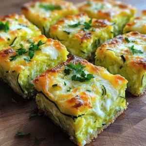 To make zucchini squares, gather these ingredients: - 2 medium zucchinis, grated - 1 cup all-purpose flour - 1 teaspoon baking powder - 1/2 teaspoon baking soda - 1 teaspoon garlic powder - 1/2 teaspoon salt - 1/4 teaspoon black pepper - 2 large eggs - 1/2 cup Greek yogurt - 1/2 cup shredded mozzarella cheese - 1/4 cup grated Parmesan cheese - 1/4 cup fresh parsley, chopped - Olive oil for greasing Each ingredient plays a key role in the flavor and texture of your zucchini squares. - Zucchini: This is the star of the dish. It adds moisture and a subtle taste. - All-purpose flour: This binds the ingredients and gives structure to the squares. - Baking powder and baking soda: These leavening agents make the squares light and fluffy. - Garlic powder: It adds a nice savory flavor that complements the zucchini. - Eggs: These bind everything together and add richness. - Greek yogurt: This keeps the squares moist and adds a slight tang. - Cheeses: Mozzarella gives creaminess, while Parmesan adds a sharp bite. - Parsley: This adds freshness and a pop of color. You can easily swap some ingredients based on what you have: - Zucchini: Try yellow squash or carrot if you’re out of zucchini. - All-purpose flour: Use whole wheat flour or almond flour for a different taste. - Greek yogurt: Sour cream or cottage cheese works well as a substitute. - Mozzarella cheese: Cheddar or feta can add a unique twist. - Eggs: Use a flax egg (1 tablespoon ground flaxseed + 2.5 tablespoons water) for a vegan option. The full recipe will guide you through making these delightful zucchini squares. To start, gather all your ingredients. You will need grated zucchini, flour, and eggs. First, preheat your oven to 375°F (190°C). Grease an 8x8 inch baking dish with olive oil. In a large bowl, mix the grated zucchini with a pinch of salt. Let it sit for 10 minutes. This step pulls out extra moisture. After 10 minutes, take a clean kitchen towel. Squeeze the zucchini to remove more liquid. Return it to the bowl. In another bowl, whisk together flour, baking powder, baking soda, garlic powder, salt, and black pepper. Then, in a third bowl, beat the eggs. Mix in Greek yogurt until smooth. Now, combine the wet and dry ingredients. Stir gently until blended. Be careful not to overmix. Fold in the drained zucchini, mozzarella, Parmesan, and parsley. Make sure everything is evenly mixed. Pour your batter into the greased dish. Spread it out evenly. Bake in the preheated oven for 25 to 30 minutes. The edges should turn golden brown during this time. To check if your zucchini squares are done, insert a toothpick in the center. If it comes out clean, they are ready. Let the squares cool for 5 minutes before cutting. This wait helps them set. Cut them into squares and serve warm or at room temperature. For a pretty touch, garnish with parsley or a sprinkle of cheese. For the full recipe, check out the [Full Recipe]. To cook zucchini well for baking, start with fresh, firm zucchinis. Wash them thoroughly and dry them. Grate the zucchinis using a box grater. I always squeeze out the extra water. This prevents the batter from becoming too wet. A clean kitchen towel works great for this. You want the zucchini to mix well without making the dough soggy. Store any leftover zucchini squares in an airtight container. They will keep well in the fridge for about three days. To reheat, place them in a preheated oven at 350°F (175°C) for about 10 minutes. This keeps them crispy. You can also use a microwave for quick reheating, but they may become softer. One common mistake is not squeezing enough moisture from the zucchini. This can make your squares soggy. Another mistake is overmixing the batter. Mix just until combined for the best texture. Lastly, don’t skip greasing the pan. This helps the squares come out easily after baking. Check out the Full Recipe for more tips and enjoy your cooking journey! {{image_2}} You can mix up your savory zucchini squares in many ways. Try adding cooked bacon or sausage for a meaty kick. You might also fold in some chopped sun-dried tomatoes or olives. Want more herbs? Add fresh basil or thyme for a bright flavor. For a spicy touch, sprinkle in some red pepper flakes. Each twist can change the taste and make your dish unique. If you have a sweet tooth, zucchini squares can also be a treat. Swap out some flour for oats or almond flour. Add brown sugar or honey for sweetness. You can even mix in some chocolate chips or nuts for extra crunch. A dash of cinnamon or vanilla extract can give your zucchini squares a cozy flavor. These sweet options can make a fun dessert or snack. For those needing gluten-free options, you can use almond or coconut flour instead of regular flour. Instead of eggs, try applesauce or mashed banana as a binder. Use plant-based yogurt to keep it vegan. This way, you can enjoy delicious squares that fit your diet. These alternatives keep the recipe tasty and satisfying for everyone. You can find the full recipe for savory zucchini squares [here](#). To keep your zucchini squares fresh, store them in an airtight container. Let them cool fully before placing them inside. I find that keeping them at room temperature for a few hours is fine. If you need to store them for longer, the fridge is best. Just wrap them in plastic wrap or foil to avoid drying out. Zucchini squares can last up to three days in the fridge. After that, they may lose their texture. Always check for any signs of spoilage before eating. If you notice an off smell or mold, it’s best to toss them. You can freeze zucchini squares for up to three months. First, let them cool completely. Next, cut them into squares. Wrap each square tightly in plastic wrap. Then, place them in a freezer bag or container. Be sure to label the bag with the date. To reheat, simply thaw in the fridge overnight and warm in the oven or microwave. This way, you can enjoy your delicious zucchini squares anytime! For the full recipe, check out the [Full Recipe]. Zucchini squares are a tasty and easy dish. They are made from grated zucchini, flour, and cheese. You mix these ingredients to form a batter and bake it. The result is a savory snack or side dish. They are soft and have a slight crunch. They are perfect for lunchboxes or as a party appetizer. Yes, you can make zucchini squares ahead of time. You can bake them, cool them, and store them. Place them in an airtight container in the fridge. They will stay fresh for up to three days. You can also freeze them for up to a month. Just thaw them before warming. This makes meal prep easier and saves time. To avoid soggy zucchini squares, follow a few tips. First, salt the grated zucchini and let it sit for ten minutes. This draws out excess moisture. Squeeze the zucchini in a clean towel to remove more liquid. Use the right amount of flour to balance moisture. Lastly, do not overmix the batter; this keeps the texture light. Following these steps will give you perfect, fluffy squares. Zucchini squares are tasty and easy to make. We covered key ingredients, step-by-step instructions, and helpful tips. You can even try different variations, like savory or sweet. Proper storage will keep your zucchini squares fresh. Remember, avoid common mistakes to get the best results. Enjoy making these delicious treats in your kitchen!