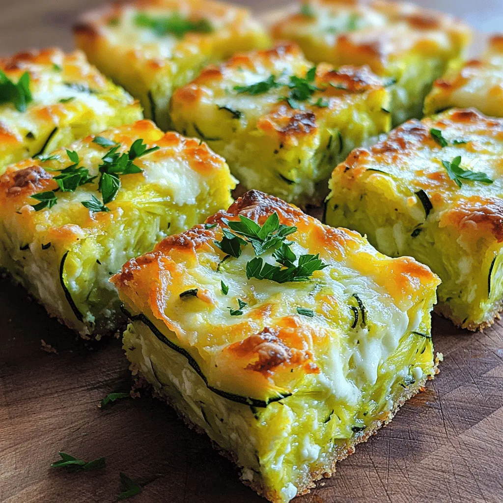To make zucchini squares, gather these ingredients: - 2 medium zucchinis, grated - 1 cup all-purpose flour - 1 teaspoon baking powder - 1/2 teaspoon baking soda - 1 teaspoon garlic powder - 1/2 teaspoon salt - 1/4 teaspoon black pepper - 2 large eggs - 1/2 cup Greek yogurt - 1/2 cup shredded mozzarella cheese - 1/4 cup grated Parmesan cheese - 1/4 cup fresh parsley, chopped - Olive oil for greasing Each ingredient plays a key role in the flavor and texture of your zucchini squares. - Zucchini: This is the star of the dish. It adds moisture and a subtle taste. - All-purpose flour: This binds the ingredients and gives structure to the squares. - Baking powder and baking soda: These leavening agents make the squares light and fluffy. - Garlic powder: It adds a nice savory flavor that complements the zucchini. - Eggs: These bind everything together and add richness. - Greek yogurt: This keeps the squares moist and adds a slight tang. - Cheeses: Mozzarella gives creaminess, while Parmesan adds a sharp bite. - Parsley: This adds freshness and a pop of color. You can easily swap some ingredients based on what you have: - Zucchini: Try yellow squash or carrot if you’re out of zucchini. - All-purpose flour: Use whole wheat flour or almond flour for a different taste. - Greek yogurt: Sour cream or cottage cheese works well as a substitute. - Mozzarella cheese: Cheddar or feta can add a unique twist. - Eggs: Use a flax egg (1 tablespoon ground flaxseed + 2.5 tablespoons water) for a vegan option. The full recipe will guide you through making these delightful zucchini squares. To start, gather all your ingredients. You will need grated zucchini, flour, and eggs. First, preheat your oven to 375°F (190°C). Grease an 8x8 inch baking dish with olive oil. In a large bowl, mix the grated zucchini with a pinch of salt. Let it sit for 10 minutes. This step pulls out extra moisture. After 10 minutes, take a clean kitchen towel. Squeeze the zucchini to remove more liquid. Return it to the bowl. In another bowl, whisk together flour, baking powder, baking soda, garlic powder, salt, and black pepper. Then, in a third bowl, beat the eggs. Mix in Greek yogurt until smooth. Now, combine the wet and dry ingredients. Stir gently until blended. Be careful not to overmix. Fold in the drained zucchini, mozzarella, Parmesan, and parsley. Make sure everything is evenly mixed. Pour your batter into the greased dish. Spread it out evenly. Bake in the preheated oven for 25 to 30 minutes. The edges should turn golden brown during this time. To check if your zucchini squares are done, insert a toothpick in the center. If it comes out clean, they are ready. Let the squares cool for 5 minutes before cutting. This wait helps them set. Cut them into squares and serve warm or at room temperature. For a pretty touch, garnish with parsley or a sprinkle of cheese. For the full recipe, check out the [Full Recipe]. To cook zucchini well for baking, start with fresh, firm zucchinis. Wash them thoroughly and dry them. Grate the zucchinis using a box grater. I always squeeze out the extra water. This prevents the batter from becoming too wet. A clean kitchen towel works great for this. You want the zucchini to mix well without making the dough soggy. Store any leftover zucchini squares in an airtight container. They will keep well in the fridge for about three days. To reheat, place them in a preheated oven at 350°F (175°C) for about 10 minutes. This keeps them crispy. You can also use a microwave for quick reheating, but they may become softer. One common mistake is not squeezing enough moisture from the zucchini. This can make your squares soggy. Another mistake is overmixing the batter. Mix just until combined for the best texture. Lastly, don’t skip greasing the pan. This helps the squares come out easily after baking. Check out the Full Recipe for more tips and enjoy your cooking journey! {{image_2}} You can mix up your savory zucchini squares in many ways. Try adding cooked bacon or sausage for a meaty kick. You might also fold in some chopped sun-dried tomatoes or olives. Want more herbs? Add fresh basil or thyme for a bright flavor. For a spicy touch, sprinkle in some red pepper flakes. Each twist can change the taste and make your dish unique. If you have a sweet tooth, zucchini squares can also be a treat. Swap out some flour for oats or almond flour. Add brown sugar or honey for sweetness. You can even mix in some chocolate chips or nuts for extra crunch. A dash of cinnamon or vanilla extract can give your zucchini squares a cozy flavor. These sweet options can make a fun dessert or snack. For those needing gluten-free options, you can use almond or coconut flour instead of regular flour. Instead of eggs, try applesauce or mashed banana as a binder. Use plant-based yogurt to keep it vegan. This way, you can enjoy delicious squares that fit your diet. These alternatives keep the recipe tasty and satisfying for everyone. You can find the full recipe for savory zucchini squares [here](#). To keep your zucchini squares fresh, store them in an airtight container. Let them cool fully before placing them inside. I find that keeping them at room temperature for a few hours is fine. If you need to store them for longer, the fridge is best. Just wrap them in plastic wrap or foil to avoid drying out. Zucchini squares can last up to three days in the fridge. After that, they may lose their texture. Always check for any signs of spoilage before eating. If you notice an off smell or mold, it’s best to toss them. You can freeze zucchini squares for up to three months. First, let them cool completely. Next, cut them into squares. Wrap each square tightly in plastic wrap. Then, place them in a freezer bag or container. Be sure to label the bag with the date. To reheat, simply thaw in the fridge overnight and warm in the oven or microwave. This way, you can enjoy your delicious zucchini squares anytime! For the full recipe, check out the [Full Recipe]. Zucchini squares are a tasty and easy dish. They are made from grated zucchini, flour, and cheese. You mix these ingredients to form a batter and bake it. The result is a savory snack or side dish. They are soft and have a slight crunch. They are perfect for lunchboxes or as a party appetizer. Yes, you can make zucchini squares ahead of time. You can bake them, cool them, and store them. Place them in an airtight container in the fridge. They will stay fresh for up to three days. You can also freeze them for up to a month. Just thaw them before warming. This makes meal prep easier and saves time. To avoid soggy zucchini squares, follow a few tips. First, salt the grated zucchini and let it sit for ten minutes. This draws out excess moisture. Squeeze the zucchini in a clean towel to remove more liquid. Use the right amount of flour to balance moisture. Lastly, do not overmix the batter; this keeps the texture light. Following these steps will give you perfect, fluffy squares. Zucchini squares are tasty and easy to make. We covered key ingredients, step-by-step instructions, and helpful tips. You can even try different variations, like savory or sweet. Proper storage will keep your zucchini squares fresh. Remember, avoid common mistakes to get the best results. Enjoy making these delicious treats in your kitchen!