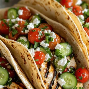 The key to tasty Mediterranean chicken tacos is fresh ingredients. Here’s what you will need: - 2 boneless, skinless chicken breasts - 1 tablespoon olive oil - 1 teaspoon garlic powder - 1 teaspoon onion powder - 1 teaspoon smoked paprika - 1 teaspoon dried oregano - Salt and pepper to taste - 1 cup cherry tomatoes, halved - 1 cucumber, diced - ½ red onion, finely chopped - ½ cup feta cheese, crumbled - 1 cup Greek yogurt - 1 tablespoon lemon juice - 6 small whole wheat or corn tortillas - Fresh parsley, chopped (for garnish) When you marinate the chicken, it absorbs all those yummy flavors. The tomatoes, cucumber, and red onion add a fresh crunch. And the feta cheese gives a nice creamy touch. Want to kick up the flavor? Consider these suggestions: - Add a pinch of cumin or coriander for extra depth. - Top with olives or avocado slices for more richness. - Use fresh mint or dill for a refreshing twist. These options can elevate your tacos and make them even more exciting. To make these tacos, you will need some basic tools: - Grill or stovetop grill pan: This helps to get nice grill marks on the chicken. - Mixing bowls: You’ll need these for marinating and mixing your toppings. - Utensils: A brush for the marinade and a sharp knife for slicing chicken. Having the right tools makes cooking easier and more fun. For the complete recipe, check out the Full Recipe. Start by marinating the chicken. In a small bowl, mix olive oil, garlic powder, onion powder, smoked paprika, dried oregano, salt, and pepper. Brush this mixture on both sides of the chicken breasts. Let it sit for about 15 minutes for extra flavor. Next, preheat your grill or stovetop grill pan over medium-high heat. Place the chicken on the grill. Cook for 6-7 minutes on each side. Look for nice grill marks and ensure the chicken is cooked through. If you have a meat thermometer, aim for 165°F. Once done, remove the chicken and let it rest for 5 minutes. This helps keep it juicy. After resting, slice the chicken thinly. For the salad mixture, combine cherry tomatoes, cucumber, red onion, and feta cheese in a bowl. Drizzle with lemon juice and season with salt and pepper. This mix adds freshness to your tacos. To make the Greek yogurt sauce, simply stir the yogurt in a small bowl. You can add a pinch of salt for extra flavor. This creamy sauce is a great topping. Now, it’s time to assemble your tacos! Start by warming the tortillas. Place them on the grill for about 30 seconds on each side until they are soft and pliable. This step makes them easier to fold. Lay slices of grilled chicken on each tortilla. Next, add a generous amount of the tomato-cucumber mixture. Drizzle the Greek yogurt sauce over the top. Finally, sprinkle with fresh parsley for a pop of color. For the full recipe, check the provided details. Enjoy your Mediterranean chicken tacos! To make the best Mediterranean chicken, cook the chicken to the right temperature. Use a meat thermometer to check for 165°F (75°C). This ensures it is safe to eat. If you don’t have a thermometer, cut the chicken to check. The juices should run clear, not pink. After grilling, let the chicken rest for 5 minutes. This helps keep it juicy. When you slice the chicken, cut it against the grain. This technique makes each bite more tender and easy to chew. Want to boost the flavor? Try adding spices like cumin or coriander. These spices add warmth and depth. A pinch of red pepper flakes gives your tacos a spicy kick. To balance flavors, keep your taco fillings fresh. The cool cucumber and tart lemon juice brighten the dish. A sprinkle of salt on your veggies enhances their taste. Mixing these elements creates a delightful flavor harmony. For sides, serve your tacos with a simple salad. A mix of greens with olive oil and lemon makes a great match. You can also offer a side of hummus and pita chips for dipping. To make your dish look stunning, stack the tacos neatly. Use a colorful plate to make the food pop. Garnish with chopped parsley for a fresh touch. This not only adds color but also a hint of flavor. For the full experience, check the Full Recipe for more details on how to prepare these tasty Mediterranean chicken tacos! {{image_2}} If you want to switch things up, try using different proteins. Beef and lamb work great in Mediterranean tacos. Use ground beef or lamb for a hearty option. For a quicker choice, try shredded rotisserie chicken. If you prefer plant-based options, use grilled mushrooms or tempeh. These choices keep the meal tasty while adding variety. Now, let’s dive into flavor! You can create Mediterranean-style tacos by adding spices like cumin or coriander. Another option is to infuse your tacos with a smoky chipotle sauce. For a fresh twist, try a tzatziki sauce made with yogurt, cucumber, and mint. Each sauce brings a unique flavor to your tacos. You can also make these tacos fit your diet. For gluten-free options, use corn tortillas instead of wheat. If you’re watching carbs, try lettuce wraps instead of tortillas. For vegan substitutions, replace chicken with chickpeas or jackfruit. Use dairy-free yogurt to replace Greek yogurt. These adjustments keep the dish delicious and accessible. For the complete Mediterranean Chicken Tacos recipe, check out the Full Recipe. To keep your Mediterranean chicken tacos fresh, store them in the fridge. Use airtight containers for best results. This method helps lock in flavors and moisture. The leftover chicken lasts about three to four days. Fresh veggies stay crisp for about two days. If you have any Greek yogurt, it lasts about a week as well. You can freeze either the assembled tacos or the ingredients. For assembled tacos, wrap them tightly in plastic wrap and then in foil. This method keeps them safe from freezer burn. They can last for up to three months in the freezer. To thaw, place them in the fridge overnight. Reheat in the oven at 350°F for about 15-20 minutes. If you freeze the chicken and veggies separately, defrost them in the fridge before cooking. Don’t let any ingredients go to waste! You can create delicious new meals with your leftovers. Use the chicken in wraps or salads. Toss it into a grain bowl with quinoa or rice. The tomato-cucumber mix also works great on top of greens. You can combine the Greek yogurt with herbs to make a dip or sauce. The possibilities are endless, and you can keep enjoying those Mediterranean flavors! To check if your chicken is done, use a meat thermometer. Insert it into the thickest part of the chicken. It should read 165°F (75°C). If you don't have a thermometer, cut the chicken open. The inside should be white, with no pink. Cooking time is about 6-7 minutes on each side over medium-high heat. I always let my chicken rest after grilling. This helps keep it juicy. Yes, you can make these tacos ahead of time! Cook the chicken and let it cool. Store it in the fridge for up to three days. You can also prepare the salad mix and yogurt sauce ahead. Just keep everything in separate containers. When you are ready to eat, warm the tortillas and assemble your tacos. This makes meal prep easy and quick! You can get creative with taco toppings! Here are some ideas: - Avocado slices for creaminess - Pickled red onions for tang - Sliced jalapeños for heat - Fresh herbs like dill or mint for a fresh kick - Olives for briny flavor - Microgreens for a crunchy texture Feel free to mix and match toppings to suit your taste! Mediterranean chicken tacos are a tasty twist on a classic dish. We explored key ingredients, including chicken, fresh veggies, and optional toppings. You learned how to prepare the chicken, mix the salad, and assemble your tacos for the best taste. Tips on cooking and storing leftovers made the process easier. Finally, we looked at variations for different diets. Now, you can enjoy these tacos any night! Embrace the flavors and customize them to your liking for a fun dinner experience.