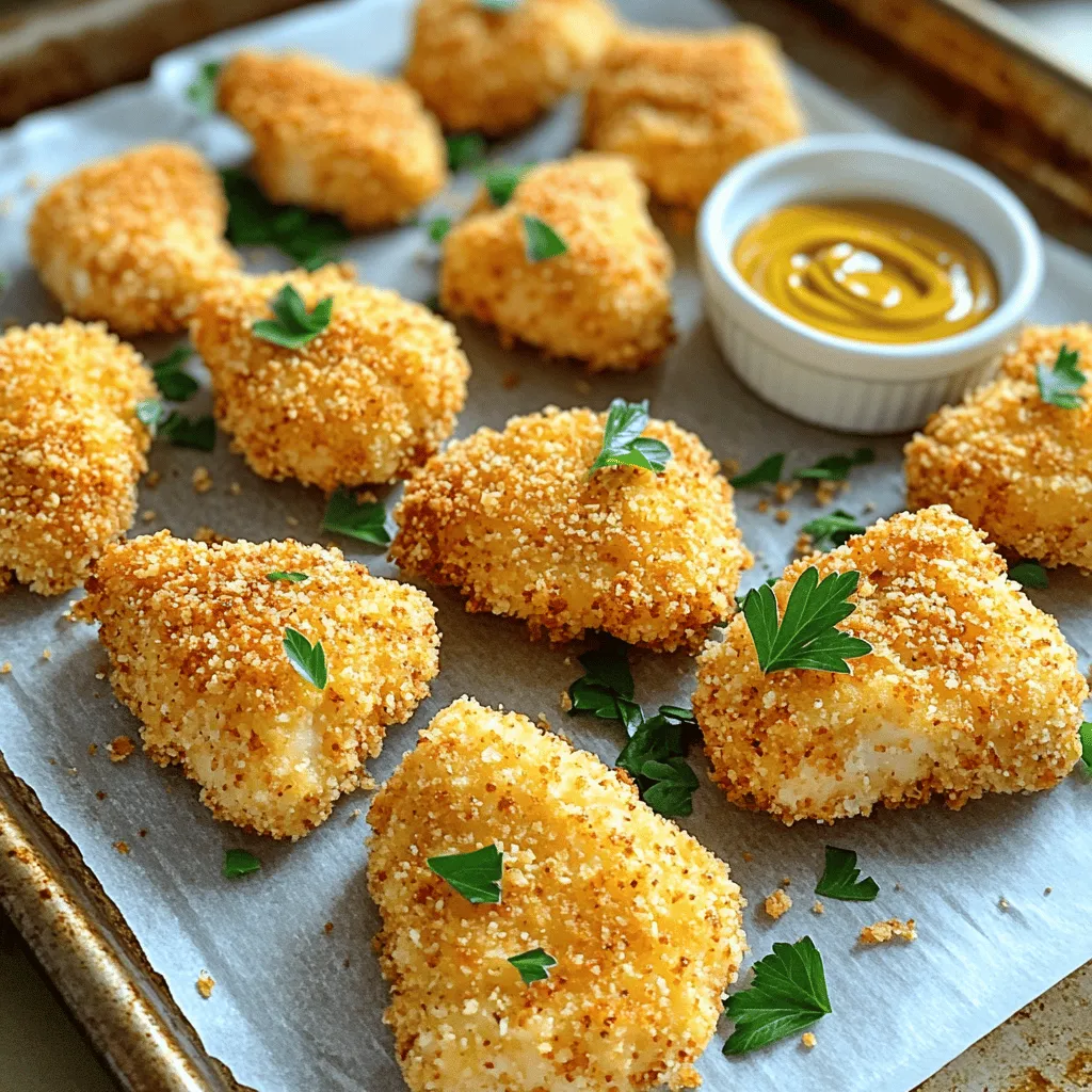 - 1 lb boneless, skinless chicken breasts - 1 cup whole wheat bread crumbs - 1/2 cup grated parmesan cheese The main ingredients set the stage for your chicken nuggets. Using boneless, skinless chicken breasts keeps them lean and tasty. Whole wheat bread crumbs add a nice crunch and extra fiber. Finally, grated parmesan cheese gives a savory kick that enhances the flavor. - 1 teaspoon garlic powder - 1 teaspoon onion powder - 1 teaspoon paprika - 1/2 teaspoon black pepper - 1/2 teaspoon salt Seasoning is key to great taste. Garlic powder adds a bit of warmth. Onion powder gives depth, while paprika adds a slight smokiness. Black pepper and salt bring all the flavors together. These spices make your nuggets not just good, but great! - 2 large eggs - 1 tablespoon olive oil - Cooking spray Binding the chicken is crucial for sticking your coating. The eggs help the bread crumbs cling well. Olive oil adds moisture and flavor. A light spray of cooking spray ensures a crispy finish. With these ingredients, your nuggets will turn out perfect every time! For the full recipe, check the detailed instructions on how to create these delicious bites! - Preheat oven to 400°F (200°C) - Line baking sheet with parchment paper Before you start, it’s time to get your kitchen ready. Preheating the oven ensures even cooking. Lining the baking sheet with parchment paper stops the nuggets from sticking. Plus, it makes cleanup a breeze. - Create the coating mixture - Prepare egg wash Now, let’s make the coating. In a large bowl, mix the whole wheat bread crumbs, grated parmesan cheese, garlic powder, onion powder, paprika, black pepper, and salt. Stir well to blend all flavors. In a separate bowl, beat the eggs and add the olive oil. This egg wash helps the crumbs stick to the chicken. - Dip chicken in egg mixture and coat with breadcrumb mixture - Bake for 15-20 minutes, flipping halfway Grab your chicken pieces. First, dip each piece into the egg mixture. Let any extra egg drip off. Next, roll it in the bread crumb mixture. Press gently so the crumbs stick well. Place the coated nuggets on the baking sheet, leaving space between them. Lightly spray the tops with cooking spray for extra crispiness. Bake in the preheated oven for 15-20 minutes. Remember to flip them halfway for even browning. When they are golden brown, they are ready. Enjoy your homemade healthy chicken nuggets! Check out the Full Recipe for all details. To get that crispy outer layer, you need to coat the chicken well. First, ensure you completely cover each piece in the egg mixture. This helps the breadcrumbs stick better. Press the chicken into the breading mix firmly. This ensures an even coating. Spacing on the baking sheet is key. If the nuggets touch, they will steam instead of crisp. Place them about an inch apart. This allows hot air to circulate and makes them crunchy all around. Don't skip spraying the tops with cooking spray before baking. This helps them brown nicely. If you want to switch things up, use crushed cornflakes or oats instead of breadcrumbs. They add a different flavor and crunch. Another idea is to use almond flour for a gluten-free option. It's tasty and healthy too. You can also change the cheese. Try using low-fat mozzarella or even nutritional yeast for a vegan twist. This adds flavor without too many calories. Dips can make your meal fun! Serve these chicken nuggets with homemade honey mustard or a fresh veggie dip. You can also offer ranch or BBQ sauce for variety. For a colorful platter, add fresh veggies like carrot sticks and cucumber slices. Garnish with parsley or basil for a pop of color. This makes the dish look more appealing and healthy! {{image_2}} You can jazz up your chicken nuggets by adding spices. Try mixing in cayenne for heat or adding smoked paprika for a smoky taste. Think about using cumin for a warm flavor or even curry powder for a fun twist. Herbs can also enhance your nuggets. Try adding dried oregano or thyme to the coating. You can even use fresh herbs like parsley and basil for a bright flavor. Just chop them finely and mix them into your breadcrumb mix for a fresh kick. If you want a faster option, use an air fryer. The air fryer cooks the nuggets in about 10-12 minutes. This method gives you that crispy texture without much oil. Just preheat the air fryer, arrange the nuggets in a single layer, and let it work its magic. For a classic touch, you can pan-fry the nuggets. Heat some olive oil in a skillet over medium heat. Cook each side for 3-4 minutes until they turn golden brown. This method gives you a crunchy outside and juicy inside. To make your nuggets gluten-free, switch the breadcrumbs. You can use ground almonds or gluten-free breadcrumbs. Both options work well and keep the nuggets tasty. If you’re dairy-free, use nutritional yeast instead of parmesan cheese. It adds a cheesy flavor without any dairy. You can also use almond milk or oat milk in place of eggs for binding. These swaps keep your nuggets healthy and delicious. For the complete recipe, check out the Full Recipe section. To store baked chicken nuggets properly, let them cool first. Place them in an airtight container. This keeps them fresh and tasty. If you want to keep them longer, try freezing. - Refrigerator: Store nuggets for up to 3 days. - Freezer: They last about 2 to 3 months. Reheating can make your chicken nuggets tasty again. The best way is to use an oven. This keeps them crispy. Preheat your oven to 375°F (190°C) and bake for 10-15 minutes. You can also use a microwave, but this may make them soft. If you choose the microwave, heat them in short bursts. Check often to avoid overcooking. Enjoy your crispy chicken nuggets again! To make chicken nuggets healthier, focus on the ingredients and cooking method. Use lean chicken breasts instead of thighs. Choose whole wheat bread crumbs for added fiber. You can also add herbs and spices for flavor without extra calories. Opt for baking instead of frying. This cuts down on grease and fat. Yes, you can freeze homemade chicken nuggets. After baking and cooling them, place the nuggets in a single layer on a baking sheet. Freeze them for about one hour. Once frozen, transfer them to a freezer bag. This way, they won’t stick together. To thaw, leave them in the fridge overnight. Reheat them in the oven for best results. Many sauces go well with chicken nuggets. Honey mustard is a classic choice. You can also make a simple BBQ sauce by mixing ketchup and your favorite BBQ sauce. Another great option is ranch dressing. For a spicy kick, try mixing sriracha with mayonnaise. You can easily make these sauces at home for a fresh taste. You now have a complete guide to making healthy chicken nuggets. We covered the best ingredients, step-by-step instructions, and useful tips. You learned variations and how to store leftovers. By trying out these methods, you can enjoy a tasty, nutritious meal. Don't shy away from experimenting with flavors or cooking techniques. Healthy eating can be fun, easy, and delicious. Enjoy your homemade nuggets with your favorite sides and sauces!