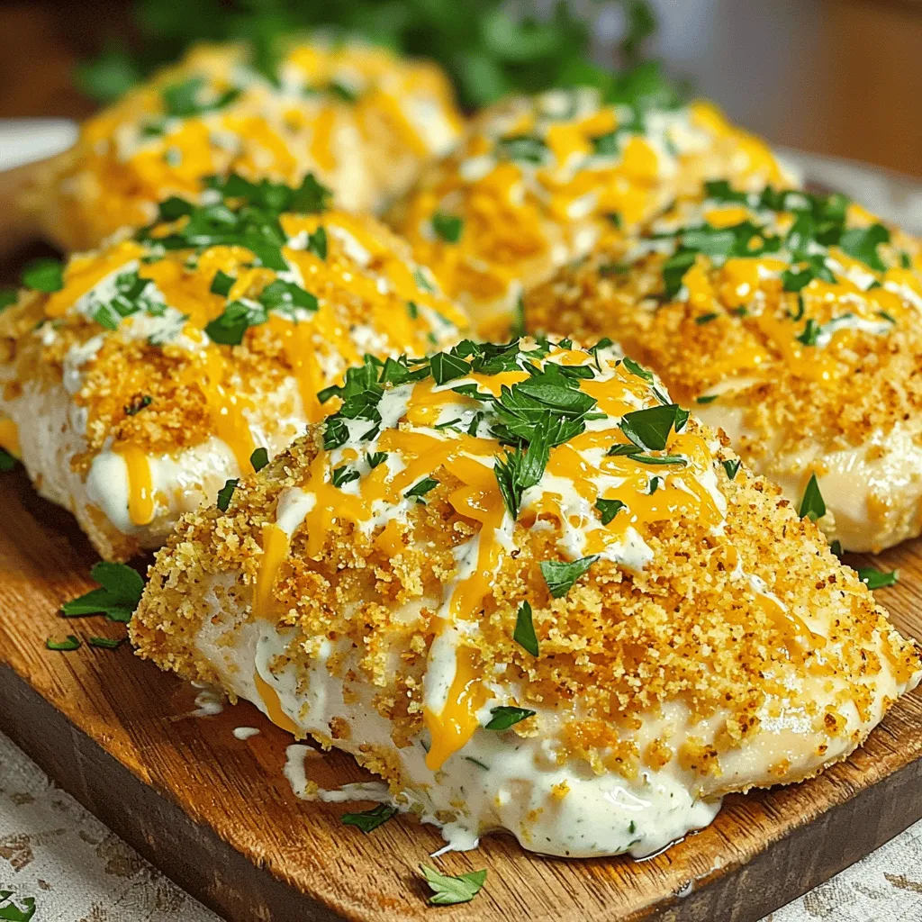 For a tasty Baked Ranch Chicken, gather these items: - 4 boneless, skinless chicken breasts - 1 packet ranch dressing mix - 1 cup plain Greek yogurt - 1 cup breadcrumbs (panko for extra crunch) - 1 cup shredded cheddar cheese - 1 teaspoon garlic powder - 1 teaspoon onion powder - Salt and pepper to taste - Fresh herbs (parsley or chives) for garnish Each serving of Baked Ranch Chicken has about: - Calories: 350 - Protein: 30g - Fat: 15g - Carbohydrates: 25g - Fiber: 1g This dish gives a good mix of protein and flavor. When you choose chicken, look for bright, pink meat. It should feel firm and moist. For the yogurt, pick a brand that is thick and creamy. Check the expiry date, too. When selecting cheese, fresh is best. Look for blocks instead of pre-shredded cheese for the best taste. Fresh herbs add flavor, so choose vibrant ones with a strong scent. Start by washing your chicken breasts under cold water. Pat them dry with paper towels. This step is key for good texture. You want the chicken to be clean and free of moisture. Next, trim any excess fat you see. This helps with taste and looks. In a large mixing bowl, combine the plain Greek yogurt and the ranch dressing mix. Add garlic powder, onion powder, salt, and pepper. Mix well until it is smooth. This yogurt mixture gives the chicken a tasty flavor. It keeps the chicken moist as it cooks too. Take each chicken breast and dip it into the ranch yogurt mixture. Make sure it is fully covered. Then, roll the chicken in the breadcrumb mix, which has some cheddar cheese mixed in. Place the coated chicken in a greased baking dish. After all the chicken is in the dish, sprinkle the remaining cheese on top. Now, it’s time to bake! Preheat your oven to 400°F (200°C) and bake for 25-30 minutes. Your chicken is ready when it reaches 165°F (75°C) inside. It should look golden and crispy. Let it rest for a few minutes before serving. For a nice touch, add fresh herbs on top. This is part of the Full Recipe you will love. To keep the chicken juicy, you want to coat it well. The ranch yogurt mixture adds moisture. Make sure each piece is fully covered. This layer locks in the juices as it cooks. Avoid overcooking; it can dry out the chicken. Always check the internal temperature. It should reach 165°F (75°C). Bake the chicken at 400°F (200°C) for 25-30 minutes. This temperature gives you a crispy top and tender meat inside. Use a meat thermometer for best results. If your oven has hot spots, rotate the dish halfway through. This helps ensure even cooking. To add more flavor, consider these options: - Mix in herbs like thyme or oregano with the yogurt. - Try using spicy ranch dressing for heat. - Add lemon juice to brighten the taste. - For extra crunch, use crushed cornflakes in the breadcrumb mix. These simple changes can elevate your Baked Ranch Chicken. For the full recipe, see the section above. {{image_2}} You can switch up the cheese in Baked Ranch Chicken. Cheddar is great, but try mozzarella for a milder taste. Pepper jack adds a spicy kick. For a creamy touch, use cream cheese. Each cheese brings a new flavor, making your dish unique. Don't be afraid to mix cheeses, too! If you don’t have Greek yogurt, use sour cream instead. It gives a similar tangy taste. You can also try plain regular yogurt, but it will be a bit thinner. For a dairy-free option, use cashew cream or silken tofu. These options keep the dish creamy and delicious. You can cook Baked Ranch Chicken in different ways. An air fryer gives you a crispy outside and juicy inside. Cook at 380°F for about 20 minutes. Grilling adds a smoky flavor. Grill each chicken breast for about 6-7 minutes per side. Both methods keep the meal fun and tasty! For the complete Baked Ranch Chicken recipe, check out the Full Recipe. To keep your Baked Ranch Chicken fresh, let it cool first. Place leftovers in an airtight container. Store it in the fridge for up to three days. If you want to keep it longer, consider freezing it. Just make sure to wrap it well to avoid freezer burn. When it's time to eat again, reheat the chicken in the oven. Preheat your oven to 350°F (175°C). Place the chicken on a baking sheet. Cover it with foil to keep it moist. Heat for about 15-20 minutes, or until it's warm throughout. This method helps maintain its crispy topping. You can freeze Baked Ranch Chicken for up to three months. Wrap each piece tightly in plastic wrap, then in foil. Label the packages with the date. When you're ready to eat, thaw it in the fridge overnight. Reheat as directed above for the best taste and texture. Yes, you can use frozen chicken breasts. First, thaw them completely. You can do this in the fridge overnight or use the defrost setting on your microwave. Make sure to pat them dry before coating them with the ranch yogurt mixture. This helps the coating stick better. Baked Ranch Chicken pairs well with many sides. Here are some ideas: - Roasted vegetables like carrots or broccoli - A fresh green salad with your favorite dressing - Mashed potatoes or rice for a hearty meal - Garlic bread for a tasty addition These sides help balance the dish and add more flavors. Check the chicken’s internal temperature with a meat thermometer. It should reach 165°F (75°C) to be safe to eat. You can also cut into the thickest part. The meat should be white and juices should run clear, not pink. If you follow these tips, your chicken will be perfectly cooked. This blog post covered everything you need for Baked Ranch Chicken. We discussed the key ingredients, how to prep and cook the chicken, and made sure it stays juicy. I shared tips for flavor and variations to keep it fresh. Finally, I included storage advice to use leftovers wisely. Enjoy this easy and tasty recipe. Feel free to make it your own! Happy cooking!