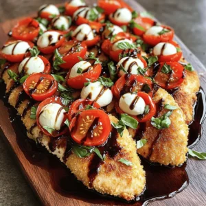 - 2 boneless, skinless chicken breasts - 1 cup breadcrumbs - 1/2 cup grated Parmesan cheese - 1 teaspoon Italian seasoning - 1/2 teaspoon garlic powder - Salt and pepper to taste - 1 cup fresh mozzarella balls (bocconcini), halved - 1 cup cherry tomatoes, halved - 1/4 cup fresh basil leaves, chopped - 2 tablespoons balsamic glaze - 2 tablespoons olive oil Crispy Chicken Caprese is a simple dish that bursts with flavor. You will love how fresh and vibrant it tastes. The chicken is juicy, and the toppings add a nice pop. You start with chicken breasts. They need to be boneless and skinless for easy cooking. The breadcrumbs give the chicken a crispy outer layer. Mixing in Parmesan cheese adds a rich flavor. Then, the additional spices come into play. Italian seasoning and garlic powder bring out the taste of the chicken. A pinch of salt and pepper helps balance everything. Next, we have the fresh ingredients. Fresh mozzarella balls make everything creamy. Cherry tomatoes provide sweetness and color. The basil brings a lovely herbal note. Finally, balsamic glaze adds a tangy finish that ties it all together. For the full recipe, make sure to check out the detailed instructions. This dish is quick to prepare and perfect for any meal. - Preheat your oven to 425°F (220°C). - Line a baking sheet with parchment paper. This step helps with easy cleanup. - In a shallow dish, combine the breadcrumbs, grated Parmesan cheese, Italian seasoning, garlic powder, salt, and pepper. Mix well to ensure even flavor. - Pat the chicken breasts dry with paper towels. This helps the coating stick better. - Season both sides of the chicken with salt and pepper. A little seasoning goes a long way. - Dredge each chicken breast in the breadcrumb mixture. Press down firmly to coat evenly. This ensures a crispy crust. - Place the coated chicken breasts on the prepared baking sheet. Drizzle with olive oil for added flavor and moisture. - Bake in the preheated oven for 20-25 minutes. The chicken should be golden brown and reach an internal temperature of 165°F (74°C). - While the chicken is baking, combine the halved mozzarella balls, cherry tomatoes, and chopped basil in a bowl. Toss lightly to mix. This fresh topping brightens the dish. - Once the chicken is done, remove it from the oven. Let it rest for a few minutes to keep it juicy. - Top each crispy chicken breast with the tomato and mozzarella mixture. Drizzle with balsamic glaze for a sweet finish. - Serve immediately to enjoy this delightful combination of flavors. For the full experience, pair it with a fresh salad or pasta. To achieve a perfect crispy texture, you need to use dry chicken. Pat the chicken breasts with paper towels to remove any moisture. This step helps the breadcrumbs stick better. When coating the chicken, press down firmly on the breadcrumbs. This ensures they adhere well and form a crunchy crust. Let the cooked chicken rest for a few minutes before serving. Resting allows the juices to settle, keeping the chicken moist and flavorful. If you cut into it right away, those juices will run out and make the coating soggy. You can enhance the flavor of your crispy chicken with extra spices. Try adding paprika for a smoky kick or cayenne pepper for heat. Fresh herbs, like thyme or oregano, can also boost the taste. When seasoning, adjust based on your preference. If you love garlic, add more garlic powder. If you prefer less salt, reduce it. You control the taste, so make it your own! Using the right tools can make your cooking experience easier. A shallow dish is great for mixing breadcrumbs and cheese. A baking sheet lined with parchment paper helps with easy cleanup. A meat thermometer is essential for checking doneness. It ensures your chicken reaches 165°F (74°C) without overcooking. Having these tools ready will make your cooking smoother and more enjoyable. For the full recipe, check out the detailed instructions and tips. {{image_2}} You can switch up the cheese in this dish for a new taste. Try using provolone or goat cheese for a different flavor. Both options add a nice creaminess. If you want a sharper taste, consider using aged cheddar. Adding more veggies can make your meal healthier. Try including spinach or arugula in the tomato mix. Zucchini or bell peppers also work well. They add color and crunch to your plate. The air fryer is great for making crispy chicken. It cooks faster and uses less oil. You’ll still get that perfect crunch. For a more traditional method, bake the chicken in your oven. It gives a nice golden color and flavor. Grilling the chicken adds a tasty smoky flavor. The grill marks make it look stunning too! Just be sure to oil the grill to prevent sticking. Get creative with side dishes to serve with your chicken. A fresh salad or garlic bread pairs well. You can also serve it with pasta or rice for a hearty meal. If you want a quick lunch, turn this dish into a salad or wrap. Slice the chicken and mix it with greens, tomatoes, and mozzarella. Wrap it up in a tortilla for an easy meal on the go. For the full recipe, check out [Full Recipe]. To keep your Crispy Chicken Caprese fresh, store leftovers in the fridge. Place the chicken in an airtight container. This helps maintain its flavor and texture. Use the chicken within three days for the best taste. For longer storage, you can freeze the chicken. Wrap each piece tightly in plastic wrap, then place it in a freezer bag. This prevents freezer burn and keeps it tasty for up to three months. Reheating your chicken while keeping it crispy is key. The best way to do this is in the oven. Preheat your oven to 375°F (190°C). Place the chicken on a baking sheet for about 10-15 minutes. This method warms the chicken and restores some crispiness. You can also use an air fryer. Set it to 350°F (175°C) and cook for about 8 minutes. This method is fast and keeps the chicken delicious. Enjoy your flavorful meal without losing that crunchy texture! For the full recipe, check out my Crispy Chicken Caprese. Making Crispy Chicken Caprese takes about 40 minutes. - Prep Time: 15 minutes - Cook Time: 20-25 minutes Yes, you can prepare some parts in advance. - Chicken: You can bread the chicken and refrigerate it. - Salad: Mix the tomatoes, mozzarella, and basil a few hours before serving. This dish pairs well with various sides and drinks. - Side Dishes: Garlic bread, steamed veggies, or a fresh salad. - Drinks: A light white wine or sparkling water complements it nicely. You can easily add seasonal veggies for extra flavor. - Zucchini: Thinly slice and roast alongside the chicken. - Spinach: Toss fresh spinach in the salad for added greens. - Bell Peppers: Roast or sauté them and add to your tomato mix. Feel free to explore the Full Recipe for more details! Crispy Chicken Caprese combines simple ingredients for a delicious dish. You learned about the key ingredients, preparation steps, and tips to make it perfect. Feel free to experiment with flavors and cooking methods for your own twist. Remember, the right storing and reheating methods keep leftovers tasty. Enjoy making this meal for family and friends; it’s sure to impress! Embrace your kitchen creativity and have fun cooking.