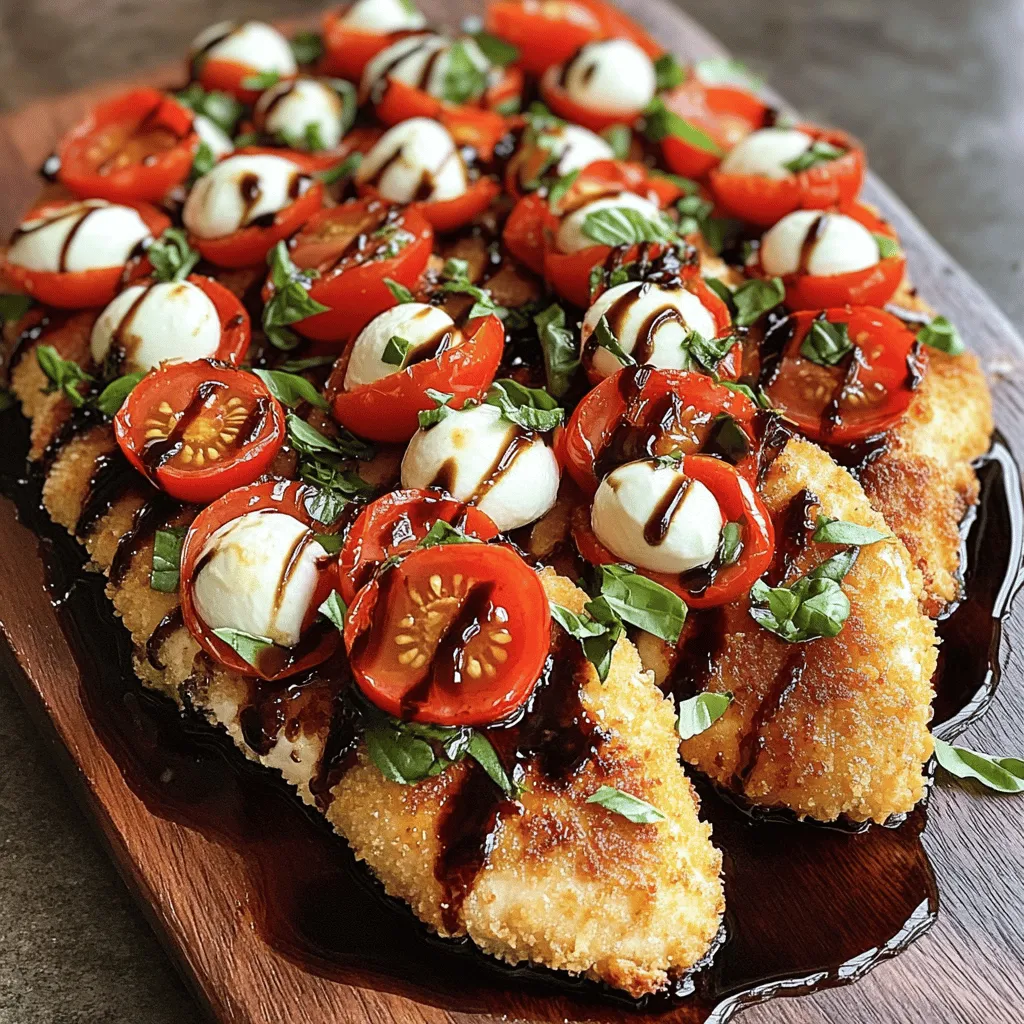 - 2 boneless, skinless chicken breasts - 1 cup breadcrumbs - 1/2 cup grated Parmesan cheese - 1 teaspoon Italian seasoning - 1/2 teaspoon garlic powder - Salt and pepper to taste - 1 cup fresh mozzarella balls (bocconcini), halved - 1 cup cherry tomatoes, halved - 1/4 cup fresh basil leaves, chopped - 2 tablespoons balsamic glaze - 2 tablespoons olive oil Crispy Chicken Caprese is a simple dish that bursts with flavor. You will love how fresh and vibrant it tastes. The chicken is juicy, and the toppings add a nice pop. You start with chicken breasts. They need to be boneless and skinless for easy cooking. The breadcrumbs give the chicken a crispy outer layer. Mixing in Parmesan cheese adds a rich flavor. Then, the additional spices come into play. Italian seasoning and garlic powder bring out the taste of the chicken. A pinch of salt and pepper helps balance everything. Next, we have the fresh ingredients. Fresh mozzarella balls make everything creamy. Cherry tomatoes provide sweetness and color. The basil brings a lovely herbal note. Finally, balsamic glaze adds a tangy finish that ties it all together. For the full recipe, make sure to check out the detailed instructions. This dish is quick to prepare and perfect for any meal. - Preheat your oven to 425°F (220°C). - Line a baking sheet with parchment paper. This step helps with easy cleanup. - In a shallow dish, combine the breadcrumbs, grated Parmesan cheese, Italian seasoning, garlic powder, salt, and pepper. Mix well to ensure even flavor. - Pat the chicken breasts dry with paper towels. This helps the coating stick better. - Season both sides of the chicken with salt and pepper. A little seasoning goes a long way. - Dredge each chicken breast in the breadcrumb mixture. Press down firmly to coat evenly. This ensures a crispy crust. - Place the coated chicken breasts on the prepared baking sheet. Drizzle with olive oil for added flavor and moisture. - Bake in the preheated oven for 20-25 minutes. The chicken should be golden brown and reach an internal temperature of 165°F (74°C). - While the chicken is baking, combine the halved mozzarella balls, cherry tomatoes, and chopped basil in a bowl. Toss lightly to mix. This fresh topping brightens the dish. - Once the chicken is done, remove it from the oven. Let it rest for a few minutes to keep it juicy. - Top each crispy chicken breast with the tomato and mozzarella mixture. Drizzle with balsamic glaze for a sweet finish. - Serve immediately to enjoy this delightful combination of flavors. For the full experience, pair it with a fresh salad or pasta. To achieve a perfect crispy texture, you need to use dry chicken. Pat the chicken breasts with paper towels to remove any moisture. This step helps the breadcrumbs stick better. When coating the chicken, press down firmly on the breadcrumbs. This ensures they adhere well and form a crunchy crust. Let the cooked chicken rest for a few minutes before serving. Resting allows the juices to settle, keeping the chicken moist and flavorful. If you cut into it right away, those juices will run out and make the coating soggy. You can enhance the flavor of your crispy chicken with extra spices. Try adding paprika for a smoky kick or cayenne pepper for heat. Fresh herbs, like thyme or oregano, can also boost the taste. When seasoning, adjust based on your preference. If you love garlic, add more garlic powder. If you prefer less salt, reduce it. You control the taste, so make it your own! Using the right tools can make your cooking experience easier. A shallow dish is great for mixing breadcrumbs and cheese. A baking sheet lined with parchment paper helps with easy cleanup. A meat thermometer is essential for checking doneness. It ensures your chicken reaches 165°F (74°C) without overcooking. Having these tools ready will make your cooking smoother and more enjoyable. For the full recipe, check out the detailed instructions and tips. {{image_2}} You can switch up the cheese in this dish for a new taste. Try using provolone or goat cheese for a different flavor. Both options add a nice creaminess. If you want a sharper taste, consider using aged cheddar. Adding more veggies can make your meal healthier. Try including spinach or arugula in the tomato mix. Zucchini or bell peppers also work well. They add color and crunch to your plate. The air fryer is great for making crispy chicken. It cooks faster and uses less oil. You’ll still get that perfect crunch. For a more traditional method, bake the chicken in your oven. It gives a nice golden color and flavor. Grilling the chicken adds a tasty smoky flavor. The grill marks make it look stunning too! Just be sure to oil the grill to prevent sticking. Get creative with side dishes to serve with your chicken. A fresh salad or garlic bread pairs well. You can also serve it with pasta or rice for a hearty meal. If you want a quick lunch, turn this dish into a salad or wrap. Slice the chicken and mix it with greens, tomatoes, and mozzarella. Wrap it up in a tortilla for an easy meal on the go. For the full recipe, check out [Full Recipe]. To keep your Crispy Chicken Caprese fresh, store leftovers in the fridge. Place the chicken in an airtight container. This helps maintain its flavor and texture. Use the chicken within three days for the best taste. For longer storage, you can freeze the chicken. Wrap each piece tightly in plastic wrap, then place it in a freezer bag. This prevents freezer burn and keeps it tasty for up to three months. Reheating your chicken while keeping it crispy is key. The best way to do this is in the oven. Preheat your oven to 375°F (190°C). Place the chicken on a baking sheet for about 10-15 minutes. This method warms the chicken and restores some crispiness. You can also use an air fryer. Set it to 350°F (175°C) and cook for about 8 minutes. This method is fast and keeps the chicken delicious. Enjoy your flavorful meal without losing that crunchy texture! For the full recipe, check out my Crispy Chicken Caprese. Making Crispy Chicken Caprese takes about 40 minutes. - Prep Time: 15 minutes - Cook Time: 20-25 minutes Yes, you can prepare some parts in advance. - Chicken: You can bread the chicken and refrigerate it. - Salad: Mix the tomatoes, mozzarella, and basil a few hours before serving. This dish pairs well with various sides and drinks. - Side Dishes: Garlic bread, steamed veggies, or a fresh salad. - Drinks: A light white wine or sparkling water complements it nicely. You can easily add seasonal veggies for extra flavor. - Zucchini: Thinly slice and roast alongside the chicken. - Spinach: Toss fresh spinach in the salad for added greens. - Bell Peppers: Roast or sauté them and add to your tomato mix. Feel free to explore the Full Recipe for more details! Crispy Chicken Caprese combines simple ingredients for a delicious dish. You learned about the key ingredients, preparation steps, and tips to make it perfect. Feel free to experiment with flavors and cooking methods for your own twist. Remember, the right storing and reheating methods keep leftovers tasty. Enjoy making this meal for family and friends; it’s sure to impress! Embrace your kitchen creativity and have fun cooking.