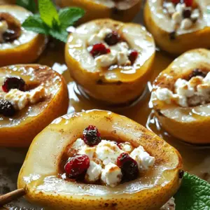 - 4 ripe but firm pears, halved and cored - 1 cup crumbled feta cheese - 1/2 cup dried cranberries - 1/4 cup honey - 2 tablespoons chopped walnuts (optional) - 1 teaspoon cinnamon - 1 tablespoon fresh lemon juice - Fresh mint leaves for garnish When you pick pears, choose ones that feel firm yet slightly soft at the stem. This means they are ripe and ready to bake. For the feta, crumbling it yourself gives better texture than store-bought crumbles. Use dried cranberries for sweetness and a pop of color. Honey adds a rich flavor, so pour generously. If you love nuts, walnuts add crunch but are optional. If you don’t have feta, try goat cheese or even ricotta. These cheeses melt well and add a nice flavor. For the cranberries, raisins or chopped dried apricots work too. If you want less sugar, use maple syrup instead of honey. This gives a unique taste that pairs well with pears. Fresh mint is great but not necessary. You can also use basil for a different twist. For the spices, try nutmeg or allspice for an exciting change. For the full recipe, check the Baked Pears Delight section. To start, gather your ingredients. You'll need ripe pears, feta cheese, cranberries, honey, and a few more things. First, preheat your oven to 350°F (175°C). Next, take each pear and cut it in half. Remove the core carefully. This step is important for the filling. In a small bowl, mix the crumbled feta, dried cranberries, chopped walnuts, and cinnamon. This filling adds flavor and texture. Drizzle lemon juice over the pear halves. This keeps them from turning brown. Then, scoop the feta mixture into each pear half. Press down gently to pack the filling. This makes sure every bite has flavor. Now, arrange the stuffed pears in a baking dish with the cut sides facing up. Drizzle honey over each pear. Honey adds sweetness and helps with browning. Cover the baking dish with aluminum foil to keep moisture in. Bake for 25 minutes. After that, remove the foil and bake for another 10-15 minutes. You want the pears to be tender and the tops golden. Keep an eye on them to prevent burning. Once done, take the pears out of the oven. Let them cool for a few minutes. This step helps the flavors settle. Garnish each pear with fresh mint leaves for a pop of color. These baked pears can be served warm as a dessert or a snack. You can also pair them with a scoop of vanilla ice cream for a delicious treat. For the full recipe, refer to the previous section. Enjoy your tasty creation! To get the best baked pears, start with ripe but firm pears. They should feel slightly soft, but not mushy. Cut them in half and core them evenly. This helps them bake nicely. When mixing the filling, use fresh feta cheese for a creamy texture. Mix in the cranberries and walnuts well. This adds great flavor and crunch. Drizzle lemon juice on the pear halves. This keeps them from turning brown and adds brightness. One big mistake is overbaking the pears. Keep an eye on them in the oven. They should be tender, not falling apart. Another mistake is using too much honey. It can make the dish overly sweet. Use just enough to enhance the flavor. Also, don’t skip the mint garnish. It adds a fresh touch and makes the dish look great. Finally, avoid using unripe pears. They won’t cook well and can be hard to eat. To make your baked pears even better, try adding nuts. Chopped pecans or almonds work well. They add extra crunch and flavor. You can also sprinkle a bit of extra cinnamon on top before serving. This gives a warm, inviting scent. For a beautiful finish, drizzle more honey over the pears after baking. It looks lovely and adds sweetness. Lastly, serve them warm with a scoop of vanilla ice cream. This makes the dish feel special. For the complete recipe, check the Full Recipe section. {{image_2}} You can swap in different cheeses for a unique flavor. Try goat cheese or ricotta instead of feta. For a sweeter twist, use brown sugar instead of honey. You can also add fresh fruit like apples or figs for a new taste. If you want a crunch, consider adding pecans or hazelnuts. While baking is classic, you can grill or sauté pears too. Grilling gives them a smoky flavor. Simply cut the pears in half, brush with oil, and grill for about five minutes. Sautéing works well too. Just cook the pear halves in a pan with butter for a few minutes. Baked pears pair well with many sides. Serve them with vanilla ice cream for a sweet treat. You can also add a dollop of whipped cream on top. A drizzle of balsamic glaze adds a nice tangy touch. For something different, try serving them alongside a cheese platter. The mix of flavors will amaze your guests. For the full recipe, check out the Baked Pears Delight section above. To store leftovers, let the baked pears cool completely. Place them in an airtight container. Keep the container in the fridge. They stay fresh for up to three days. If you want to enjoy them later, store them without honey. This way, they won't get too soggy. You can freeze baked pears, but it’s best to do so without the honey. Wrap each pear half in plastic wrap. Then, place them in a freezer bag. They can last up to three months in the freezer. When you’re ready to eat, thaw them in the fridge overnight. Reheat in the oven at 350°F (175°C) for about 10 minutes. This warms them up without losing their taste. Baked pears with feta, honey, and cranberries taste best fresh. However, they can last in the fridge for three days. When stored properly, they maintain flavor and texture. For the best taste, enjoy them within the same week. Always check for any signs of spoilage before eating. Keeping them sealed tight helps preserve their yummy taste. If you follow these tips, you’ll enjoy your baked pears for days! For the full recipe, check the earlier section. You can tell baked pears are done when they feel soft. Use a fork to test them. If the fork goes in easily, they are ready. The tops should look golden and slightly caramelized too. This means the feta and honey have mixed well. Yes, you can use other cheeses. Goat cheese adds a tangy flavor. Cream cheese gives a rich taste. You can even try blue cheese for a bold kick. Just remember, different cheeses can change the taste. Choose one that you enjoy. Baked pears with feta pair well with nuts, like walnuts or pecans. You can also serve them with a scoop of vanilla ice cream. A drizzle of balsamic glaze can add a nice touch. For drinks, try a sweet white wine or herbal tea. These pairings will make your dish shine. For the full recipe, check out the Baked Pears Delight section. In this article, we explored the ingredients, steps, and tips for baked pears. We detailed how to prepare, bake, and serve them. You learned about ingredient substitutions and common mistakes. We also shared how to store leftovers and answered your most asked questions. Remember, baking is about fun and creativity. Enjoy experimenting with flavors and methods. Your perfect baked pears await!