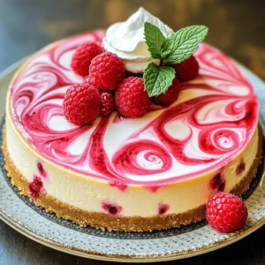 - 1 ½ cups graham cracker crumbs - ⅓ cup unsalted butter, melted - 2 cups cream cheese, softened - 1 cup granulated sugar - 1 teaspoon vanilla extract - 3 large eggs - 1 cup sour cream - 1 cup fresh raspberries (plus extra for garnish) - 2 tablespoons cornstarch - Zest of 1 lemon - A pinch of salt - Fresh raspberries - Mint sprigs - Whipped cream Using high-quality ingredients is key to a perfect cheesecake. The cream cheese gives a rich, creamy base. It must be softened to blend smoothly. Granulated sugar sweetens the cheesecake and balances the tartness of raspberries. Eggs add structure, while sour cream brings extra creaminess. Fresh raspberries are vital for flavor. They add a bright taste and beautiful color. If you want a fun twist, try using other fruits, like strawberries or blueberries. The zest of lemon adds a light spark. It brightens the overall flavor. Using quality ingredients makes a big difference. They help create the perfect creamy texture and delicious taste. Follow the Full Recipe to get the best results. To make the crust, first preheat your oven to 325°F (160°C). In a medium bowl, mix 1 ½ cups of graham cracker crumbs with ⅓ cup of melted unsalted butter. Stir until the crumbs are well coated. Next, press this mixture firmly into the bottom of a 9-inch springform pan. This creates a solid base for your cheesecake. Bake the crust for 10 minutes, then let it cool while you prepare the filling. For the filling, start with 2 cups of softened cream cheese. In a large mixing bowl, beat the cream cheese with a mixer on medium speed until it's smooth. Gradually add 1 cup of granulated sugar, mixing until well combined. Next, add 1 teaspoon of vanilla extract, the zest of 1 lemon, and a pinch of salt. Beat in 3 large eggs one at a time, mixing well after each addition. Be careful not to over-mix, as this can affect the texture. Finally, gently fold in 1 cup of sour cream and 1 cup of fresh raspberries. The raspberries can break apart a bit, adding a nice texture. Pour the cheesecake filling over your cooled crust. Smooth the top with a spatula. Bake in your preheated oven for about 50 to 60 minutes. The edges should be set, but the center should still jiggle slightly. After baking, turn off the oven and leave the cheesecake inside for one more hour. This helps prevent cracks. After that, cool it at room temperature for another hour. Finally, transfer it to the refrigerator. Chill for at least 4 hours or overnight for the best texture. Follow these steps from the Full Recipe for a perfect cheesecake. To get that creamy cheesecake texture, you must mix carefully. Start with room-temperature cream cheese. This helps it blend smoothly. Use a hand mixer or stand mixer on low speed. Mix until soft and creamy, but don’t over-whip. Over-whipping can add too much air, making your cheesecake puff up. You want it smooth, not fluffy. Keep an eye on your cheesecake while it bakes. The edges should firm up, but the center must jiggle slightly. This jiggle means it will set perfectly as it cools. If you see browning on the top, it may be over-baked. Also, you can use a toothpick to check. Insert it in the center. If it comes out clean, it's done. Serve your cheesecake with style. Use a sharp knife to slice it. Dip the knife in hot water and wipe it dry for clean cuts. This keeps each piece neat. Place slices on dessert plates and top with whipped cream and fresh raspberries. A sprig of mint adds a nice touch. For a fun twist, drizzle some raspberry sauce over the top. For the full recipe, check out the Perfect Creamy Raspberry Cheesecake recipe above. {{image_2}} You can change the taste of your cheesecake easily. Try using other fruits like strawberries, blueberries, or peaches. You can also add lemon or orange zest for a citrusy kick. For a fun twist, use extracts like almond or coconut. These small changes can create new and exciting flavors. If you want a different crust, you have options! A chocolate cookie crust works well with the cheesecake. Just crush chocolate cookies and mix them with butter. You could also try an almond crust. Ground almonds mixed with butter makes a tasty base. These alternatives can add a unique flavor to your cheesecake. You can make this cheesecake fit your diet. For a gluten-free option, use gluten-free graham crackers or nuts for the crust. If you want low sugar, substitute sugar with a sugar alternative like stevia or erythritol. These changes let more people enjoy this creamy dessert without worry. For the full recipe, visit the Perfect Creamy Raspberry Cheesecake section. To store your leftover cheesecake, cover it tightly. Use plastic wrap or foil. Place the cheesecake in the fridge. This keeps it fresh and tasty. Aim to eat it within five days. If you have sliced pieces, keep them in an airtight container. This helps prevent drying out. If you want to freeze your cheesecake, first cool it completely. Wrap each slice in plastic wrap. Then, place the wrapped slices in a freezer bag. Remove as much air as you can. This way, your cheesecake stays fresh. To thaw, move it to the fridge overnight. Avoid thawing at room temperature. This keeps the texture just right. When properly stored, your cheesecake lasts about five days in the fridge. In the freezer, it can last for up to three months. After that, it may lose flavor and texture. Make sure to label your containers. Write the date so you know when to use it. Enjoy your Perfect Creamy Raspberry Cheesecake Delight Recipe with confidence! You can tell your cheesecake is done by looking for a few signs. The edges should be firm, while the center has a slight jiggle. This jiggle shows it will firm up as it cools. You can also gently shake the pan; if it wobbles slightly in the middle but is set around the edges, it’s ready. To be sure, use a toothpick. Insert it in the center; if it comes out clean or with a few crumbs, your cheesecake is perfect. Yes, you can use frozen raspberries. However, they may change the texture. Frozen raspberries are softer and can break apart more easily when mixed. This can lead to a more liquid filling. The flavor may also be a bit less bright than fresh berries. If you use frozen, let them thaw and drain excess juice before mixing them in. This keeps your cheesecake from getting too watery. If your cheesecake cracks, don’t worry! There are easy fixes. First, try baking it at a lower temperature. This helps it cook evenly. You can also add a water bath when baking. Place your cheesecake pan in a larger pan filled with water. This keeps moisture in the oven. If cracks form, cover them up with toppings like whipped cream or fresh raspberries. No one will notice! This blog post covered making cheesecake from start to finish. We talked about key ingredients, like cream cheese and why quality matters. You learned how to prepare the crust and filling for that perfect texture. We also shared useful tips to prevent cracks and ways to serve your cheesecake beautifully. In summary, making cheesecake is fun and rewarding. With these steps and tips, you can impress anyone with your baking skills. Enjoy creating your delicious cheesecake masterpiece!