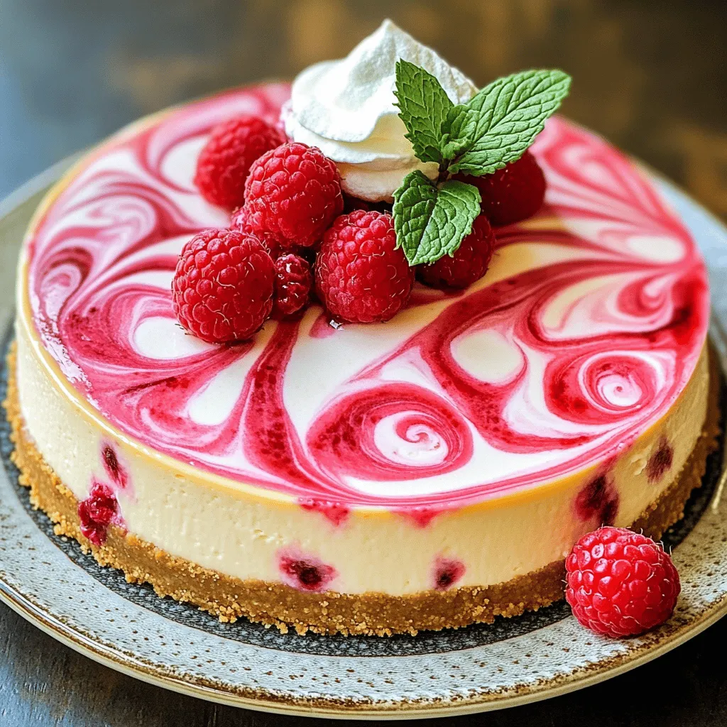 - 1 ½ cups graham cracker crumbs - ⅓ cup unsalted butter, melted - 2 cups cream cheese, softened - 1 cup granulated sugar - 1 teaspoon vanilla extract - 3 large eggs - 1 cup sour cream - 1 cup fresh raspberries (plus extra for garnish) - 2 tablespoons cornstarch - Zest of 1 lemon - A pinch of salt - Fresh raspberries - Mint sprigs - Whipped cream Using high-quality ingredients is key to a perfect cheesecake. The cream cheese gives a rich, creamy base. It must be softened to blend smoothly. Granulated sugar sweetens the cheesecake and balances the tartness of raspberries. Eggs add structure, while sour cream brings extra creaminess. Fresh raspberries are vital for flavor. They add a bright taste and beautiful color. If you want a fun twist, try using other fruits, like strawberries or blueberries. The zest of lemon adds a light spark. It brightens the overall flavor. Using quality ingredients makes a big difference. They help create the perfect creamy texture and delicious taste. Follow the Full Recipe to get the best results. To make the crust, first preheat your oven to 325°F (160°C). In a medium bowl, mix 1 ½ cups of graham cracker crumbs with ⅓ cup of melted unsalted butter. Stir until the crumbs are well coated. Next, press this mixture firmly into the bottom of a 9-inch springform pan. This creates a solid base for your cheesecake. Bake the crust for 10 minutes, then let it cool while you prepare the filling. For the filling, start with 2 cups of softened cream cheese. In a large mixing bowl, beat the cream cheese with a mixer on medium speed until it's smooth. Gradually add 1 cup of granulated sugar, mixing until well combined. Next, add 1 teaspoon of vanilla extract, the zest of 1 lemon, and a pinch of salt. Beat in 3 large eggs one at a time, mixing well after each addition. Be careful not to over-mix, as this can affect the texture. Finally, gently fold in 1 cup of sour cream and 1 cup of fresh raspberries. The raspberries can break apart a bit, adding a nice texture. Pour the cheesecake filling over your cooled crust. Smooth the top with a spatula. Bake in your preheated oven for about 50 to 60 minutes. The edges should be set, but the center should still jiggle slightly. After baking, turn off the oven and leave the cheesecake inside for one more hour. This helps prevent cracks. After that, cool it at room temperature for another hour. Finally, transfer it to the refrigerator. Chill for at least 4 hours or overnight for the best texture. Follow these steps from the Full Recipe for a perfect cheesecake. To get that creamy cheesecake texture, you must mix carefully. Start with room-temperature cream cheese. This helps it blend smoothly. Use a hand mixer or stand mixer on low speed. Mix until soft and creamy, but don’t over-whip. Over-whipping can add too much air, making your cheesecake puff up. You want it smooth, not fluffy. Keep an eye on your cheesecake while it bakes. The edges should firm up, but the center must jiggle slightly. This jiggle means it will set perfectly as it cools. If you see browning on the top, it may be over-baked. Also, you can use a toothpick to check. Insert it in the center. If it comes out clean, it's done. Serve your cheesecake with style. Use a sharp knife to slice it. Dip the knife in hot water and wipe it dry for clean cuts. This keeps each piece neat. Place slices on dessert plates and top with whipped cream and fresh raspberries. A sprig of mint adds a nice touch. For a fun twist, drizzle some raspberry sauce over the top. For the full recipe, check out the Perfect Creamy Raspberry Cheesecake recipe above. {{image_2}} You can change the taste of your cheesecake easily. Try using other fruits like strawberries, blueberries, or peaches. You can also add lemon or orange zest for a citrusy kick. For a fun twist, use extracts like almond or coconut. These small changes can create new and exciting flavors. If you want a different crust, you have options! A chocolate cookie crust works well with the cheesecake. Just crush chocolate cookies and mix them with butter. You could also try an almond crust. Ground almonds mixed with butter makes a tasty base. These alternatives can add a unique flavor to your cheesecake. You can make this cheesecake fit your diet. For a gluten-free option, use gluten-free graham crackers or nuts for the crust. If you want low sugar, substitute sugar with a sugar alternative like stevia or erythritol. These changes let more people enjoy this creamy dessert without worry. For the full recipe, visit the Perfect Creamy Raspberry Cheesecake section. To store your leftover cheesecake, cover it tightly. Use plastic wrap or foil. Place the cheesecake in the fridge. This keeps it fresh and tasty. Aim to eat it within five days. If you have sliced pieces, keep them in an airtight container. This helps prevent drying out. If you want to freeze your cheesecake, first cool it completely. Wrap each slice in plastic wrap. Then, place the wrapped slices in a freezer bag. Remove as much air as you can. This way, your cheesecake stays fresh. To thaw, move it to the fridge overnight. Avoid thawing at room temperature. This keeps the texture just right. When properly stored, your cheesecake lasts about five days in the fridge. In the freezer, it can last for up to three months. After that, it may lose flavor and texture. Make sure to label your containers. Write the date so you know when to use it. Enjoy your Perfect Creamy Raspberry Cheesecake Delight Recipe with confidence! You can tell your cheesecake is done by looking for a few signs. The edges should be firm, while the center has a slight jiggle. This jiggle shows it will firm up as it cools. You can also gently shake the pan; if it wobbles slightly in the middle but is set around the edges, it’s ready. To be sure, use a toothpick. Insert it in the center; if it comes out clean or with a few crumbs, your cheesecake is perfect. Yes, you can use frozen raspberries. However, they may change the texture. Frozen raspberries are softer and can break apart more easily when mixed. This can lead to a more liquid filling. The flavor may also be a bit less bright than fresh berries. If you use frozen, let them thaw and drain excess juice before mixing them in. This keeps your cheesecake from getting too watery. If your cheesecake cracks, don’t worry! There are easy fixes. First, try baking it at a lower temperature. This helps it cook evenly. You can also add a water bath when baking. Place your cheesecake pan in a larger pan filled with water. This keeps moisture in the oven. If cracks form, cover them up with toppings like whipped cream or fresh raspberries. No one will notice! This blog post covered making cheesecake from start to finish. We talked about key ingredients, like cream cheese and why quality matters. You learned how to prepare the crust and filling for that perfect texture. We also shared useful tips to prevent cracks and ways to serve your cheesecake beautifully. In summary, making cheesecake is fun and rewarding. With these steps and tips, you can impress anyone with your baking skills. Enjoy creating your delicious cheesecake masterpiece!