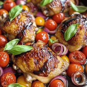 To make One Pan Balsamic Chicken, you need to gather a few simple items. Here’s what you will need: - 4 boneless, skinless chicken thighs - 1 cup cherry tomatoes, halved - 1 bell pepper (any color), sliced - 1 red onion, sliced - 3 cloves garlic, minced - 1/4 cup balsamic vinegar - 2 tablespoons honey - 3 tablespoons olive oil - Salt and pepper to taste - Fresh basil leaves for garnish These ingredients come together to create a dish that is both tasty and easy to prepare. The chicken thighs are juicy and soak up the flavor well. The balsamic vinegar and honey mix brings a sweet and tangy taste. The veggies add color and crunch, making this meal a delight for the eyes and the palate. Using fresh basil as a garnish gives the dish a nice touch. It's not only pretty but also adds a burst of flavor. You can find all these ingredients at your local store. This recipe is perfect for busy nights when you want something yummy and quick. For the full recipe, you can check out the sections that follow. Enjoy cooking! First, you need to preheat your oven to 400°F (200°C). This step is key for even cooking. In a small bowl, mix balsamic vinegar, honey, olive oil, minced garlic, salt, and pepper. Whisk until it blends well. This marinade will give the chicken great flavor. Take the chicken thighs and place them in a large bowl. Pour half of the marinade over the chicken. Make sure each piece is coated well. Let it sit for at least 15 minutes. This helps the chicken soak up the flavors. Grab a large oven-safe pan. Add the sliced bell pepper, red onion, and cherry tomatoes. Drizzle a bit of olive oil on top. Sprinkle with salt and pepper. Toss them together to mix. Now, push the veggies to the sides of the pan. Place the marinated chicken thighs in the center. Pour the rest of the marinade over both the chicken and veggies. This adds flavor to everything. Put the pan in your preheated oven. Bake for 30 to 35 minutes. The chicken should reach an internal temperature of 165°F (75°C). Once done, take it out and let it rest for a few minutes. Garnish with fresh basil leaves before serving. For the full recipe, check [Full Recipe]. Cooking time can change based on your oven. Always check the chicken's internal temp. Aim for 165°F (75°C). If using larger thighs, add 5-10 minutes. If they are smaller, reduce the time. To keep chicken juicy, marinate it well. Use half the marinade before cooking and save the rest. The balsamic vinegar helps tenderize the meat. Don't overcook the chicken. Watch the clock and use a meat thermometer. Marinate your chicken for at least 15 minutes. For more flavor, let it sit for up to 2 hours in the fridge. Use a resealable bag for even coating. The marinade can also work on other proteins. Try it with shrimp or pork. For the full recipe, check the section above. {{image_2}} You can mix in different veggies to change the taste. Try adding zucchini, carrots, or asparagus. These will add color and crunch to your dish. Just chop them up to similar sizes. Toss them in with your bell pepper and onion. This keeps cooking times even. If you like a kick, add red pepper flakes or sliced jalapeños. Mix them into the marinade for extra heat. You can also sprinkle some on the veggies before baking. This adds flavor without making the dish too hot. Adjust the spice level to fit your taste. You can swap out chicken for other proteins. Try using turkey thighs or pork tenderloin instead. Both will work well with the balsamic flavors. Just keep an eye on baking times. Pork may need a bit longer, while turkey can cook faster. Always check for a safe internal temperature. For the full recipe, check out the details above! You can store leftover One Pan Balsamic Chicken in the fridge. Place it in an airtight container. It will stay fresh for up to four days. Make sure the dish cools down first. This will help keep it from getting soggy. To reheat, preheat your oven to 350°F (175°C). Place the chicken and veggies in an oven-safe dish. Cover it with foil to keep it moist. Heat for about 15-20 minutes. You can also use the microwave. Heat for 2-3 minutes, checking often. Stir halfway to ensure even heating. If you want to save it longer, you can freeze the chicken. Wrap it tightly in plastic wrap. Then place it in a freezer bag. It can last up to three months in the freezer. When you are ready to eat, thaw it in the fridge overnight. Reheat as mentioned above. For more details, check out the Full Recipe. Yes, you can use chicken breasts. They will cook well too. Chicken breasts are leaner than thighs. They may dry out if overcooked. Keep an eye on baking time. Aim for 25-30 minutes of baking. Bake the chicken for 30-35 minutes. Check the internal temperature with a meat thermometer. It should reach 165°F (75°C). This ensures it is safe to eat. If you use chicken breasts, start checking at 25 minutes. You can serve many sides with this dish. Some great options include: - Rice or quinoa - Mashed potatoes - Crusty bread - A fresh green salad These sides will balance the flavors well. They will also soak up the delicious juices. Yes, the marinade is versatile. You can use it for pork or tofu. It adds a nice flavor to any protein. Just make sure to adjust cooking times. Pork may need 25-30 minutes, while tofu needs less. Use a meat thermometer for the best results. The chicken should reach 165°F (75°C) in the thickest part. If you don’t have a thermometer, cut into it. The juices should run clear, not pink. Always check for doneness to be safe. For more details, you can check the Full Recipe. This blog post shared how to make One Pan Balsamic Chicken. We covered each step from marinating the chicken to baking it with fresh veggies. I also provided tips to help you cook moist chicken and recipe variations. Overall, this dish is easy and delicious. You can customize it to fit your tastes. Enjoy cooking and sharing this meal with others!