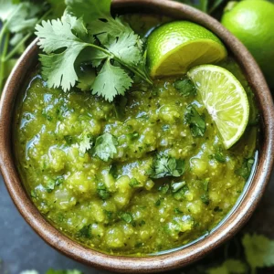 To make a fresh and zesty salsa verde, you need these main ingredients: - 1 pound tomatillos, husked and rinsed - 1 medium onion, quartered - 2 cloves garlic, peeled - 1-2 jalapeños, stems removed (adjust for heat) - 1 cup fresh cilantro leaves, loosely packed - 2 tablespoons lime juice - Salt to taste These ingredients create a bright flavor. Tomatillos add a lovely tang. Onions and garlic give depth. Jalapeños bring heat, while cilantro offers freshness. Lime juice ties it all together. You can add some optional ingredients to make your salsa unique: - Avocado for creaminess - A pinch of cumin for warmth - A splash of apple cider vinegar for extra tang Feel free to play with these options. Adding avocado makes the salsa richer. Cumin adds a smoky note. Vinegar can brighten the taste even more. If you can’t find tomatillos, green tomatoes work well. For a milder salsa, use bell peppers instead of jalapeños. If you don’t have fresh cilantro, parsley is a good substitute. Always use fresh ingredients for the best taste. Look for bright green tomatillos and firm onions. Store herbs in water to keep them fresh longer. When making salsa, the fresher the ingredients, the better the flavor. For the complete recipe, check out the Full Recipe. First, we need to get our oven ready. Preheat your oven to 425°F (220°C). This makes the tomatillos roast well. Next, take your tomatillos, onion, and garlic. Place them on a baking sheet. If you want, drizzle some olive oil on them. A sprinkle of salt helps too. Now, it's time to roast! Put the baking sheet in the oven. Roast for 15-20 minutes. You will know they are done when the tomatillos feel soft and turn a bit dark. The onion and garlic should also look nice and caramelized. Once done, take them out and let them cool for a few minutes. After cooling, it’s blending time! Grab a blender or food processor. Add the roasted tomatillos, onion, and garlic. Don’t forget the jalapeños, cilantro, and lime juice! Blend until you reach the texture you like. You can make it smooth or leave it a bit chunky. Now, taste your salsa. If it needs more salt or lime juice, add it in. This step is key to getting the flavor just right. Once you finish blending, transfer the salsa verde into a bowl. Chill it in the fridge for at least 30 minutes. This waiting time helps the flavors mix together. To serve, use a rustic bowl. Garnish with extra cilantro leaves and lime wedges for color. Enjoy your salsa with tortilla chips, tacos, or grilled meats. This zesty salsa verde will surely impress your friends and family. For the full recipe, check out the earlier section! To get the best texture for your salsa verde, blending is key. A smooth salsa works well for dipping. For a chunkier style, just pulse the blender a few times. Start with the tomatillos, onion, and garlic as a base. Make sure they are cool before blending. This helps keep the texture right. If you want a thinner salsa, add a bit of water or lime juice. Always taste and adjust as needed. You can make your salsa verde shine with a few simple tweaks. Try adding a pinch of sugar to balance out the tartness. If you like spice, toss in some extra jalapeños or even a dash of hot sauce. For a smoky flavor, add a chipotle pepper. You can also mix in diced avocado for creaminess. Fresh herbs like parsley or mint can brighten the taste. Experiment and find what makes your taste buds dance! Store your salsa verde in an airtight container. This keeps it fresh and tasty. Place a piece of plastic wrap directly on the salsa before sealing. It helps reduce air exposure. Salsa verde can last up to a week in the fridge. If you want to keep it longer, consider freezing it. Just pour it into freezer-safe bags and remove the air. Thaw it overnight in the fridge when you want to enjoy it again. {{image_2}} For a creamy twist, try avocado salsa verde. Just blend ripe avocados with the zesty salsa verde. Use about one ripe avocado for each batch. This adds a rich flavor and a smooth texture. Serve it with tortilla chips or as a topping on your tacos. It’s a crowd-pleaser! If you want a unique flavor, use tomatillos as the base. Tomatillos have a bright taste that shines in any dish. Roast them like in the full recipe. Blend them with fresh herbs, lime juice, and jalapeños. This version is vibrant and delicious, setting it apart from other salsas. For those who love sweet and spicy, mix honey or mango into your salsa. Add a spoonful of honey to balance the heat. You can also mix in diced mango for a fruity touch. This combination gives you a fresh burst of flavor, perfect for summer gatherings. Enjoy this sweet twist with grilled chicken or fish. To keep your salsa verde fresh, store it in a clean jar. Make sure the lid seals tightly. Place it in the fridge. It can last up to one week. Always use a clean spoon to scoop out salsa. This keeps it safe and tasty. You can freeze salsa verde for later. Use freezer-safe containers or bags. Leave some space at the top, as it will expand when frozen. Salsa verde can stay fresh for up to three months in the freezer. When ready, thaw it in the fridge overnight before using. Salsa verde can spoil if not stored properly. Signs include a change in color or smell. If you see mold or separation, it’s best to discard it. Always trust your senses. If something seems off, don’t take a chance. Enjoy your fresh salsa verde while it lasts! For the full recipe, check the earlier section. Salsa verde is a fresh green sauce made from tomatillos. It has a tangy, zesty flavor. You usually mix it with onions, garlic, and jalapeños. This sauce is common in Mexican dishes. It can be used as a dip or a topping. The bright green color makes it eye-catching on any plate. To lower the heat, remove the seeds from jalapeños. You can also use fewer jalapeños. Another great option is to add more tomatillos. This will keep the flavor but reduce the spice. Adding more lime juice can help balance the heat too. Always taste as you go to find the right level for you. Salsa verde shines with many dishes. It's great with tacos, grilled meats, or fish. You can also use it as a dip for tortilla chips. It adds flavor to quesadillas and enchiladas. Try it on eggs for a delicious breakfast twist. The bright flavors complement many foods. Yes, you can use store-bought ingredients if you're short on time. Look for canned tomatillos or jarred salsa verde. Just check the labels for quality. Fresh ingredients will give you the best flavor, but store-bought can work in a pinch. Always taste and adjust seasoning when using pre-made options. For the full recipe, check out the details above. Salsa verde is a versatile and tasty sauce you can easily make at home. We covered the key ingredients and how to prepare them, plus tips for the right texture and flavor. You learned how to store salsa for later use and explored fun variations to try. In conclusion, salsa verde can elevate your meals. Don't hesitate to personalize it to fit your taste. Enjoy making it, sharing it, and savoring every bite!