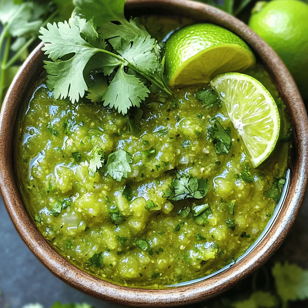 To make a fresh and zesty salsa verde, you need these main ingredients: - 1 pound tomatillos, husked and rinsed - 1 medium onion, quartered - 2 cloves garlic, peeled - 1-2 jalapeños, stems removed (adjust for heat) - 1 cup fresh cilantro leaves, loosely packed - 2 tablespoons lime juice - Salt to taste These ingredients create a bright flavor. Tomatillos add a lovely tang. Onions and garlic give depth. Jalapeños bring heat, while cilantro offers freshness. Lime juice ties it all together. You can add some optional ingredients to make your salsa unique: - Avocado for creaminess - A pinch of cumin for warmth - A splash of apple cider vinegar for extra tang Feel free to play with these options. Adding avocado makes the salsa richer. Cumin adds a smoky note. Vinegar can brighten the taste even more. If you can’t find tomatillos, green tomatoes work well. For a milder salsa, use bell peppers instead of jalapeños. If you don’t have fresh cilantro, parsley is a good substitute. Always use fresh ingredients for the best taste. Look for bright green tomatillos and firm onions. Store herbs in water to keep them fresh longer. When making salsa, the fresher the ingredients, the better the flavor. For the complete recipe, check out the Full Recipe. First, we need to get our oven ready. Preheat your oven to 425°F (220°C). This makes the tomatillos roast well. Next, take your tomatillos, onion, and garlic. Place them on a baking sheet. If you want, drizzle some olive oil on them. A sprinkle of salt helps too. Now, it's time to roast! Put the baking sheet in the oven. Roast for 15-20 minutes. You will know they are done when the tomatillos feel soft and turn a bit dark. The onion and garlic should also look nice and caramelized. Once done, take them out and let them cool for a few minutes. After cooling, it’s blending time! Grab a blender or food processor. Add the roasted tomatillos, onion, and garlic. Don’t forget the jalapeños, cilantro, and lime juice! Blend until you reach the texture you like. You can make it smooth or leave it a bit chunky. Now, taste your salsa. If it needs more salt or lime juice, add it in. This step is key to getting the flavor just right. Once you finish blending, transfer the salsa verde into a bowl. Chill it in the fridge for at least 30 minutes. This waiting time helps the flavors mix together. To serve, use a rustic bowl. Garnish with extra cilantro leaves and lime wedges for color. Enjoy your salsa with tortilla chips, tacos, or grilled meats. This zesty salsa verde will surely impress your friends and family. For the full recipe, check out the earlier section! To get the best texture for your salsa verde, blending is key. A smooth salsa works well for dipping. For a chunkier style, just pulse the blender a few times. Start with the tomatillos, onion, and garlic as a base. Make sure they are cool before blending. This helps keep the texture right. If you want a thinner salsa, add a bit of water or lime juice. Always taste and adjust as needed. You can make your salsa verde shine with a few simple tweaks. Try adding a pinch of sugar to balance out the tartness. If you like spice, toss in some extra jalapeños or even a dash of hot sauce. For a smoky flavor, add a chipotle pepper. You can also mix in diced avocado for creaminess. Fresh herbs like parsley or mint can brighten the taste. Experiment and find what makes your taste buds dance! Store your salsa verde in an airtight container. This keeps it fresh and tasty. Place a piece of plastic wrap directly on the salsa before sealing. It helps reduce air exposure. Salsa verde can last up to a week in the fridge. If you want to keep it longer, consider freezing it. Just pour it into freezer-safe bags and remove the air. Thaw it overnight in the fridge when you want to enjoy it again. {{image_2}} For a creamy twist, try avocado salsa verde. Just blend ripe avocados with the zesty salsa verde. Use about one ripe avocado for each batch. This adds a rich flavor and a smooth texture. Serve it with tortilla chips or as a topping on your tacos. It’s a crowd-pleaser! If you want a unique flavor, use tomatillos as the base. Tomatillos have a bright taste that shines in any dish. Roast them like in the full recipe. Blend them with fresh herbs, lime juice, and jalapeños. This version is vibrant and delicious, setting it apart from other salsas. For those who love sweet and spicy, mix honey or mango into your salsa. Add a spoonful of honey to balance the heat. You can also mix in diced mango for a fruity touch. This combination gives you a fresh burst of flavor, perfect for summer gatherings. Enjoy this sweet twist with grilled chicken or fish. To keep your salsa verde fresh, store it in a clean jar. Make sure the lid seals tightly. Place it in the fridge. It can last up to one week. Always use a clean spoon to scoop out salsa. This keeps it safe and tasty. You can freeze salsa verde for later. Use freezer-safe containers or bags. Leave some space at the top, as it will expand when frozen. Salsa verde can stay fresh for up to three months in the freezer. When ready, thaw it in the fridge overnight before using. Salsa verde can spoil if not stored properly. Signs include a change in color or smell. If you see mold or separation, it’s best to discard it. Always trust your senses. If something seems off, don’t take a chance. Enjoy your fresh salsa verde while it lasts! For the full recipe, check the earlier section. Salsa verde is a fresh green sauce made from tomatillos. It has a tangy, zesty flavor. You usually mix it with onions, garlic, and jalapeños. This sauce is common in Mexican dishes. It can be used as a dip or a topping. The bright green color makes it eye-catching on any plate. To lower the heat, remove the seeds from jalapeños. You can also use fewer jalapeños. Another great option is to add more tomatillos. This will keep the flavor but reduce the spice. Adding more lime juice can help balance the heat too. Always taste as you go to find the right level for you. Salsa verde shines with many dishes. It's great with tacos, grilled meats, or fish. You can also use it as a dip for tortilla chips. It adds flavor to quesadillas and enchiladas. Try it on eggs for a delicious breakfast twist. The bright flavors complement many foods. Yes, you can use store-bought ingredients if you're short on time. Look for canned tomatillos or jarred salsa verde. Just check the labels for quality. Fresh ingredients will give you the best flavor, but store-bought can work in a pinch. Always taste and adjust seasoning when using pre-made options. For the full recipe, check out the details above. Salsa verde is a versatile and tasty sauce you can easily make at home. We covered the key ingredients and how to prepare them, plus tips for the right texture and flavor. You learned how to store salsa for later use and explored fun variations to try. In conclusion, salsa verde can elevate your meals. Don't hesitate to personalize it to fit your taste. Enjoy making it, sharing it, and savoring every bite!