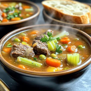 - 1 lb beef chuck, cut into 1-inch cubes - 2 tablespoons vegetable oil - 1 onion, diced - 2 garlic cloves, minced - 3 carrots, sliced - 2 celery stalks, chopped - 4 cups beef broth - 2 cups water - 1 can (14.5 oz) diced tomatoes, with juices - 1 cup green beans, trimmed and cut into 1-inch pieces - 1 cup corn kernels (fresh, frozen, or canned) - 2 medium potatoes, diced - 1 teaspoon dried thyme - 1 bay leaf - Salt and pepper to taste - Fresh parsley, chopped (for garnish) When I think of my mom's soup, I remember how it warmed my heart and soul. The beef chuck gives the soup a rich flavor. It’s key to cut it into 1-inch cubes for even cooking. The vegetable oil helps to brown the beef and adds a nice depth. Onions and garlic bring a sweet aroma. Diced onion makes the soup feel hearty. Minced garlic adds just the right kick. Carrots and celery add color and nutrition. They also provide a nice crunch if you don’t overcook them. The liquid ingredients are very important. Beef broth acts as the base, giving a robust taste. Adding water helps balance the flavors. Diced tomatoes add a touch of acidity and sweetness, which brightens the soup. You can't forget the vegetables. Green beans and corn provide sweetness and texture. Diced potatoes make the soup filling. They soak up the flavors and become creamy. For seasoning, thyme and bay leaf bring warmth and earthiness. Salt and pepper are essential for enhancing the flavors. The fresh parsley on top gives a lovely pop of color and freshness. This blend of ingredients creates a cozy, hearty dish. If you want the complete recipe, check out Mom's Hearty Vegetable Beef Soup. - Heat vegetable oil in a large pot or Dutch oven. - Sear beef cubes until browned on all sides. Start by heating the oil over medium-high heat. You want the pot hot enough to sear the beef. Add your beef cubes in a single layer. Searing locks in flavor and adds a nice crust. Cook the beef for about 5 to 7 minutes. Once done, remove the beef and set it aside. - Remove beef and sauté diced onion and garlic until translucent. - Add carrots and celery, cooking until softened. In the same pot, add your diced onion and minced garlic. Sauté until the onion turns translucent, about 3 minutes. The smell will be amazing! Next, toss in your sliced carrots and chopped celery. Cook these for about 5 minutes until they soften. This builds the base flavor for your soup. - Return beef to the pot, add broth, water, tomatoes, green beans, corn, and potatoes. - Stir in thyme, bay leaf, salt, and pepper. Now it’s time to bring everything together. Return the seared beef to the pot. Add 4 cups of beef broth and 2 cups of water. Then, toss in the can of diced tomatoes, green beans, corn, and diced potatoes. Don’t forget your thyme, bay leaf, salt, and pepper. Stir everything well to combine. - Bring to a boil, then reduce heat and simmer for 1.5 to 2 hours. - Adjust seasoning as necessary and remove bay leaf before serving. Bring the soup to a boil. Once boiling, reduce the heat to low and let it simmer. This is where the magic happens! Simmer for about 1.5 to 2 hours. The beef will become fork-tender. Before serving, taste your soup and adjust the seasoning if needed. Ensure you remove the bay leaf before ladling the soup into bowls. This method creates a warm, hearty meal that feels like a hug in a bowl. For the full recipe, check out the details above. Enjoy your cooking! - Use homemade beef broth for better taste. Homemade broth gives a fuller flavor. You can simmer beef bones and veggies for hours. This deepens the taste and makes the soup richer. - Add a splash of Worcestershire sauce for depth. This adds umami and a hint of tang. Just a little turns a good soup into a great one. - Cut vegetables evenly for uniform cooking. This helps all veggies cook at the same rate. You want them tender, not mushy. - Simmer until beef is fork-tender for the best texture. Slow cooking brings out the flavors. When the beef falls apart easily, it's done. - Ladle into deep bowls and garnish with fresh parsley. A sprinkle of green looks nice and adds freshness. - Serve with crusty bread for a complete meal. The bread is perfect for dipping and adds a nice crunch. Enjoy every bite! {{image_2}} If you need a gluten-free option, it's easy to adapt this soup. Use gluten-free broth as your base. Check all condiments too, like Worcestershire sauce, to ensure they fit the diet. This way, everyone can enjoy a warm bowl without worry. For a tasty vegetarian version, swap the beef for hearty mushrooms. Use vegetable broth instead of beef broth. This mix keeps the soup rich and flavorful while making it meat-free. You still get all the warmth and comfort of my mom's old-fashioned recipe. If you like a bit of heat, add chili flakes or diced jalapeños. Start with a small amount and taste as you go. This adds a spicy kick that makes the soup exciting. Spice can transform the flavors and make each bite thrilling. You can find the full recipe with these variations included. Store any leftover soup in an airtight container. It keeps well in the fridge for up to 3 days. This way, you can enjoy it again without losing flavor. If you want to save some for later, freeze it. Use individual containers to store portions. This soup stays fresh in the freezer for up to 3 months. Just make sure to label each container with the date. When you're ready to enjoy the soup again, reheat it on the stovetop or in the microwave. Heat it until it is warm all the way through. Stir it well to make sure everything heats evenly. Prep time is about 20 minutes, with a total cooking time of 2 hours 30 minutes. This soup needs a little time to develop its great taste. You can start by chopping the veggies and beef. Then, let the soup simmer until the meat is tender. This time allows all the flavors to mix well. Yes, feel free to use stew meat or even chicken as a substitute. If you like, try turkey or pork too. Each option gives a different flavor. Just make sure to adjust cooking time as needed. The key is to have meat that cooks well in soup. Absolutely! It's a hearty, nutritious soup that kids usually enjoy. The mix of veggies and tender beef makes it tasty. Kids love the colorful vegetables too. Plus, it’s easy to eat. You can add fun toppings like cheese or croutons to make it more exciting for them. Consider serving with crusty bread, a side salad, or sandwich halves. These sides complement the soup well. The bread is great for dipping. A fresh salad adds crunch and color. Sandwich halves can make it a whole meal. Enjoy your soup with these tasty options! You can create a hearty vegetable beef soup with simple ingredients. We covered the main components like beef, vegetables, and broth. You learned step-by-step cooking tips and how to store your soup. Remember, you can customize it for your taste or dietary needs. Don’t hesitate to experiment with flavors or textures. Enjoy warm bowls of comfort that also give nutrition. This soup is perfect for family meals or cozy nights in. Happy cooking!