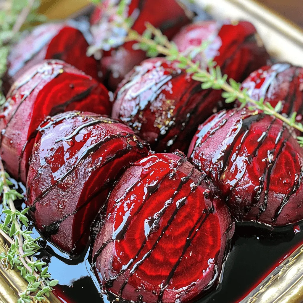 - 4 medium beets, scrubbed and tops removed - 3 tablespoons olive oil - Salt and pepper to taste - 1/4 cup balsamic vinegar - 2 tablespoons honey or maple syrup - 1 teaspoon Dijon mustard - Fresh thyme leaves for garnish The ingredients for oven roasted beets with balsamic glaze are simple yet flavorful. Beets are the star of this dish, bringing a sweet, earthy taste. The olive oil adds richness, while salt and pepper enhance the flavors. Balsamic vinegar gives a tangy kick, and honey or maple syrup adds sweetness. Dijon mustard blends it all together in the glaze. Finally, fresh thyme leaves offer a lovely herbal note that brightens each bite. - Caloric content per serving: About 150 calories - Macronutrient breakdown: 3g protein, 7g fat, 25g carbohydrates - Health benefits of beets: Beets are high in fiber, vitamins, and minerals. They support heart health and boost endurance during exercise. Plus, their bright color comes from powerful antioxidants. Eating beets can improve digestion and lower blood pressure. This mix of ingredients not only tastes great but also makes this dish healthy. Use the full recipe to create a delightful side dish that everyone will love. First, you must clean the beets. Use a vegetable scrub to remove dirt. Trim off the tops and tails. This helps them cook evenly. After cleaning, wrap each beet in aluminum foil. Drizzle a little olive oil on them. Season with salt and pepper. Close the foil tightly to keep the moisture in. Set your oven temperature to 400°F (200°C). Place the wrapped beets on a baking sheet. Roast them for 45 to 60 minutes. Check for doneness by piercing them with a knife. If the knife goes in easily, they are ready. While the beets roast, prepare the balsamic glaze. In a small saucepan, combine balsamic vinegar, honey or maple syrup, and Dijon mustard. Bring this mix to a simmer over medium heat. Let it reduce for about 10 minutes. The glaze should thicken slightly. Remove from heat and let it cool. This recipe is sure to impress anyone at your table. For the complete process, refer to the Full Recipe. To know when your beets are perfectly roasted, look for a few signs. First, they should be tender when you poke them with a knife. If the knife goes in easily, they are done. You can also check by twisting the skin; it should come off without much effort. Avoid overcooking, as this can make them mushy. Common mistakes include not wrapping the beets tightly in foil. This can cause them to dry out. Also, make sure to season them well with salt and olive oil. This adds flavor. Lastly, don't rush the roasting time. Be patient for that sweet, caramelized taste. Enhancing the flavor of your roasted beets can be simple. Fresh herbs like thyme or parsley work wonders. Just sprinkle them on top after drizzling the balsamic glaze. You can also add a pinch of salt or a dash of pepper for extra taste. For presentation, serve the beets on a bright platter. Arrange the slices in a circle or a fan shape. Drizzle some extra balsamic glaze on top. This creates a beautiful dish that draws the eye. It's perfect for sharing at dinner parties. Don't let leftover balsamic glaze go to waste! You can use it as a salad dressing or a drizzle over grilled meats. It's also great on veggies. Just mix it with a bit of olive oil for a quick dressing. If you have leftover beets, try adding them to salads or sandwiches. They add a nice sweetness and color. You can also blend them into a smoothie for a nutrient boost. These ideas keep your meals exciting and reduce waste. Check out the Full Recipe for more cooking inspiration! {{image_2}} Experimenting with herbs can change the whole dish. I love using fresh rosemary or parsley. Both herbs add a bright touch that pairs well with the sweetness of beets. You can also try adding spices for an extra kick. A pinch of chili flakes or smoked paprika brings warmth and depth. If you want to swap out honey, try agave nectar or stevia. These sweeteners work well in the glaze. Adjust the sweetness to your taste. If you prefer it sweeter, add a bit more. If you like it less sweet, reduce the amount. Mixing beets with other veggies can create a delightful medley. Try pairing them with carrots or sweet potatoes for added flavor and color. You can also toss roasted beets with greens for a fresh salad. This adds crunch and balances the sweetness of the beets. Enjoy the variety! To keep your roasted beets fresh, let them cool down first. Place them in an airtight container. You can store them in the fridge for up to five days. Make sure to label the container with the date. This helps you track freshness. If you want to enjoy their flavor later, add the balsamic glaze just before serving. It keeps the beets tasty and vibrant. If you have extra roasted beets, freezing is a great option. First, let the beets cool completely. Then, slice them into wedges or cubes for easy use. Place them in freezer-safe bags. Remove as much air as possible to prevent freezer burn. You can freeze them for up to three months. To reheat, thaw the beets in the fridge overnight. Then, warm them in the oven at 350°F (175°C) for about 10-15 minutes. You can also microwave them for a quick meal. Just cover them with a damp paper towel to keep them moist. Enjoy your delicious oven roasted beets with balsamic glaze again! You can check if beets are done by piercing them with a knife. If it goes in easily, they are ready. Another tip is to look for a soft texture. Generally, beets roast for about 45-60 minutes at 400°F (200°C). Make sure to check them around the 45-minute mark. That way, you can avoid overcooking. Yes, you can make the balsamic glaze in advance. Just store it in an airtight container in the fridge. It will keep well for up to a week. When you’re ready to use it, reheat it gently on the stove. You can also microwave it, but be careful not to overheat. Oven roasted beets pair well with many dishes. Here are some ideas: - Goat cheese salad - Grilled chicken or fish - Quinoa bowl with veggies - Mixed greens with nuts These options add texture and flavor to your meal. You can peel beets both ways, but each has its pros and cons. Peeling after roasting can be easier, as the skin slips off easily. However, some say peeling before roasting gives a cleaner taste. Try both methods to see which you prefer! We covered how to make delicious roasted beets with a balsamic glaze. You learned the simple steps of prepping, roasting, and creating a flavorful glaze. I shared tips for perfecting your dish, as well as ideas for using any leftovers. Roasted beets are not only tasty but also healthy. Experimenting with flavors and ingredients can make this dish your own. Enjoy your cooking and the vibrant flavors of beets in every bite!