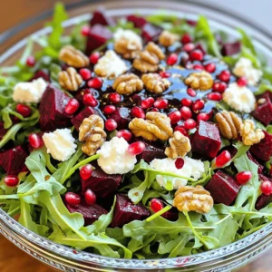 - Roasted Beets - Fresh Arugula - Goat Cheese - Walnuts - Pomegranate Seeds To create this vibrant salad, you need some fresh and colorful ingredients. Start with roasted beets. They add a sweet and earthy flavor that shines. Fresh arugula gives a peppery taste and a nice crunch. Goat cheese brings creaminess, balancing the salad. Walnuts add a nutty crunch, making each bite delightful. Finally, pomegranate seeds pop with sweetness and color, making the dish truly special. - Balsamic Vinegar - Olive Oil - Honey - Salt and Pepper A great salad needs a tasty dressing. For this one, mix balsamic vinegar and olive oil. This blend gives a sweet and tangy flavor. Adding honey enhances the sweetness. Don't forget salt and pepper; they bring out all the flavors. This simple dressing ties all ingredients together, making each bite burst with taste. For the full recipe, check the detailed steps you need to follow. Roasting Technique To start, preheat your oven to 400°F (200°C). This high heat helps the beets become tender and sweet. Wrap each beet in aluminum foil. This keeps the moisture in and helps them cook evenly. Place the wrapped beets on a baking sheet and roast for 45 to 60 minutes. You will know they're done when a knife goes in easily. Cooling and Dicing Once the beets are soft, take them out and let them cool. It is important to let them cool so you don’t burn your hands. After they cool, peel off the skins. They should slip off easily. Then, cut the beets into bite-sized cubes. Set them aside while you prepare the rest of the salad. Whisking Ingredients Together In a small bowl, add 2 tablespoons of balsamic vinegar, 2 tablespoons of olive oil, and 1 teaspoon of honey. Season with salt and pepper. Using a whisk, mix the ingredients until they blend well. The dressing should be smooth and slightly thick. Adjusting Seasoning Taste the dressing after mixing. This is the time to adjust the flavors. If you want it sweeter, add a bit more honey. For more acidity, add a little more vinegar. Keep tasting until you find the perfect balance. Mixing Beets and Arugula In a large mixing bowl, place your roasted, diced beets and 4 cups of fresh arugula. The peppery flavor of the arugula pairs well with the sweetness of the beets. This is where the fun begins! Tossing with Dressing Drizzle the dressing over the beets and arugula. Now, gently toss everything together. Be careful not to mash the beets. You want to coat all the greens and beets with the dressing evenly. Incorporating Cheese and Nuts Next, sprinkle 1/2 cup of crumbled goat cheese and 1/4 cup of toasted walnuts over the salad. If you like a bit of crunch, add those nuts! The cheese adds creaminess, making each bite delightful. Serving Suggestions Transfer the salad to a serving platter or individual bowls. For a pretty look, drizzle any leftover dressing on top. Add a sprinkle of 1/4 cup of pomegranate seeds for a burst of color and flavor. This vibrant beet and arugula salad will be a hit at any meal. For the full recipe, check the earlier section. When choosing beets, look for ones that feel firm and heavy. Fresh beets should have smooth skin without any cuts or blemishes. Their tops should be green and crisp, showing they are fresh. I recommend using red beets for their sweet flavor, but golden and striped varieties also work well. Each type adds a unique taste to the salad. For a beautiful plate, layer the ingredients in a clear bowl. This way, the vibrant colors show off the dish's appeal. Consider garnishing with extra pomegranate seeds and whole walnuts for a striking look. This salad pairs nicely with grilled chicken or fish, making it a great side for a light meal. You can also serve it alongside whole-grain bread for a fulfilling lunch. One common mistake is overcooking the beets. This can make them mushy and dull in flavor. Aim for tender but firm beets. Another issue is improper dressing ratios. Too much dressing can overwhelm the salad. Stick to the recipe for balance. Adjust the dressing to your taste, but remember that less can be more with this dish. {{image_2}} You can change the cheese in your beet salad to suit your taste. - Feta Cheese: This cheese adds a salty and tangy flavor. It crumbles easily and pairs well with beets and arugula. You can use about 1/2 cup of crumbled feta in your salad for a fresh twist. - Blue Cheese: If you like bold flavors, try blue cheese. It has a strong taste that balances the sweetness of the beets. Crumbling about 1/2 cup of blue cheese into the salad adds creaminess and depth. Adding more toppings can make your salad even better. - Avocado: Sliced avocado brings a creamy texture. It adds healthy fats that make the salad more filling. Just one medium avocado, sliced, can transform your dish. - Cucumber Slices: Cucumber adds a crunchy bite. It keeps the salad fresh and light. Thinly slice one medium cucumber and toss it in for extra flavor and texture. The dressing can change the whole vibe of your salad. - Lemon Vinaigrette: This dressing is bright and tangy. You can mix lemon juice, olive oil, salt, and pepper for a quick option. It pairs well with the sweetness of the beets. - Yogurt-based Dressings: A yogurt dressing is creamy and tangy. Mix plain yogurt with herbs and a bit of lemon juice. This dressing brings a unique twist that complements the salad well. Feel free to explore these variations. Each change can make your beet salad new and exciting. For the complete recipe, check out the [Full Recipe]. To keep your beet salad fresh, store leftovers properly. Place the salad in an airtight container. This helps prevent moisture and keeps it tasty. If you have dressing left, store it separately. The dressing can make greens soggy. For refrigeration, set your fridge to 40°F (4°C) or lower. This helps slow down spoilage. Try to eat leftovers within three days for the best flavor and texture. You might wonder if you can reheat beet salad. While I recommend serving it cold, you can warm it slightly. If you want to reheat, use the microwave. Place your salad on a microwave-safe plate. Heat it for about 15-30 seconds. Keep an eye on it to avoid cooking the greens. Beet salad stays fresh for about three days in the fridge. After that, the flavors may fade. Check for signs of spoilage before eating. If the salad looks wilted or smells off, it’s best to toss it. Fresh arugula should be vibrant green, and beets should look bright and firm. Enjoy your vibrant beet salad while it’s at its best! Yes, you can make this salad ahead of time. To keep it fresh, store the beets and arugula separately. This way, the greens stay crisp. You can prepare the dressing in advance too. Just whisk it and keep it in the fridge. When you're ready to eat, combine everything. Toss in the cheese and nuts last for the best taste. Beet salad is very healthy. Beets are rich in fiber, vitamins, and minerals. They help lower blood pressure and boost stamina. Arugula adds more nutrients. It is full of vitamin K and antioxidants. Together, they make a great dish for your health. Enjoy this salad to get a burst of energy. You can use canned beets, but fresh beets taste better. Canned beets are softer and less sweet. If you use them, rinse and drain well. This will remove extra salt and flavor. Fresh roasted beets add a nice texture and taste that canned cannot match. Beet salad goes well with many dishes. Try it with grilled chicken or fish for protein. It also pairs nicely with a hearty soup. For drinks, a light white wine or sparkling water works well. The bright flavors in the salad balance rich meals nicely. Enjoy exploring different pairings with your beet salad. This blog post covered a fresh beet salad recipe featuring roasted beets, arugula, and goat cheese. We explored how to prepare the beets, make a simple dressing, and add extra toppings. You also learned tips for selecting the best ingredients and how to store leftovers. In summary, this salad is tasty and easy to prepare. Whether you enjoy it as a main dish or as a side, it's sure to impress. Keep experimenting with different ingredients to make it your own!
