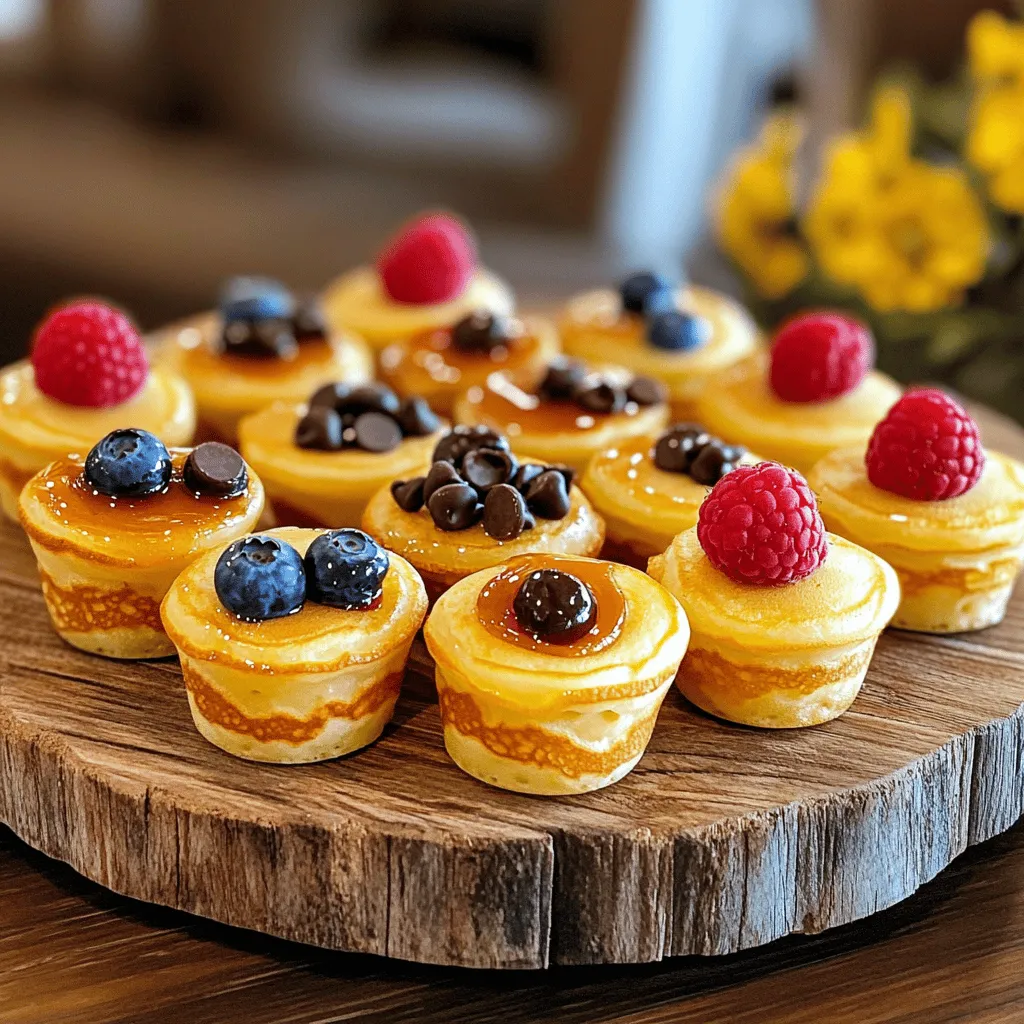 To make pancake mini muffins, you will need: - 1 cup all-purpose flour - 1 tablespoon baking powder - 1/2 teaspoon salt - 1 tablespoon sugar - 1 cup milk - 2 large eggs - 2 tablespoons melted butter (or coconut oil for a dairy-free option) - 1 teaspoon vanilla extract - 1/2 cup chocolate chips or fresh berries (blueberries or raspberries) - Maple syrup, for drizzling (optional) These ingredients work together to create fluffy, tasty mini muffins. You can easily swap some ingredients based on your needs. For a gluten-free option, use a gluten-free flour blend instead of all-purpose flour. If you want to cut sugar, use a sugar substitute or leave it out entirely. For a dairy-free option, coconut oil is a great swap for butter. You can also try almond milk or oat milk instead of regular milk. If you don't have chocolate chips, fresh fruit adds a nice touch. All-purpose flour is ideal for these muffins. It gives a light, fluffy texture. If you want a nutty flavor, try whole wheat flour. For sweeteners, granulated sugar works well. If you prefer natural options, honey or maple syrup can be great too. Just remember, if you use liquid sweeteners, you may need to adjust the wet ingredients. These choices help you make pancake mini muffins that fit your taste and dietary needs. For the full recipe, check out the complete details above. To start, gather your ingredients. You will need: - 1 cup all-purpose flour - 1 tablespoon baking powder - 1/2 teaspoon salt - 1 tablespoon sugar - 1 cup milk - 2 large eggs - 2 tablespoons melted butter (or coconut oil for a dairy-free option) - 1 teaspoon vanilla extract - 1/2 cup chocolate chips or fresh berries (blueberries or raspberries) Next, preheat your oven to 350°F (175°C). This step is key for even baking. Grease a mini muffin tin or use mini muffin liners. Now, in a large mixing bowl, whisk together the flour, baking powder, salt, and sugar until they blend well. In a separate bowl, mix the milk, eggs, melted butter, and vanilla extract until smooth. Slowly pour the wet mix into the dry mix. Stir gently. Don’t worry about lumps; they are fine! Carefully fold in your chocolate chips or berries. This adds flavor and fun to your muffins. Using a small cookie scoop or spoon, fill each muffin cavity about 3/4 full with batter. This helps them rise nicely. Bake the muffins in your preheated oven for about 12-15 minutes. Check them by inserting a toothpick into the center of a muffin. If it comes out clean, they are ready! Keep an eye on them as they bake. Ovens can vary, so check a minute or two early if you want to avoid over-baking. Once baked, let the mini muffins cool in the pan for about 5 minutes. This helps them set. After that, transfer them to a wire rack to cool completely. Serve these delightful treats warm. Drizzle them with maple syrup for extra sweetness. You can also add fresh berries on top for a colorful look. Enjoy these mini muffins for breakfast, a snack, or a sweet treat! For the full recipe, visit the recipe section. To make great pancake mini muffins, keep it simple. Here are some tips: - Measure your flour correctly. Too much flour can make muffins dry. Use a spoon to scoop flour into your measuring cup. - Don’t overmix the batter. Stir until just combined. A few lumps are okay. Overmixing can lead to tough muffins. - Check your oven temperature. An oven thermometer can help. If your oven is too hot, muffins can burn on the outside but stay raw inside. Fluffy muffins are a delight. Here’s how to achieve that perfect texture: - Use fresh baking powder. Old baking powder won’t rise well. Check the date on the package. - Add in wet ingredients slowly. This helps to keep air in the batter. Air bubbles create fluffiness. - Fill muffin cups properly. Fill each cup about 3/4 full. This allows room for the muffins to rise without spilling over. Want to take your muffins to the next level? Try these ideas: - Mix in spices. A pinch of cinnamon or nutmeg adds warmth. You can also try a dash of cocoa powder for a chocolate twist. - Use flavored extracts. Swap vanilla for almond or lemon extract for a new taste. - Toppings matter. Top with chocolate chips or berries before baking. This adds flavor and makes them look pretty. For a full recipe to try these tips, check out the [Full Recipe]. Enjoy baking! {{image_2}} You can have fun with flavor! Try adding berries like blueberries or raspberries. They give a sweet burst in every bite. You can also add chocolate chips for a rich touch. If you love nuts, chop up some walnuts or pecans. They add crunch and taste great! Want to make these muffins healthier? Use whole wheat flour instead of all-purpose flour. It adds fiber and nutrients. You can also swap regular sugar for honey or maple syrup. These natural sweeteners offer great taste and help cut refined sugar. For a dairy-free option, use coconut oil instead of butter. Change the flavors with the seasons! In fall, add pumpkin puree and spices like cinnamon and nutmeg. For winter, try peppermint extract with chocolate chips. In spring, use fresh fruit like strawberries. In summer, mix in diced peaches or cherries. Each season brings new tastes to enjoy! Check out the Full Recipe for all the details. To keep your pancake mini muffins fresh, store them in an airtight container. This helps prevent them from drying out. Place a piece of parchment paper between layers to keep them from sticking. You can leave them at room temperature for up to two days. If you want to keep them longer, consider freezing. Freezing is a great option for these muffins. After they cool completely, place them in a single layer on a baking sheet. Freeze them for about an hour. This step helps them hold their shape. Once frozen, transfer the muffins to a freezer bag. Remove as much air as possible to avoid freezer burn. You can store them for up to three months. To enjoy your muffins again, reheat them simply. For best results, use the oven. Preheat it to 350°F (175°C). Place the muffins on a baking sheet and heat for about 5-7 minutes. You can also use a microwave. Heat for about 15-20 seconds. If you want a warm, soft muffin, drizzle a little maple syrup on top before serving. For the full recipe, check out the earlier section. Yes, you can make pancake mini muffins gluten-free. Use a gluten-free flour blend. Many brands offer blends that work well in recipes like this. Just make sure the blend has xanthan gum in it. This helps with texture and structure. You can use a regular muffin tin, but the baking time will change. Fill each cup about halfway. Regular muffins will take longer to bake, around 18-22 minutes. Check for doneness with a toothpick. To check if the muffins are done, insert a toothpick into the center. If it comes out clean, they are ready. If it has wet batter on it, bake for a few more minutes. Let them cool in the pan for a short time before moving them to a rack. We explored pancake mini muffins from ingredients to storage tips. You now know the best ingredients and easy swaps. Plus, I shared step-by-step instructions that ensure your muffins turn out fluffy. Remember the baking tricks to avoid mistakes and the fun variations to try. Proper storage keeps them fresh for later. With this guide, you can enjoy delicious mini muffins anytime. Happy baking!