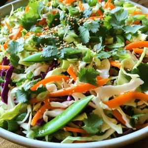 - 2 cups green cabbage, finely shredded - 1 cup red cabbage, finely shredded - 1 cup carrots, julienned - 1 bell pepper (red or yellow), thinly sliced - 1 cup snow peas, trimmed and halved - 1/4 cup green onions, sliced - 1/4 cup fresh cilantro, chopped - 1/4 cup sesame seeds, toasted - 3 tablespoons rice vinegar - 2 tablespoons soy sauce (or tamari for gluten-free) - 1 tablespoon honey or maple syrup - 1 tablespoon sesame oil - 1 clove garlic, minced - 1 teaspoon freshly grated ginger - Pepper to taste Crunchy Asian slaw is colorful and full of life. You need fresh veggies for this dish. The green and red cabbage add crunch and a touch of sweetness. Carrots bring in a nice orange color and sweetness. Bell pepper adds a mild, sweet flavor, while snow peas give it a delightful snap. For the dressing, rice vinegar adds tang. Soy sauce or tamari gives it saltiness. Honey or maple syrup balances the flavors. Sesame oil adds a nutty taste. Garlic and ginger spice it up just right. Don’t forget a sprinkle of pepper to finish! This slaw is perfect for any meal. You can serve it as a side or even top a taco or sandwich with it. The recipe is easy, quick, and makes a great addition to any table. For the complete process, check the Full Recipe. Making Crunchy Asian Slaw is easy and fun. You will prep the veggies, mix the dressing, and combine everything in a bowl. Finally, you may chill it for extra flavor. To start, you need to finely shred the cabbage. Take the green cabbage and cut it into quarters. Remove the core. Then, slice it thinly. Repeat with the red cabbage. Next, julienne the carrots. Cut the carrots into long strips. Use a sharp knife for best results. Add the shredded cabbage and julienned carrots into a large bowl. Now, grab a small bowl. In this bowl, whisk the dressing ingredients together. Combine the rice vinegar, soy sauce, honey or maple syrup, sesame oil, minced garlic, and grated ginger. Add a pinch of pepper. Whisk until it is smooth and well mixed. Pour the dressing over the slaw mixture. Toss it well to coat the cabbage and carrots evenly. Make sure every piece is covered in that tasty dressing. Just before serving, add the toasted sesame seeds and chopped cilantro. Give it a gentle toss to mix in the toppings. Chilling your slaw can make it even better. If you have time, cover the bowl and put it in the fridge for 15 to 20 minutes. This helps the flavors blend nicely. Enjoy your Crunchy Asian Slaw fresh and vibrant! For the complete details, check the Full Recipe. To keep your slaw crunchy, start with fresh veggies. Use a sharp knife to finely shred the cabbage. This helps release moisture. After cutting, soak the cabbage in cold water for 10 minutes. This extra step makes it extra crisp. Rinse and dry it well before mixing. Also, add the dressing just before serving. This prevents the veggies from wilting. To adjust sweetness, add more honey or maple syrup. If you want more acidity, increase the rice vinegar. For saltiness, you can add a pinch of soy sauce. Taste as you go. This way, you get the perfect balance. You might also add lime juice for a fresh twist. Remember, everyone's taste is different, so trust your palate. Use this slaw as a side dish with grilled meats. It pairs great with chicken, fish, or pork. You can also serve it in tacos for a crunchy filling. Another idea is to add it to sandwiches for extra crunch. This slaw is versatile. You can easily mix it into grain bowls for a fresh bite. Explore these ideas to make the most out of your Crunchy Asian Slaw. For the full recipe, check out the earlier section. {{image_2}} You can switch up the veggies in your Crunchy Asian Slaw. Try using kale instead of cabbage for a hearty twist. Radishes add a nice crunch and peppery flavor. You can also use broccoli slaw or shredded Brussels sprouts for a unique taste. Feel free to mix and match your favorite vegetables. Just keep the colors bright for a more appealing dish. Adding protein makes your slaw more filling. Grilled chicken is a great choice, giving it a smoky flavor. Shrimp adds a touch of sweetness and works well with the dressing. If you prefer plant-based options, try adding tofu or chickpeas. Both options will boost nutrition and make the slaw more satisfying. Just toss them in just before serving for the best texture. You can customize the dressing to suit your taste. For a creamier slaw, mix in some plain yogurt or a little mayo. If you love heat, add some chili paste or sriracha for a spicy kick. You can also drizzle in some lime juice for a tangy twist. Experiment with different flavors until you find your perfect blend. Check the Full Recipe for the original dressing you can adjust. To keep your leftover Crunchy Asian Slaw fresh, store it in an airtight container. Make sure to remove as much air as you can. This helps keep the veggies crisp. If you used a dressing, try to store it separately. This way, the slaw stays crunchy for longer. You can mix it just before eating. In the fridge, your slaw stays fresh for about 3 to 5 days. The key is to check for any signs of wilting or spoilage. If the veggies look limp or smell off, it’s time to toss them out. Always trust your senses! You can freeze Crunchy Asian Slaw, but be aware of texture changes. When you thaw it, the veggies may become soft. To freeze, use a freezer-safe bag or container. Remove as much air as possible. It will keep for about 2 to 3 months. When ready to use, thaw it in the fridge overnight. You may want to add a fresh dressing for the best taste. Crunchy Asian Slaw is a colorful mix of fresh veggies. It often includes green and red cabbage, carrots, and bell peppers. The dish has roots in Asian cuisine, where it pairs well with many meals. Its bright flavors come from a tangy dressing made with rice vinegar and soy sauce. This slaw is not just a side; it's a vibrant addition to any table. Yes, you can make this slaw ahead of time! Prepare it up to a day in advance. Just store it in the fridge in a sealed container. However, wait to add the dressing until just before serving. This keeps the veggies crisp and fresh. If you want extra flavor, let it chill for 15-20 minutes after mixing. To make this slaw gluten-free, simply use tamari instead of regular soy sauce. Tamari is a gluten-free option that offers the same great taste. All other ingredients in this recipe are naturally gluten-free, so you can enjoy it without worry. Making this slaw vegan is easy! Swap honey for maple syrup in the dressing. This simple change keeps the sweet taste while making it plant-based. All the vegetables in the slaw are already vegan-friendly, so you can enjoy this dish guilt-free. For more flavor, add extra herbs like mint or basil. For the complete recipe, check out the [Full Recipe]. In this post, we covered how to make Crunchy Asian Slaw, from selecting fresh veggies to mixing a tasty dressing. You learned how to keep your slaw crispy and balanced in flavor while exploring storage tips and variations. This slaw not only brightens up your plate but can be tailored to your preferences. Enjoy experimenting with different ingredients and flavors. With this guide, you're ready to create your own vibrant slaw dish that everyone will love.