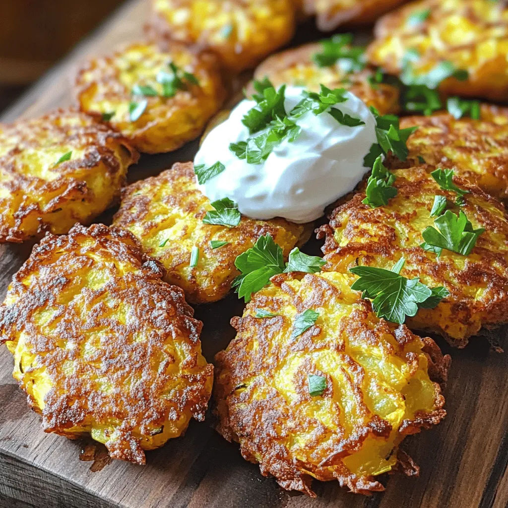 - 2 medium summer squashes, grated - 1 cup grated zucchini - 1/2 cup all-purpose flour - 1/4 cup cornmeal - 1/4 cup grated Parmesan cheese - 1 large egg, beaten - 2 cloves garlic, minced - 1 teaspoon onion powder - 1 teaspoon dried oregano - Salt and pepper to taste - Olive oil spray When making air fryer summer squash fritters, you need fresh ingredients. The summer squash brings a light, sweet flavor. Zucchini adds moisture and helps the fritters hold together. Flour and cornmeal give the fritters their crunchy texture. Parmesan adds a savory depth. The egg binds everything, while garlic and spices boost flavor. Use salt and pepper to taste for the best results. A light spray of olive oil helps achieve that golden crisp. - Air fryer - Mixing bowl - Kitchen towel You will need a few tools to make these fritters. An air fryer cooks them quickly and evenly. A mixing bowl lets you combine all the ingredients easily. A kitchen towel helps remove moisture from the grated squash. These simple items make the cooking process smooth. It’s all about keeping it easy and fun in the kitchen. 1. Start by grating the summer squash and zucchini. This helps them cook evenly. 2. Place the grated veggies in a bowl and sprinkle with salt. The salt pulls out moisture. 3. Let the mixture sit for ten minutes. This step is key for crispy fritters. 4. After ten minutes, grab a clean kitchen towel. Squeeze the squash to remove extra moisture. This will help the fritters crisp up. 1. In the same bowl, combine the dry and wet ingredients. Add the flour, cornmeal, and Parmesan cheese. 2. Next, mix in the beaten egg, minced garlic, onion powder, oregano, salt, and pepper. 3. Stir until everything is well blended. You want a thick mixture that holds together. 1. Preheat your air fryer to 375°F (190°C). This ensures even cooking. 2. If you like, line the basket with parchment paper. Lightly spray it with olive oil for a non-stick surface. 3. Use a tablespoon to scoop the mixture. Shape it into small patties, about 2 inches wide. 4. Place the patties in a single layer in the air fryer basket. Do not overcrowd them. 5. Lightly spray the top with olive oil. This adds to the crispiness. 6. Air fry the fritters for 10-12 minutes. Flip them halfway through for even browning. 7. When they turn golden brown, they’re ready. Let them cool for a minute before serving. This recipe is simple and fun to make. You can find the full recipe for crispy air fryer summer squash fritters above. To achieve crispy fritters, start by removing moisture. Grated summer squash and zucchini have a lot of water. Moisture makes fritters soggy. Sprinkle salt over the grated veggies and let them sit. This step pulls out extra liquid. After ten minutes, squeeze the mix in a kitchen towel. This makes a big difference in texture. For air fryer settings, preheat to 375°F (190°C). This temperature cooks the fritters evenly and makes them crispy. The cooking time is key too. Aim for 10 to 12 minutes. Flip the fritters halfway through for even browning. Your fritters should be golden brown and firm when done. Fritters taste great on their own but pair well with dips. Greek yogurt or sour cream adds creaminess. Fresh herbs like parsley or chives make a lovely garnish. For presentation, serve fritters warm on a plate. A colorful dish will make your meal stand out. Enjoy your crispy fritters with friends and family! {{image_2}} You can change a few ingredients in the fritters. Instead of zucchini, try using yellow squash or even carrots. Both add a nice taste and keep the dish fresh. For cheese, you can swap Parmesan with feta or cheddar. Each cheese brings out a unique flavor. Spices can also change the taste. Try adding smoked paprika for a smoky kick. Or, mix in some cumin for a warm flavor. These small changes can make your fritters exciting. If you don’t have an air fryer, baking is an option. Preheat your oven to 400°F (200°C). Place the fritters on a baking sheet lined with parchment paper. Bake for about 20 minutes, flipping halfway through. This will give you a nice, crispy finish. You can also pan-fry the fritters. Heat a skillet over medium heat and add a little olive oil. Cook the fritters for about 4-5 minutes on each side. This method will give you a different texture, crispy on the outside and soft inside. Want to make these fritters vegan? Replace the egg with flaxseed meal. Mix 1 tablespoon of flaxseed meal with 3 tablespoons of water. Let it sit for 5 minutes to thicken. For a gluten-free version, use almond flour or a gluten-free flour blend in place of all-purpose flour. To boost nutrition, add some chopped spinach or kale to the mix. You can also sprinkle in some chia or hemp seeds for extra fiber and protein. These changes keep the fritters healthy and tasty. For the full recipe, check out the details above! To keep your fritters fresh, place them in a storage container with a tight lid. Use parchment paper between layers to avoid sticking. Refrigerate them within two hours of cooking for the best taste. They can last up to three days in the fridge. To bring back the crispiness, reheat fritters in your air fryer. Set it to 350°F (175°C) and heat for about 5 minutes. This keeps them crunchy. For alternative methods, you can use a skillet on medium heat. Just add a bit of oil and heat each side for about 2-3 minutes. This also works well for leftover fritters. Enjoy them warm and crispy again! Can I use other types of squash? Yes, you can use other squash types. Zucchini works well. Acorn squash adds a sweet flavor. Just remember to adjust cooking time for thicker squash. How do I know when the fritters are done? Your fritters are done when they are golden brown and crispy. Flip them halfway through cooking for even browning. Use a fork to check the texture. They should feel firm. Can I freeze the fritters? You can freeze fritters! Let them cool first. Place them in an airtight container. They can last up to three months in the freezer. Reheat in the air fryer when ready to eat. What spices pair well with summer squash? Summer squash loves spices like garlic, onion powder, and oregano. You can also try cumin for warmth or basil for freshness. Experiment with your favorites! How do I prevent the fritters from sticking? To prevent sticking, spray your air fryer basket with olive oil. Use parchment paper for easy removal. Make sure not to overcrowd the basket. This helps the hot air circulate. Where can I find the full recipe? You can find the full recipe for crispy air fryer summer squash fritters above. It includes all ingredients and steps you need. Can I double the recipe for a larger batch? Yes, you can double the recipe! Just use more squash and other ingredients. Make sure your air fryer can handle the extra volume. Cook in batches if needed for best results. To sum up, you can make tasty air fryer summer squash fritters using simple ingredients. Grating the vegetables and removing moisture are key for great texture. Follow the steps carefully to mix and cook them well, and remember to try different flavor swaps. Storing and reheating leftovers is easy, too. Enjoy your crunchy fritters as a snack or meal. Now, it's time to get cooking and impress everyone with your new dish!