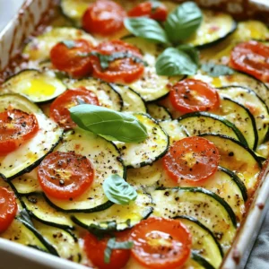 When making a delicious baked zucchini parmesan casserole, you'll need fresh, simple ingredients. Here's what to gather: - 4 medium zucchinis, thinly sliced - 1 cup cherry tomatoes, halved - 1 cup ricotta cheese - 1 cup shredded mozzarella cheese - 1/2 cup grated Parmesan cheese - 1 cup fresh basil leaves, chopped - 2 cloves garlic, minced - 1 teaspoon dried oregano - 1 teaspoon salt - 1/2 teaspoon black pepper - 1 tablespoon olive oil These ingredients blend well to create a tasty dish. The zucchini offers a nice texture, while the cheeses add creaminess. Fresh herbs like basil and oregano bring out bright flavors. I love using fresh ingredients for the best taste. You can find the full recipe for more details. Prepping the Zucchini Start by washing the zucchinis well. Slice them into thin rounds. Use a sharp knife for neat cuts. Thin slices help the zucchini cook evenly and blend well with other flavors. Set the slices aside on a clean kitchen towel to absorb extra moisture. Mixing the Cheese Filling In a big mixing bowl, add the ricotta cheese. Then, mix in half of the mozzarella cheese and the grated Parmesan cheese. Next, toss in the chopped basil, minced garlic, oregano, salt, and pepper. Stir everything together until it forms a smooth mixture. This cheesy blend is creamy and full of flavor. Arranging Layers in the Baking Dish Take a greased 9x13-inch baking dish and layer half of the zucchini slices at the bottom. Spread half of the ricotta mixture over the zucchini. Add half of the halved cherry tomatoes on top. Repeat this process with the rest of the zucchini, ricotta mixture, and cherry tomatoes. Finish with the remaining mozzarella cheese sprinkled on top for a cheesy crust. Covering and Baking Instructions Preheat your oven to 375°F (190°C). Once the layers are ready, cover the baking dish tightly with aluminum foil. Bake it for 30 minutes. This helps steam the zucchini and melt the cheese. Finishing Touches before Serving After 30 minutes, take off the foil and bake for another 15 to 20 minutes. You want the cheese to bubble and turn golden brown. Let the casserole cool for about 10 minutes before slicing. This waiting time helps the layers set. Enjoy your delicious baked zucchini Parmesan casserole! For the full recipe, check out the complete instructions. Ensuring Even Cooking To get a great bake, slice the zucchini thin. Thin slices cook faster and evenly. Layer the zucchini well in the dish. This helps heat move through the dish. Make sure not to pack it too tightly. This way, the heat can circulate and cook everything. Tips for Creaminess and Flavor Use fresh ricotta for a rich taste. Mixing in fresh basil adds a nice touch. Don't skip the olive oil; it keeps the dish moist. When baking, cover the dish for the first part. This traps steam, making the casserole creamy. Remove the cover later to brown the cheese. Ideal Pairings for the Dish This casserole pairs well with a simple salad. A light green salad with vinaigrette works great. You can also serve it with crusty bread. This adds a nice crunch and texture. Enhancing Presentation For a beautiful look, top the casserole with fresh basil leaves. A drizzle of balsamic glaze makes it pop. Use a colorful plate to let the dish shine. This adds to the overall dining experience. For more tips, check out the Full Recipe. {{image_2}} You can change the cheeses in the casserole. Try using goat cheese or feta. Both add a nice twist. If you want a creamier texture, use cream cheese. For a lighter option, switch to low-fat milk or cheese. This keeps the dish tasty but cuts some fat. If you're vegan, try replacing all dairy with plant-based options. Use almond milk or cashew cheese. These options work well and still taste great. Want to boost the protein? Add cooked chicken, turkey, or even beans. This makes the casserole hearty and filling. You can also mix in other vegetables. Try bell peppers, spinach, or mushrooms. These add color and flavor. Just make sure to chop them small so they cook evenly. Explore these variations to make the baked zucchini parmesan casserole your own. You might find a new favorite! For the complete recipe, check the Full Recipe section. After enjoying your delicious baked zucchini parmesan casserole, you may have some leftovers. Here’s how to keep them fresh: - Refrigeration Guidelines: Allow the casserole to cool completely. Place it in an airtight container. It will last in the fridge for about 3–5 days. Make sure to cover it well to avoid drying out. - Freezing the Casserole: If you want to save it longer, freezing is a great option. Cut the casserole into portions. Wrap each piece tightly in plastic wrap and then place it in a freezer-safe bag. It should last up to 2–3 months in the freezer. When you’re ready to eat, just thaw it in the fridge overnight. When it’s time to enjoy your leftovers, here are the best ways to reheat them: - Best Methods for Reheating: The oven is the best choice. Preheat it to 350°F (175°C). Place the casserole in a baking dish and cover it with foil. Heat for about 20 minutes, or until warm. If you want to crisp the top, remove the foil for the last 5 minutes. You can also use a microwave, but the oven keeps the texture better. - Safety Tips: Always check that the casserole is heated to at least 165°F (74°C) before eating. If you see any signs of spoilage, it’s best to toss it out. Remember, safety first! Can I use frozen zucchini? Yes, you can use frozen zucchini. However, it may release more water. This can make the casserole a bit watery. To avoid this, thaw the zucchini first. Drain any extra water before using it in the recipe. How can I modify cooking time for smaller servings? If you want to make a smaller casserole, adjust the cooking time. Use a smaller dish and check it after 20 minutes. The casserole is done when the cheese is bubbly and golden. Can I make this dish ahead of time? You can prepare this casserole ahead of time. Just assemble it and cover it. Store it in the fridge for up to one day. Bake it right before serving for the best results. What is the best way to store baked casseroles? Store baked casseroles in an airtight container. Keep it in the fridge for three to four days. If you want to keep it longer, freeze it. Wrap it tightly in plastic wrap and foil before freezing. You learned how to make a tasty zucchini and cheese casserole. We covered the key ingredients, cooking steps, and helpful tips. You can try different flavors or swap ingredients to fit your needs. Remember to store leftovers properly for the best taste. I hope you feel inspired to cook this dish and enjoy it with family or friends. Happy cooking!