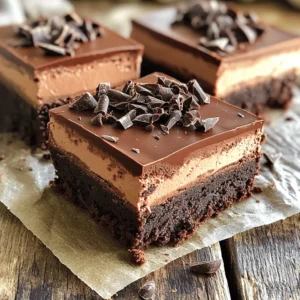 Detailed Ingredients for Brownies - 1 cup unsalted butter - 2 cups granulated sugar - 4 large eggs - 1 tablespoon vanilla extract - 1 cup all-purpose flour - 1/2 cup unsweetened cocoa powder - 1/2 teaspoon salt - 2 cups semi-sweet chocolate chips Ingredients for Chocolate Mousse - 1 cup heavy cream - 2 tablespoons powdered sugar - 1 teaspoon vanilla extract (for mousse) Garnishing Ingredients - Dark chocolate shavings To make these layered chocolate mousse brownies, you need simple ingredients. Each one adds a unique flavor. The butter makes the brownies rich. The sugar gives them sweetness. Eggs help bind everything together. Vanilla adds a lovely touch. The flour and cocoa powder create the brownie base. For the mousse, heavy cream makes it light. Powdered sugar sweetens it up. The vanilla extract in the mousse gives it a nice flavor boost. Finally, dark chocolate shavings make a beautiful garnish. They add an extra chocolate kick. This combination makes every bite a delight. You can find the complete recipe [Full Recipe] here. First, set your oven to 350°F (175°C). This step ensures even baking. Grease a 9x13-inch baking pan with butter. You can also line it with parchment paper. Parchment helps the brownies come out easily. In a medium saucepan, melt the butter over low heat. After it melts, take it off the heat. Stir in the granulated sugar until it blends well. Next, add the eggs, one at a time. Mix well after each egg. Then, add in the vanilla extract. In another bowl, mix the flour, cocoa powder, and salt. Slowly fold the dry mix into the wet ingredients. Be gentle to keep the batter fluffy. Finally, fold in the chocolate chips for that gooey texture. Pour the batter into the prepared pan and spread it evenly. Now, bake your brownies for 20-25 minutes. Check if a toothpick comes out slightly moist but no wet batter remains. Once baked, let the brownies cool completely in the pan. This cooling step is key for a great mousse layer. While the brownies cool, prepare the mousse. In a medium bowl, beat the heavy cream with powdered sugar and vanilla extract. Beat until stiff peaks form. This step adds lightness to your mousse. Take half of the whipped cream and gently fold it into the melted chocolate. Make sure the chocolate is cool first. This helps mix the chocolate without losing air. Then, fold in the rest of the whipped cream. This creates a light, airy texture. Once your brownies are cooled, it's time to add the mousse. Spread a generous layer of chocolate mousse over the brownies. Use a spatula to smooth it out. Afterward, refrigerate the layered brownies for at least 2 hours. This allows the mousse to set and gives you that perfect slice. Refer to the Full Recipe for more details on the ingredients and steps. Ensuring Proper Mixing Mixing is key to great brownies. Start with melted butter and sugar. Stir well until smooth. Then, add eggs one at a time. This keeps the mix creamy. Fold in the dry ingredients gently. Over-mixing can make brownies tough. Aim for a smooth batter with some lumps of flour. Baking Time Adjustments Baking times can vary. Always check the brownies after 20 minutes. Insert a toothpick into the center. If it comes out with a few moist crumbs, they're done. If it has wet batter, they need more time. Let them cool in the pan for perfect texture. Tips for Light and Fluffy Mousse For a light mousse, start with cold cream. Beat it until stiff peaks form. Gently fold in melted chocolate. Don’t stir too hard; you want air in the mousse. This keeps it fluffy and light. Serving Temperature Recommendations Serve the mousse cold. After chilling, it firms up nicely. Cut the brownies into squares after they chill for two hours. The mousse layer will set well, making each bite a delight. Enjoy these treats chilled for the best taste! For the full recipe, check the details above. {{image_2}} Adding Flavored Extracts You can boost the taste of your brownies with flavored extracts. Try almond, mint, or orange. Add just a teaspoon for a nice twist. These flavors mix well with chocolate. They bring out a rich, bold taste. Incorporating Different Chocolate Types Switching chocolate types can change the whole dessert. Use milk chocolate for a sweeter brownie or dark chocolate for a richer flavor. You could even mix different types for depth. This adds a fun layer of taste in every bite. Gluten-Free Options Making gluten-free brownies is simple. Swap all-purpose flour with almond or coconut flour. The texture might change slightly, but the taste stays great. You can also use gluten-free baking mixes, which work well. Substituting Ingredients for Vegan Version To make these brownies vegan, replace eggs with flaxseed meal or applesauce. Use plant-based butter instead of regular butter. For the mousse, substitute heavy cream with coconut cream. This keeps the dessert creamy and delicious while being plant-friendly. For more details, check the Full Recipe to create your perfect layered chocolate mousse brownies! Refrigeration Guidelines Once your layered chocolate mousse brownies are made, store them in the fridge. Use an airtight container to keep them fresh. This helps maintain the rich texture of the mousse and the softness of the brownies. Make sure they are completely cooled before storing. They can stay fresh for up to a week in the fridge. Freezing Brownies and Mousse You can freeze these brownies for later enjoyment. First, cut them into squares. Wrap each piece in plastic wrap. Then, place them in a freezer-safe bag or container. This prevents freezer burn. They can last in the freezer for about three months. Thaw them in the fridge before serving. This keeps the mousse from becoming too soft. How Long Do Layered Chocolate Mousse Brownies Last? Layered chocolate mousse brownies last about 5 to 7 days in the fridge. If frozen, they last about three months. Always check for freshness before eating. Signs of Spoilage Look for changes in texture or smell. If the mousse looks watery or the brownies feel hard, it’s time to toss them. Foul odors or mold are also clear signs that they have gone bad. Enjoy them fresh for the best taste! Can I make these brownies ahead of time? Yes, you can make these brownies ahead of time. Bake them a day before. Once cooled, cover them tightly. This keeps them fresh. You can add mousse the next day. Just remember to refrigerate them until serving. What chocolate should I use for the mousse? Use semi-sweet chocolate for a balanced taste. It adds a rich flavor. Dark chocolate works too if you want it more intense. Make sure to melt the chocolate gently. This helps keep it smooth. How do I make the brownies fudgier? To make fudgier brownies, add an extra egg. You can also reduce the baking time. Check them a few minutes early. Less time means more moisture. Try using less flour as well for a denser texture. What if my brownies are too dry? If your brownies are dry, check your oven temperature. An oven that is too hot can dry them out. You can also add a bit of melted butter or cream. This will help bring back moisture. How to fix runny mousse? If your mousse is runny, make sure your cream is whipped stiff. You can beat it a bit longer. If it's still runny, chill it for a while. This gives it time to set. If needed, you can fold in more melted chocolate to thicken it. In this post, we covered how to make layered chocolate mousse brownies. We looked at the key ingredients, including those for garnishing. Then, I guided you step-by-step through baking the brownies and making the mousse. Tips helped you achieve the best texture and serving experiences. Lastly, I shared variations and storage tips. Enjoy making and sharing this dessert. It’s fun, delicious, and sure to impress!