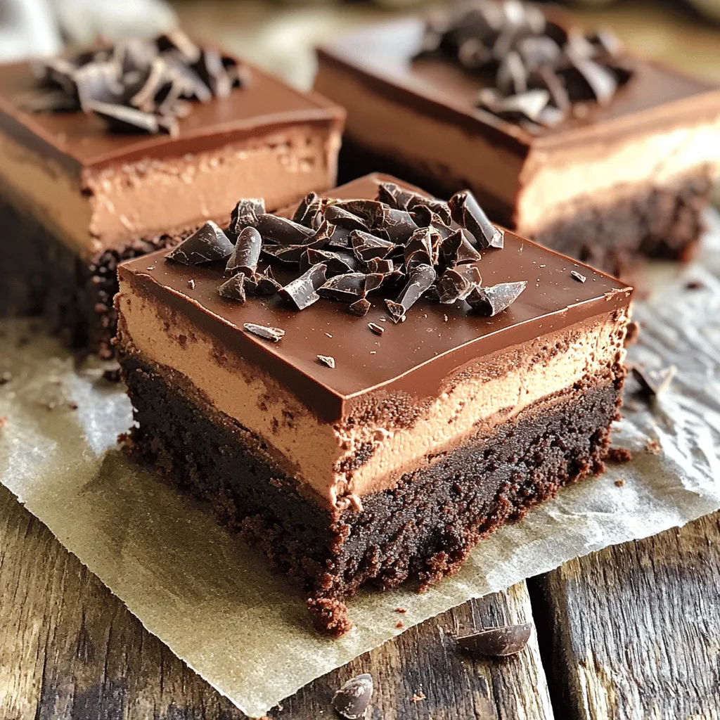Detailed Ingredients for Brownies - 1 cup unsalted butter - 2 cups granulated sugar - 4 large eggs - 1 tablespoon vanilla extract - 1 cup all-purpose flour - 1/2 cup unsweetened cocoa powder - 1/2 teaspoon salt - 2 cups semi-sweet chocolate chips Ingredients for Chocolate Mousse - 1 cup heavy cream - 2 tablespoons powdered sugar - 1 teaspoon vanilla extract (for mousse) Garnishing Ingredients - Dark chocolate shavings To make these layered chocolate mousse brownies, you need simple ingredients. Each one adds a unique flavor. The butter makes the brownies rich. The sugar gives them sweetness. Eggs help bind everything together. Vanilla adds a lovely touch. The flour and cocoa powder create the brownie base. For the mousse, heavy cream makes it light. Powdered sugar sweetens it up. The vanilla extract in the mousse gives it a nice flavor boost. Finally, dark chocolate shavings make a beautiful garnish. They add an extra chocolate kick. This combination makes every bite a delight. You can find the complete recipe [Full Recipe] here. First, set your oven to 350°F (175°C). This step ensures even baking. Grease a 9x13-inch baking pan with butter. You can also line it with parchment paper. Parchment helps the brownies come out easily. In a medium saucepan, melt the butter over low heat. After it melts, take it off the heat. Stir in the granulated sugar until it blends well. Next, add the eggs, one at a time. Mix well after each egg. Then, add in the vanilla extract. In another bowl, mix the flour, cocoa powder, and salt. Slowly fold the dry mix into the wet ingredients. Be gentle to keep the batter fluffy. Finally, fold in the chocolate chips for that gooey texture. Pour the batter into the prepared pan and spread it evenly. Now, bake your brownies for 20-25 minutes. Check if a toothpick comes out slightly moist but no wet batter remains. Once baked, let the brownies cool completely in the pan. This cooling step is key for a great mousse layer. While the brownies cool, prepare the mousse. In a medium bowl, beat the heavy cream with powdered sugar and vanilla extract. Beat until stiff peaks form. This step adds lightness to your mousse. Take half of the whipped cream and gently fold it into the melted chocolate. Make sure the chocolate is cool first. This helps mix the chocolate without losing air. Then, fold in the rest of the whipped cream. This creates a light, airy texture. Once your brownies are cooled, it's time to add the mousse. Spread a generous layer of chocolate mousse over the brownies. Use a spatula to smooth it out. Afterward, refrigerate the layered brownies for at least 2 hours. This allows the mousse to set and gives you that perfect slice. Refer to the Full Recipe for more details on the ingredients and steps. Ensuring Proper Mixing Mixing is key to great brownies. Start with melted butter and sugar. Stir well until smooth. Then, add eggs one at a time. This keeps the mix creamy. Fold in the dry ingredients gently. Over-mixing can make brownies tough. Aim for a smooth batter with some lumps of flour. Baking Time Adjustments Baking times can vary. Always check the brownies after 20 minutes. Insert a toothpick into the center. If it comes out with a few moist crumbs, they're done. If it has wet batter, they need more time. Let them cool in the pan for perfect texture. Tips for Light and Fluffy Mousse For a light mousse, start with cold cream. Beat it until stiff peaks form. Gently fold in melted chocolate. Don’t stir too hard; you want air in the mousse. This keeps it fluffy and light. Serving Temperature Recommendations Serve the mousse cold. After chilling, it firms up nicely. Cut the brownies into squares after they chill for two hours. The mousse layer will set well, making each bite a delight. Enjoy these treats chilled for the best taste! For the full recipe, check the details above. {{image_2}} Adding Flavored Extracts You can boost the taste of your brownies with flavored extracts. Try almond, mint, or orange. Add just a teaspoon for a nice twist. These flavors mix well with chocolate. They bring out a rich, bold taste. Incorporating Different Chocolate Types Switching chocolate types can change the whole dessert. Use milk chocolate for a sweeter brownie or dark chocolate for a richer flavor. You could even mix different types for depth. This adds a fun layer of taste in every bite. Gluten-Free Options Making gluten-free brownies is simple. Swap all-purpose flour with almond or coconut flour. The texture might change slightly, but the taste stays great. You can also use gluten-free baking mixes, which work well. Substituting Ingredients for Vegan Version To make these brownies vegan, replace eggs with flaxseed meal or applesauce. Use plant-based butter instead of regular butter. For the mousse, substitute heavy cream with coconut cream. This keeps the dessert creamy and delicious while being plant-friendly. For more details, check the Full Recipe to create your perfect layered chocolate mousse brownies! Refrigeration Guidelines Once your layered chocolate mousse brownies are made, store them in the fridge. Use an airtight container to keep them fresh. This helps maintain the rich texture of the mousse and the softness of the brownies. Make sure they are completely cooled before storing. They can stay fresh for up to a week in the fridge. Freezing Brownies and Mousse You can freeze these brownies for later enjoyment. First, cut them into squares. Wrap each piece in plastic wrap. Then, place them in a freezer-safe bag or container. This prevents freezer burn. They can last in the freezer for about three months. Thaw them in the fridge before serving. This keeps the mousse from becoming too soft. How Long Do Layered Chocolate Mousse Brownies Last? Layered chocolate mousse brownies last about 5 to 7 days in the fridge. If frozen, they last about three months. Always check for freshness before eating. Signs of Spoilage Look for changes in texture or smell. If the mousse looks watery or the brownies feel hard, it’s time to toss them. Foul odors or mold are also clear signs that they have gone bad. Enjoy them fresh for the best taste! Can I make these brownies ahead of time? Yes, you can make these brownies ahead of time. Bake them a day before. Once cooled, cover them tightly. This keeps them fresh. You can add mousse the next day. Just remember to refrigerate them until serving. What chocolate should I use for the mousse? Use semi-sweet chocolate for a balanced taste. It adds a rich flavor. Dark chocolate works too if you want it more intense. Make sure to melt the chocolate gently. This helps keep it smooth. How do I make the brownies fudgier? To make fudgier brownies, add an extra egg. You can also reduce the baking time. Check them a few minutes early. Less time means more moisture. Try using less flour as well for a denser texture. What if my brownies are too dry? If your brownies are dry, check your oven temperature. An oven that is too hot can dry them out. You can also add a bit of melted butter or cream. This will help bring back moisture. How to fix runny mousse? If your mousse is runny, make sure your cream is whipped stiff. You can beat it a bit longer. If it's still runny, chill it for a while. This gives it time to set. If needed, you can fold in more melted chocolate to thicken it. In this post, we covered how to make layered chocolate mousse brownies. We looked at the key ingredients, including those for garnishing. Then, I guided you step-by-step through baking the brownies and making the mousse. Tips helped you achieve the best texture and serving experiences. Lastly, I shared variations and storage tips. Enjoy making and sharing this dessert. It’s fun, delicious, and sure to impress!
