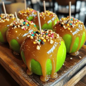 To make gourmet caramel apples, you need just a few simple items. Here’s what you will need: - 4 medium-sized Granny Smith apples - 2 cups granulated sugar - 1 cup light corn syrup - 1/2 cup unsalted butter - 1 cup sweetened condensed milk - 1 teaspoon vanilla extract - 1/2 teaspoon salt - Optional toppings: crushed nuts, mini chocolate chips, sprinkles, or shredded coconut - Popsicle sticks Choosing the right apple is key for a great caramel apple. I love Granny Smith apples for their tartness. Their firm texture holds up well against the warm caramel. They also create a nice balance with the sweet caramel. If you want a sweeter bite, you might try Fuji or Honeycrisp apples. These varieties add a lovely sweetness that pairs well with the rich caramel. Toppings can elevate your caramel apples from simple to stunning. Here are some fun ideas to try: - Crushed nuts add crunch and flavor. - Mini chocolate chips give a sweet twist. - Colorful sprinkles can make the apples festive. - Shredded coconut offers a tropical touch. Feel free to mix and match these toppings to create your unique caramel apple! For the full recipe, see the detailed instructions above. To start, you need to prepare your apples. Choose four medium-sized Granny Smith apples for the best taste. Wash each apple well to remove any dust or wax. Use a paper towel to dry them completely. This step is key for the caramel to stick. Now, insert a popsicle stick into the top of each apple. This makes them easy to hold while you dip them in caramel. Next, line a baking sheet with parchment paper. This will catch any drips and help the apples cool. Now, it’s time to cook the caramel. In a medium-sized saucepan, mix two cups of granulated sugar, one cup of light corn syrup, and half a cup of unsalted butter. Add one cup of sweetened condensed milk. Stir the mix over medium heat until it boils. Keep stirring for about five to seven minutes. You want the caramel to turn a deep golden color. This is when it reaches the right flavor and texture. After that, remove it from the heat. Stir in one teaspoon of vanilla extract and half a teaspoon of salt. Be careful, as it may bubble when you add the vanilla. Now for the fun part! Dip each apple into the warm caramel. Make sure to swirl it around for an even coat. Let any extra caramel drip off before placing the apple on the baking sheet. While the caramel is still warm, add toppings if you want. You can use crushed nuts, mini chocolate chips, sprinkles, or shredded coconut. This adds a nice touch and makes each apple unique. Once you have dipped all your apples, let them cool for about 30 minutes. This allows the caramel to set. Enjoy your gourmet caramel apples! For a full recipe, check out the recipe section above. When making caramel apples, avoid these common slip-ups: - Not drying the apples: Always wash and dry your apples well. Any moisture can stop the caramel from sticking. - Skipping the popsicle sticks: They make it easy to dip and eat your apples. Don't forget them! - Overheating the caramel: Caramel can burn quickly. Watch it closely, and stir often. - Not letting the caramel cool: If you dip too soon, the caramel will slide off. Let it cool a bit before dipping. To make your caramel even tastier, try these tips: - Add spices: A pinch of cinnamon or nutmeg can bring warmth to your flavor. - Use flavored extracts: Try almond or maple extract for a unique twist. - Mix in sea salt: A sprinkle of sea salt on top enhances the sweet flavor. It creates a delightful contrast. Make your caramel apples stand out with these fun ideas: - Chop nuts: Peanuts, almonds, or pecans add crunch and flavor. Roll the caramel apples in chopped nuts right after dipping. - Chocolate drizzle: Melt some chocolate and drizzle it over the caramel for a rich touch. - Use candies: Mini chocolate chips or sprinkles can add color and fun. Just sprinkle them on while the caramel is still warm. - Coconut flakes: Shredded coconut gives a tropical twist and a nice texture. Try these tips to create gourmet caramel apples that impress everyone! For the complete recipe, check out the Full Recipe section. {{image_2}} You can choose many types of apples for your gourmet caramel apples. I love using Granny Smith apples because they are tart and crisp. Their strong taste balances well with sweet caramel. Other great choices include Honeycrisp, Fuji, or Gala. Each apple brings its own flavor and texture. Try a mix of apples for fun! You can also consider using smaller apples for bite-sized treats. Toppings can make your caramel apples more exciting. You can sprinkle crushed nuts, like peanuts or almonds, for a crunchy bite. Mini chocolate chips add sweetness and richness. Sprinkles give a fun, colorful look. Shredded coconut can add a tropical twist. You can even dip the apples in melted chocolate after the caramel sets. This adds an extra layer of flavor and style. You can enhance caramel flavor with simple infusions. Try adding cinnamon or nutmeg to your caramel mix for warmth. A splash of bourbon can give a rich, deep taste. For a fruity twist, add orange or lemon zest to the caramel. These flavors make each bite unique. Experiment and find your favorite combination. These variations will make your gourmet caramel apples stand out. For the full recipe, check the Gourmet Caramel Apples section above. To store leftover caramel apples, wrap each apple in plastic wrap. This helps keep them fresh. You can also place them in an airtight container. Make sure the container is big enough to avoid squishing the apples. Store them in the fridge for up to a week. For best freshness, eat the caramel apples within a few days. The longer you wait, the softer the caramel gets. If you notice the apples getting sticky, it’s time to enjoy them. Keep them away from moisture. This helps prevent the caramel from becoming too gooey. If your caramel apples lose their charm, you can reheat them. Place them in the microwave for a few seconds. Use a low power setting to avoid melting the apple. Keep a close eye on them to prevent overcooking. If the caramel is too hard, you can also dip the apple back into warm caramel. This gives it a fresh look and taste. For the full recipe, check the previous sections. Yes, you can use different types of sugar. Brown sugar adds a rich flavor. You can mix granulated sugar with brown sugar for depth. Each type of sugar changes the taste and texture. Just keep in mind that it might alter the final outcome slightly. To keep the caramel soft, don’t cook it too long. Follow the time in the recipe closely. You can also add a bit of cream or milk to the caramel. This will help keep it smooth and gooey. If it does harden, you can gently reheat it. Use low heat and stir often to bring it back to a dipping consistency. If your caramel is too thin, cook it a little longer. Keep stirring until it thickens up. You can also add more sugar to the mix. Just be careful to not burn it. If you want a quick fix, let it cool slightly before dipping. This will make it easier to coat the apples. You learned how to make tasty caramel apples using fresh apples and the right ingredients. Choosing your apple type is key for flavor. Adding fun toppings can make them even better. You now have step-by-step instructions to guide you. Plus, you know common mistakes to avoid and how to store any leftovers. Remember, caramel needs care to get it just right. Enjoy whipping up these treats and impress your friends!